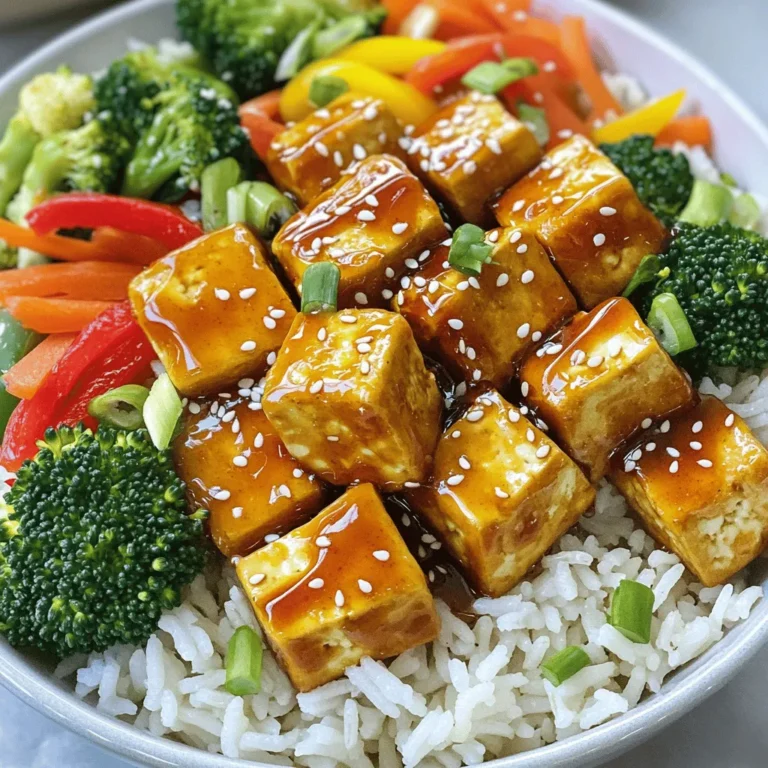 - 1 block firm tofu - 1/4 cup honey - 2 tablespoons Sriracha sauce - 2 cups cooked jasmine rice - 1 cup broccoli florets - 1 cup mixed bell peppers - 2 tablespoons cornstarch - 2 tablespoons vegetable oil - 1 teaspoon sesame oil The heart of this dish lies in its simple, yet bold ingredients. Firm tofu gives a nice texture and absorbs flavors well. Honey adds sweetness that balances the heat from Sriracha sauce. You can adjust the amount of Sriracha according to your taste. I often start with two tablespoons, but feel free to add more if you enjoy spice! Next, we need jasmine rice for a fluffy base. This rice pairs well with the sweet and spicy glaze. The broccoli florets and mixed bell peppers add color and crunch. They also provide essential nutrients, making this bowl not just tasty but healthy too. For cooking, cornstarch is crucial. It coats the tofu and creates a crispy coating when fried. The blend of vegetable oil and sesame oil enhances the dish's flavor. The vegetable oil helps fry the tofu while sesame oil gives that nutty touch. Gather these ingredients, and you’re ready to make a delicious meal that is satisfying and fun to eat! - Start with a block of firm tofu. - Drain and press it to remove extra water. - Cut the tofu into 1-inch cubes. - Place the cubes in a bowl and coat them with 2 tablespoons of cornstarch. - This coating helps create a crispy texture when cooked. - Heat a large skillet over medium heat. - Add 2 tablespoons of vegetable oil and 1 teaspoon of sesame oil. - Once the oil is hot, carefully add the tofu cubes in a single layer. - Cook each side for about 3-4 minutes. - Look for a golden brown color and crisp texture. - Remove the tofu from the skillet and set it aside. - In a small bowl, mix together 1/4 cup of honey and 2 tablespoons of Sriracha sauce. - Add 1 tablespoon of soy sauce and 1 tablespoon of rice vinegar to the mix. - Whisk until you have a smooth glaze. - Taste it and adjust the spice level to fit your liking. - In the same skillet, add 1 cup of broccoli florets and 1 cup of sliced bell peppers. - Stir-fry for about 4-5 minutes until they are tender but still crisp. - Next, add 1/2 cup of shredded carrots. - Stir for another minute to warm them up. - Carefully add the crispy tofu back into the skillet. - Pour the honey-Sriracha sauce over the tofu and vegetables. - Gently toss everything together to coat evenly. - Cook for an additional 2-3 minutes to meld the flavors. - Evenly distribute 2 cups of cooked jasmine rice among serving bowls. - Top each bowl with the tofu and vegetable mixture. - Finally, garnish with chopped green onions and sesame seeds. - Serve hot and enjoy the sweet and spicy flavors! To get that perfect crispy tofu, start by properly drying it. After draining, press the tofu to remove excess moisture. This step makes a big difference. Next, cut the tofu into 1-inch cubes and coat them in cornstarch. Cornstarch gives a nice crunch when cooked. When cooking, avoid overcrowding the skillet. If you add too much tofu at once, it will steam instead of fry. Fry in batches if needed. This way, your tofu will be golden brown and crispy on all sides. Do you prefer less heat? You can easily adjust the spice level in this dish. Start with less Sriracha in the sauce. You can even replace some of the Sriracha with honey for a sweeter taste. Adding other flavors can also help. Try mixing in a bit of lime juice or adding sweet chili sauce. These can balance the heat while still keeping the dish tasty. To make your dish even more flavorful, consider adding garlic or ginger. These ingredients bring a warm, aromatic touch to the sauce. You can add minced garlic when you mix the sauce or toss in fresh ginger when you stir-fry the veggies. If you want to switch things up, use alternative sauces. For example, teriyaki sauce can add a different twist. You can also try hoisin sauce for a sweet and savory flavor. Play around with flavors to find what you enjoy best! {{image_4}} For a tasty twist, think about meat alternatives. You can use tempeh or seitan in place of tofu. These options add protein and texture. If you want a vegan dish, use maple syrup instead of honey. This swap keeps that sweet flavor while staying plant-based. You can also try agave nectar as a sweetener. You can add more veggies to your bowl for extra color and taste. Spinach, snap peas, or zucchini work well. Try seasonal vegetables like asparagus in spring or butternut squash in fall. Each season brings different flavors and nutrients, so mix it up! Pair your Honey Sriracha Glazed Tofu Bowls with a fresh salad. A simple cucumber salad or a crunchy slaw adds a nice touch. For extra flavor, drizzle with a tangy dressing like sesame ginger. You can also serve it with a side of steamed edamame for a protein boost. To keep your Honey Sriracha Glazed Tofu Bowls fresh, store leftovers in an airtight container. Place the tofu and veggies in the fridge within two hours of cooking. This helps avoid bacteria growth. The dish stays good for about three days. After that, the tofu may lose its crispness and flavor. To reheat, use a skillet for the best results. Heat over medium until warm. This keeps the tofu crispy. You can also microwave, but be careful. Microwaving may make the tofu soft. For rice, add a splash of water and cover it. Heat for one to two minutes, stirring halfway. This helps the rice stay fluffy. For easy meal assembly, prep ingredients ahead of time. Cut the tofu and veggies and store them separately. You can even mix the sauce early. When you’re ready to cook, it will take less time. Just stir-fry the veggies and tofu, then add the sauce. This way, you get a quick, tasty meal any night! I recommend using firm or extra-firm tofu for this dish. Firm tofu holds its shape well during cooking. It absorbs the honey Sriracha sauce nicely, giving you great flavor. Extra-firm tofu is even denser and offers a crispier texture when cooked. Both options will work, but if you prefer more bite, stick with extra-firm tofu. Yes, you can easily make this dish gluten-free. Simply swap regular soy sauce for a gluten-free version, such as tamari. This change keeps the flavor while ensuring it fits a gluten-free diet. Check labels carefully, as some brands add extra ingredients that may contain gluten. If you want more heat, here are some tips: - Increase the amount of Sriracha in the sauce. - Add red pepper flakes when cooking the tofu. - Toss in some sliced fresh chilies with the vegetables. Each option boosts the spice level, helping you find the right balance for your taste. This dish pairs well with many sides. Consider serving it with: - Steamed edamame for a protein boost. - A fresh cucumber salad for cool crunch. - Roasted sweet potatoes for sweetness. These sides complement the sweet and spicy flavors of the tofu bowls perfectly. This blog post covered how to make tasty Honey Sriracha Glazed Tofu Bowls. We discussed key ingredients like firm tofu, honey, and Sriracha sauce. I shared step-by-step instructions for preparing, cooking, and assembling the dish. You learned tips to keep tofu crispy and ideas for adding extra flavors. Finally, I offered storage advice and answered common questions. With these guidelines, you can create a delicious meal that everyone will enjoy. Happy cooking!