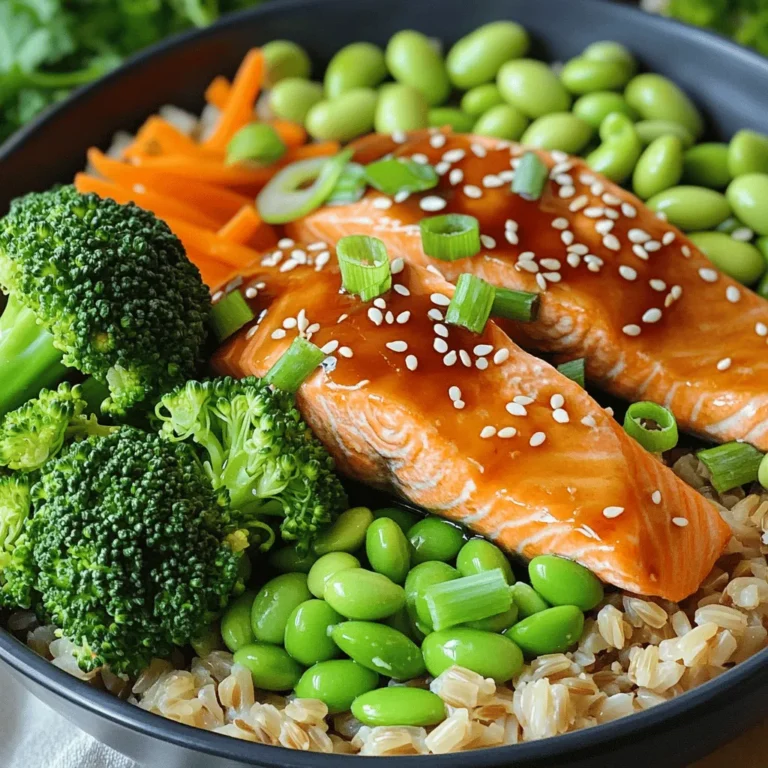 To make teriyaki salmon bowls, you'll need these key ingredients: - 2 fresh salmon fillets - 1 cup brown rice - 1/4 cup low-sodium soy sauce - 2 tablespoons honey or maple syrup - 1 tablespoon rice vinegar - 1 tablespoon sesame oil - 1 teaspoon fresh ginger, minced - 1 teaspoon garlic, minced - 1 cup broccoli florets - 1 carrot, julienned - 1/2 cup shelled edamame - 2 green onions, finely sliced - Sesame seeds for garnish - Salt and pepper to taste These ingredients come together to create a flavorful and healthy meal. You can enhance your teriyaki salmon bowls with these optional ingredients: - Lime wedges for a zesty kick - Avocado slices for creaminess - Red pepper flakes for heat - Peanuts for extra crunch Adding these options can make your dish even more exciting and tailored to your taste. Let’s break down the nutrition of some main ingredients: - Salmon: Rich in omega-3 fatty acids, which support heart health. - Brown Rice: High in fiber, offering sustained energy and aiding digestion. - Broccoli: Packed with vitamins C and K, great for immune support. - Edamame: A good source of protein and healthy fats. These ingredients not only taste great but also provide a balanced mix of nutrients. Enjoying this meal gives you comfort and nourishment. To make the marinade, grab a small bowl. Whisk together 1/4 cup of low-sodium soy sauce, 2 tablespoons of honey or maple syrup, 1 tablespoon of rice vinegar, and 1 tablespoon of sesame oil. Add 1 teaspoon of minced ginger and 1 teaspoon of minced garlic. Mix it all well. This rich blend will give your salmon that sweet and savory teriyaki flavor. Now, take your 2 fresh salmon fillets and place them in a shallow dish. Make sure they have space around them. Pour half of your marinade over the salmon. Turn the fillets gently to coat them well. Cover the dish and let the salmon marinate for at least 20 minutes. This time allows the fish to soak up the yummy flavors. While the salmon marinates, rinse 1 cup of brown rice under cold water. This will help remove the extra starch. In a medium pot, combine the rinsed rice with 2 cups of water and a pinch of salt. Bring the pot to a boil. Then, lower the heat, cover it, and let it simmer for about 40-45 minutes. Once the rice is done, fluff it with a fork to separate the grains. While the rice cooks, it’s time to prepare your veggies. Take 1 cup of broccoli florets and 1 julienned carrot. You can steam them in a steamer basket or microwave them with a bit of water. Steam for about 5-7 minutes until they are tender but still crisp. This will keep their bright colors and nutrients. Next, heat a non-stick skillet over medium-high heat. Carefully take the salmon out of the marinade. Let any extra marinade drip off. Place the fillets skin-side down in the hot skillet. Cook them for about 4-5 minutes. Then, flip the fillets and brush them with the rest of the marinade. Cook for another 3-4 minutes until the salmon is fully cooked and flakes easily. Now comes the fun part—putting it all together! Start with a generous serving of brown rice as the base in each bowl. On top of the rice, place pieces of the cooked salmon. Next, add the steamed broccoli, carrots, and shelled edamame. For a final touch, sprinkle sliced green onions and sesame seeds on top. This adds a nice crunch and makes your dish look amazing. To get the best flavor, marinate your salmon well. Use a shallow dish to help the marinade cover the fish fully. Pour half of the teriyaki mix over the fillets. Turn them gently to coat. Let them marinate for at least 20 minutes. For a stronger taste, marinate for up to one hour. This helps the flavors soak in. Always keep salmon in the fridge while it marinates. Cooking brown rice is simple but needs attention. Start by rinsing the rice under cold water. This removes extra starch and helps it cook better. Use a pot with a lid. For one cup of rice, add two cups of water and a pinch of salt. Bring it to a boil, then reduce the heat. Cover and let it simmer for 40-45 minutes. When done, fluff the rice with a fork to separate the grains. For the best texture, steam your vegetables. Steaming keeps them bright and crisp. Use a steamer basket or a microwave. Steam broccoli and carrots for about 5-7 minutes. They should be tender but still have a little crunch. This way, they add a nice bite to your bowl. Make your bowl look great! Start with a layer of fluffy brown rice. Place the salmon on top, then add your steamed veggies. A sprinkle of green onions adds color. Finish with sesame seeds for crunch. You can drizzle more teriyaki sauce on top for extra flavor. Serve with a lime wedge for a fresh kick. {{image_4}} If you want to switch things up, try different proteins. Chicken is a great choice. Use boneless thighs or breasts. They soak up the teriyaki sauce well. Tofu is another option. Firm tofu can absorb flavors and grill nicely. Shrimp is also tasty. Just cook them until they turn pink and opaque. Brown rice is classic, but many grains work here. Quinoa offers a nutty taste and cooks quickly. It is high in protein too. Farro adds a chewy texture and is very filling. You could also use white rice if you prefer a softer bite. Cauliflower rice is a low-carb choice and adds a nice lightness. To make this dish vegan, swap the salmon for tofu or tempeh. Marinate it just like the salmon for great flavor. Use maple syrup instead of honey for sweetness. For a boost in protein, add chickpeas or lentils. You can still enjoy all the veggies like broccoli and carrots for crunch and color. To keep your teriyaki salmon bowls fresh, store leftovers in airtight containers. Make sure to separate the salmon, rice, and veggies to keep the textures intact. They will stay good in the fridge for up to three days. If you want to keep them longer, you can freeze them. Just be aware that freezing may change the texture of the salmon slightly. When it's time to eat your leftovers, reheat them gently. You can use the microwave, but I recommend using a skillet for the best flavor. Heat the salmon on low for about 3-4 minutes, flipping it halfway. This method keeps the fish moist and delicious. If you use the microwave, heat in short bursts, stirring in between. For busy days, you can prep the teriyaki salmon bowls in advance. Cook the rice and steam the vegetables, then store them in separate containers. You can also marinate the salmon ahead of time. Just remember to cook it fresh when you’re ready to eat. This way, you have a quick, healthy meal ready to go. You should marinate the salmon for at least 20 minutes. This gives the fish time to soak up all the tasty flavors. If you have more time, you can marinate it for up to an hour. Just remember to keep it in the fridge while it marinates to stay fresh. Yes, you can use regular soy sauce. Just keep in mind that regular soy sauce is saltier. You may want to adjust the amount based on your taste. Using low-sodium soy sauce helps control the salt level, making the dish healthier. Teriyaki salmon bowls are great on their own, but you can add more sides. Some good options include: - Steamed green beans - Roasted sweet potatoes - Cucumber salad - Miso soup These sides complement the flavors and add more nutrition to your meal. To make this dish gluten-free, simply swap out the soy sauce for tamari. Tamari is a gluten-free soy sauce option. Always check the labels to ensure no hidden gluten is present in other ingredients like rice vinegar or sesame oil. Enjoy your gluten-free teriyaki salmon bowl! Teriyaki salmon bowls are delicious and healthy. In this blog, I covered the key ingredients, step-by-step cooking instructions, and helpful tips. You learned how to marinate salmon and cook brown rice perfectly. There are also easy variations and storage tips for leftovers. Remember, you can customize this dish to fit your taste. Enjoy making teriyaki salmon bowls that impress friends and family! Keep experimenting with flavors to make it your own. Happy cooking!