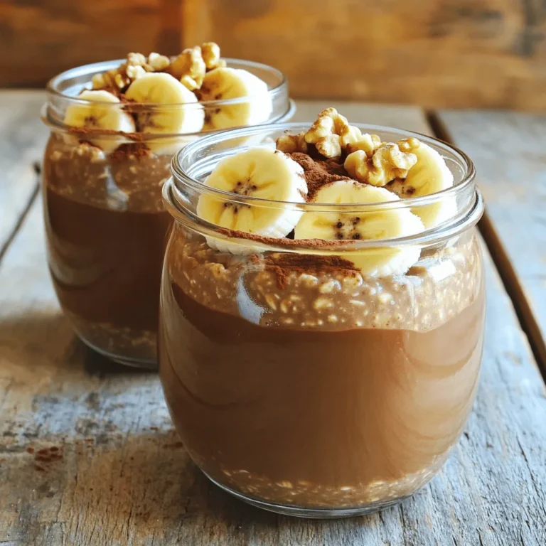 To make high-protein mocha overnight oats, you need the following ingredients: - 1 cup rolled oats - 2 cups unsweetened almond milk - 1 scoop chocolate or mocha protein powder - 2 tablespoons unsweetened cocoa powder - 1 tablespoon chia seeds - 1 tablespoon maple syrup - 1 teaspoon instant coffee granules - 1/2 teaspoon pure vanilla extract - A pinch of fine salt - Optional toppings: sliced bananas, crushed walnuts, ground cinnamon These ingredients are simple yet powerful. The rolled oats provide fiber and energy. Almond milk keeps it light and creamy. The protein powder boosts your protein intake, which is great for muscle repair. Cocoa powder adds rich chocolate flavor. Chia seeds thicken the mix and add healthy fats. Maple syrup sweetens it naturally, while coffee granules give that mocha kick. Vanilla and salt enhance all the flavors. Feel free to get creative with the toppings! Sliced bananas add sweetness. Crushed walnuts give a nice crunch. A sprinkle of ground cinnamon can elevate the taste. Enjoy this nourishing breakfast that keeps you full and satisfied! 1. Mixing the ingredients In a mixing bowl, start by adding: - 1 cup rolled oats - 2 cups unsweetened almond milk - 1 scoop chocolate or mocha protein powder - 2 tablespoons unsweetened cocoa powder - 1 tablespoon chia seeds - 1 tablespoon maple syrup - 1 teaspoon instant coffee granules - 1/2 teaspoon pure vanilla extract - A pinch of fine salt Use a whisk to blend everything well. Make sure the protein powder and cocoa mix in fully. This step is key for a smooth texture. 2. Dividing into jars Once mixed, evenly divide the mixture into two jars or lidded containers. This ensures you have equal servings for each breakfast. 3. Refrigeration Secure the lids on the jars. Place them in the refrigerator overnight, or for at least 4 hours. This allows the oats to soak up the liquid and become creamy. - Ideal storage conditions Store your jars in the fridge. Keeping them cool helps maintain freshness and texture. - Best practices for freshness Always use airtight containers. This keeps out air and other smells from the fridge. Consume within 3-4 days for the best taste. - How to serve your oats When ready to eat, take the jar out and stir it well. If it looks too thick, add a splash of almond milk for a creamier consistency. - Combining with additional toppings Top your oats with optional sliced bananas, crushed walnuts, or a sprinkle of ground cinnamon. These add extra flavor and texture. Enjoy your tasty breakfast! You can easily change the sweetness with maple syrup. Start with one tablespoon and taste. If you want it sweeter, add more. For milk, you can use any type you like. Almond milk is great, but oat milk or soy milk works too. Just stick to unsweetened to keep the flavor balanced. Mixing well is key. Use a whisk or spoon to blend everything. Make sure the protein powder and cocoa are not clumpy. Before serving, check the consistency. If it looks thick, add a splash of milk. Stir well to blend it all again. You can store multiple servings in jars. Just divide the oats into containers. Seal them well and keep them in the fridge. For time-saving, prep these oats on a Sunday night. You’ll have breakfast ready for the week! {{image_4}} You can easily change the flavor of your mocha overnight oats. Here are some fun ideas: - Adding different fruits: Try adding sliced strawberries, blueberries, or apples. Fruits bring freshness and sweetness. You can mix them in or add them as a topping. - Using flavored protein powders: If you want a twist, use vanilla or caramel protein powder. It changes the taste and adds more fun to your breakfast. Making these oats fit your diet is simple. Here’s how: - Making it vegan-friendly: Just swap almond milk for any plant-based milk. Use maple syrup instead of honey to keep it vegan. - Gluten-free options: Use certified gluten-free oats. This ensures you avoid any gluten while still enjoying your tasty dish. Sweeteners can change your oatmeal’s taste. Here’s what you can try: - Comparing natural sweeteners: Besides maple syrup, you can use honey or agave. Each gives a different flavor and sweetness level. - Using sugar-free options: If you want to skip sugar, use stevia or monk fruit sweetener. They keep your oats sweet without extra calories. Overnight oats are best stored in the fridge. They can last up to five days. Check for signs of spoilage before eating. If you see mold or smell something off, throw them away. Fresh oats should smell like cocoa and coffee. You can freeze overnight oats for later. Use freezer-safe jars to avoid spills. Leave some space at the top, as they will expand. When ready to eat, transfer to the fridge overnight to defrost. You can also microwave them for a quick meal. Use airtight containers for storing your oats. Glass or plastic works well. Keep your fridge organized by labeling jars with dates. This helps you eat fresh meals and avoid waste. Store toppings separately to maintain crunchiness. You can store overnight oats in the fridge for up to five days. After that, they may lose texture and flavor. Keep them in airtight containers to stay fresh. Always check for any signs of spoilage before eating. Yes, you can use water instead of milk. However, using water will make your oats less creamy. If you want a richer taste, stick with milk or plant-based milk like almond milk. You can use Greek yogurt or cottage cheese as a substitute for protein powder. Both add creaminess and protein. You could also use nut butter for a different flavor and texture. It is not safe to eat overnight oats after a week. They can spoil and may not taste good. Stick to the five-day rule for best quality and safety. Always trust your senses when deciding to eat food. You now have a complete guide for making delicious overnight oats. We covered ingredients, preparation steps, and how to store them. I shared tips for customizing flavors and achieving the best texture. Remember to keep your storage conditions right for maximum freshness. Try different fruits or sweeteners to find what you love. With these details, you can make tasty meals ahead of time and enjoy healthy breakfasts. Get started, and make the most of your mornings!