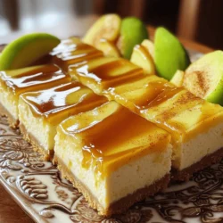 - 1 ½ cups graham cracker crumbs - 1/4 cup granulated sugar - 1/3 cup unsalted butter, melted - 2 (8 oz) packages cream cheese, softened at room temperature - 1 cup granulated sugar - 1 teaspoon vanilla extract - 2 large eggs, at room temperature - 2 medium apples, peeled, cored, and diced - 1 teaspoon ground cinnamon - 1/4 cup caramel sauce (plus extra for drizzling) - A pinch of salt To make these caramel apple cheesecake bars, start with simple ingredients. You need graham cracker crumbs for the crust. Mixing them with sugar and melted butter gives a delightful base. Next, cream cheese is key for the filling. Use two packages, softened to room temp for smooth mixing. You will also add sugar, vanilla, and two eggs for a rich taste. Don't forget the apples! Peel and dice two medium ones. I like Granny Smith or Honeycrisp for their crispness and flavor. A sprinkle of cinnamon adds warmth and spice. Lastly, a touch of caramel sauce brings sweetness. Make sure to reserve some for drizzling on top! A pinch of salt rounds out the flavors perfectly. With these ingredients, you set the stage for a delicious dessert. - Preheat your oven to 325°F (163°C). - Line an 8x8-inch baking pan with parchment paper. - Combine graham cracker crumbs, 1/4 cup granulated sugar, and 1/3 cup melted butter. - Press the mixture into the bottom of the prepared baking pan. - Bake for 10 minutes and let it cool slightly. - Beat 2 packages of softened cream cheese until smooth. - Gradually add 1 cup of granulated sugar and mix until smooth. - Incorporate 1 teaspoon of vanilla extract and 2 large eggs, mixing well. - Gently fold in 2 diced apples and 1 teaspoon of ground cinnamon. - Add 1/4 cup of caramel sauce and a pinch of salt, mixing gently. - Pour the filling over the pre-baked crust. - Bake for 30-35 minutes until the edges are set. - Let the cheesecake cool to room temperature. - Chill in the refrigerator for at least 2 hours before serving. Using room temperature ingredients is key. It helps the cream cheese mix smoothly. This step makes the filling creamy and rich. Always take your eggs and cream cheese out ahead of time. It makes mixing easier. Also, avoid overmixing the filling. Too much mixing can add air and make the bars fluffy. You want a dense, creamy texture that holds its shape. Granny Smith and Honeycrisp apples work best for this dessert. Their tartness balances the sweet cheesecake. Granny Smith apples add a nice crunch. Honeycrisp apples bring a juicy sweetness. The texture of the apples matters too. Diced apples should be firm, not mushy. This keeps the bars from becoming too wet. Serving the bars well makes them more tempting. Arrange the cheesecake bars on a pretty platter. Add thin slices of fresh apple on top for color. A dusting of ground cinnamon adds a nice touch. For a fun twist, drizzle extra caramel sauce on each bar. You can also place small bowls of caramel on the side. This way, guests can enjoy dipping their bars! {{image_4}} You can mix in other fruits for unique flavors. Try using pears for a softer bite. Berries like raspberries or blueberries add a nice tartness. Each fruit brings its own taste and texture. Just remember to adjust the amount to keep the balance. If you need a gluten-free option, use gluten-free graham cracker crumbs. You can also use almond flour mixed with a little sugar and melted butter for the crust. This keeps the bars tasty and safe for gluten-sensitive eaters. For a lighter version, swap cream cheese with Greek yogurt. It adds creaminess but cuts calories. You can also use honey or maple syrup instead of sugar. These natural sweeteners can enhance the flavor and give a healthier twist. To keep your caramel apple cheesecake bars fresh, store them properly. First, let the bars cool completely to room temperature. Then, slice them into squares. Place the squares in an airtight container. You can also use plastic wrap to cover them tightly. This helps prevent drying out. For longer storage, freeze the bars. Wrap them well in plastic wrap or foil, then place them in a freezer bag. In the fridge, these bars will stay fresh for up to five days. They taste best when enjoyed within this time. If you freeze them, they can last up to three months. Just make sure they are well-wrapped to avoid freezer burn. When you are ready to eat them, thaw them in the fridge overnight. To enjoy your cheesecake bars warm, you can reheat them in the oven. Preheat your oven to 300°F (150°C). Place the bars on a baking sheet. Heat for about 10 to 15 minutes. This gently warms them without drying them out. If you prefer the microwave, heat them for 10 to 15 seconds. Keep an eye on them to avoid overcooking. A warm caramel drizzle on top makes them even better! Yes, you can make these bars ahead of time. I recommend preparing them one day before you plan to serve. This allows the flavors to meld and improves the taste. After baking and chilling, simply cover them tightly with plastic wrap. Store them in the refrigerator until you are ready to serve. You can use a vegan cream cheese. Brands like Tofutti or Kite Hill work well. Keep in mind that the flavor and texture may change slightly. The bars may be less creamy but still delicious. Adjust your expectations for the final taste. Both homemade and store-bought caramel sauces are great options. Homemade sauce offers a rich flavor, but it requires more time. If you’re short on time, a store-bought caramel works just fine. Look for one that has simple ingredients for the best taste. Yes, chilling is crucial for flavor and texture. It helps the bars set properly. A cool cheesecake is easier to cut and will hold its shape better. Chilling them for at least two hours ensures they taste their best. The edges should look set while the center remains slightly jiggly. This means the bars will firm up as they cool. Avoid overbaking, as this can lead to a dry texture. Trust your instincts; they will look perfect when they are ready! You can create delicious Caramel Apple Cheesecake Bars with just a few steps. We covered the ingredients, the process, and tips for the best results. Remember to use fresh apples and room temperature ingredients for great texture. Try adding other fruits or making gluten-free versions to switch things up. Store leftovers properly for enjoyment later. Baking is fun, so enjoy each bite of your tasty bars!