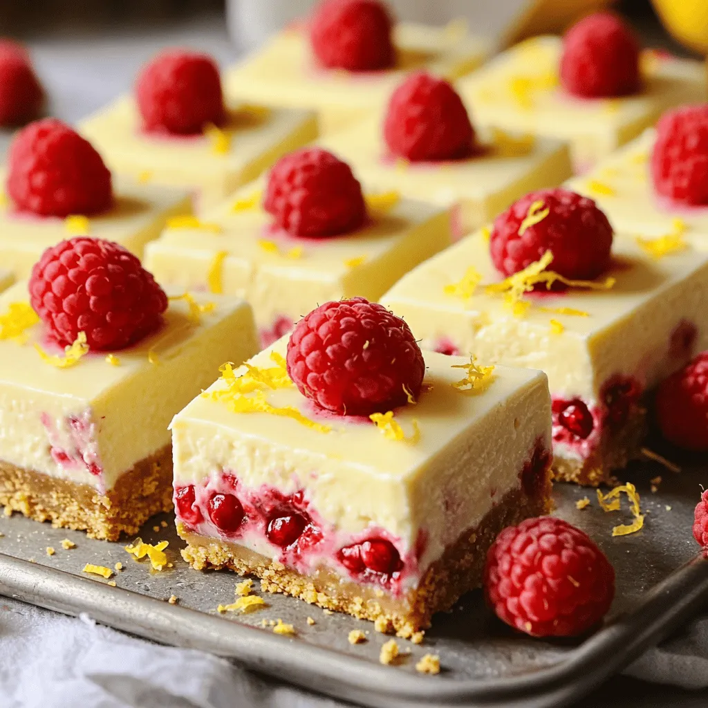- 1 ½ cups graham cracker crumbs - ½ cup unsalted butter, melted - 2 cups cream cheese, softened - 1 cup powdered sugar, sifted - 1 cup fresh raspberries (plus extra for garnish) - 1 tablespoon finely grated lemon zest - ¼ cup freshly squeezed lemon juice - 1 teaspoon pure vanilla extract - A pinch of salt - Extra fresh raspberries - Lemon zest - Raspberry sauce - Medium-sized mixing bowl - Large mixing bowl - Electric mixer - 8x8 inch baking dish - Parchment paper - Silicone spatula - Measuring cups and spoons - Plastic wrap - Cutting board To begin, grab a medium bowl. Combine 1 ½ cups of graham cracker crumbs and ½ cup of melted unsalted butter. Stir until the crumbs are moist. This mix should feel like damp sand. Line an 8x8 inch baking dish with parchment paper. Leave some paper hanging over the edges for easy removal. Press the crumb mix firmly into the bottom of the dish. Use the back of a measuring cup to make it even. Set it aside while you prepare the filling. Next, take a large mixing bowl and add 2 cups of softened cream cheese. Use an electric mixer on medium speed. Beat for about 2-3 minutes until smooth. Gradually add in 1 cup of sifted powdered sugar. Mix to prevent lumps. After that, add 1 tablespoon of lemon zest, ¼ cup of fresh lemon juice, 1 teaspoon of vanilla extract, and a pinch of salt. Keep mixing for another 2 minutes until the mix is silky. Now, gently fold in 1 cup of fresh raspberries with a silicone spatula. Be sure to keep some whole for texture and looks. Pour the creamy filling over your prepared crust. Spread it evenly with your spatula. Cover the dish with plastic wrap and place it in the fridge. Let it chill for at least 4 hours. This helps it firm up for slicing. Once ready, lift the cheesecake out using the parchment paper overhang. Place it on a cutting board and slice it into 12 bars. For a fun touch, add extra raspberries on top for color. Enjoy your delicious treat! To make the ideal crust, use fresh graham cracker crumbs. I prefer to pulse them in a food processor for a fine texture. Combine these crumbs with melted unsalted butter. Mix until every crumb is moist. Press this mixture firmly into your dish. Use the back of a measuring cup to ensure it's compact. A good crust gives the bars a solid base. For a smooth cheesecake filling, start with room-temperature cream cheese. Beat it well until it's creamy and free of lumps. Gradually add sifted powdered sugar while mixing. This prevents lumps from forming. Don't rush this step; take your time to create a silky texture. Mixing in lemon zest and juice adds a fresh flavor that brightens the filling. Gently fold in fresh raspberries last to keep some whole for texture. Presentation makes a big difference in how we enjoy food. Serve the bars on a chilled platter for a nice touch. Drizzle with raspberry sauce for added color and flavor. A sprinkle of fresh lemon zest on top enhances the visual appeal. Extra raspberries as garnish also bring freshness to each bar. This small effort elevates your no bake lemon raspberry cheesecake bars! {{image_4}} You can easily change the flavors for this cheesecake. Try using lime instead of lemon. The tangy lime pairs well with berries. You can also swap cream cheese for mascarpone for a richer taste. Add a hint of almond extract to give a new twist. Each swap can create a fresh take on this classic treat. Raspberries are great, but many berries work well here. You can use blueberries for a sweet and juicy flavor. Strawberries add a bright color and sweetness. Blackberries offer a bold taste and a fun texture. Mix berries for a colorful and tasty treat. Each berry brings its unique flavor to the bars. If you want to cut back on sugar, try using honey or maple syrup. These natural sweeteners can add a unique flavor. You can also use stevia or monk fruit for a low-calorie option. Just remember, adjust the amount based on your taste. These swaps keep the bars sweet without all the sugar. To keep your no bake lemon raspberry cheesecake bars fresh, store them in the fridge. Use an airtight container to prevent drying out. If you want to keep the bars longer, wrap them tightly in plastic wrap first. This helps lock in moisture and flavor. You can freeze these cheesecake bars if you want to save some for later. First, cut the bars into slices. Wrap each slice in plastic wrap, then place them in a freezer-safe container. They can last up to three months in the freezer. When you’re ready to enjoy, let them thaw in the fridge overnight. These cheesecake bars taste best within the first week. After that, they may start to lose their fresh flavor. Always check for any off smells or changes in texture before serving. For the best taste, serve them chilled and garnish with fresh raspberries just before serving. This keeps them looking vibrant and delicious! Yes, you can make these cheesecake bars a day ahead. This helps the flavors blend well. Just chill them for at least four hours, or overnight for best results. Store them in the fridge, covered with plastic wrap. This keeps them fresh and tasty. If you want a dairy-free option, try using cashew cream. Blend soaked cashews with a little lemon juice and maple syrup. You can also use a vegan cream cheese. It gives you a similar creamy texture. Both options still taste great in this recipe. To make these bars gluten-free, use gluten-free graham crackers. They are easy to find in stores now. Check the label to make sure they are certified gluten-free. This way, you can enjoy the bars without worry. You now have all the steps to make No Bake Lemon Raspberry Cheesecake Bars. We covered the key ingredients, tools needed, and how to prepare each layer. You learned tips for the best crust and the creamiest filling. We even explored tasty variations and smart storage methods. Whether you want a treat for guests or a snack for yourself, this recipe is a winner. With these simple steps, you can whip up delicious bars anytime. Enjoy being creative with flavors and toppings!
