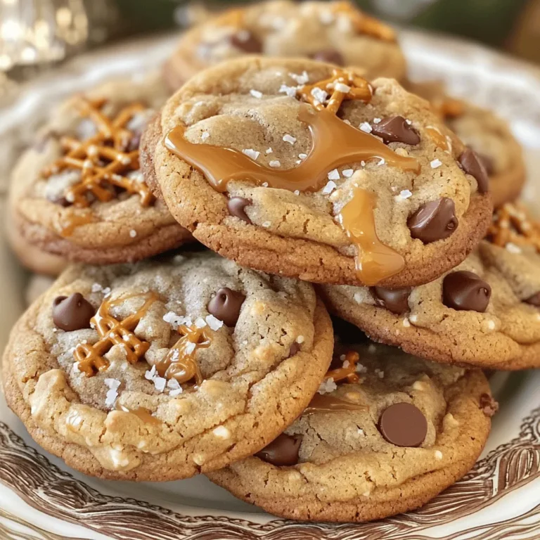 For Caramel Chocolate Pretzel Cookies, you'll need to gather these ingredients: - 1 cup unsalted butter, softened to room temperature - 1 cup packed brown sugar - 1/2 cup granulated sugar - 2 large eggs, at room temperature - 2 teaspoons pure vanilla extract - 3 cups all-purpose flour - 1 teaspoon baking soda - 1/2 teaspoon fine sea salt - 1 cup semi-sweet chocolate chips - 1 cup mini pretzels, roughly chopped - 1/2 cup caramel bits - Sea salt flakes, for finishing Each ingredient plays a key role in creating the perfect balance of flavors. The unsalted butter provides a rich base. Brown and granulated sugars give sweetness and a nice texture. Eggs help bind everything together, while vanilla adds warmth. All-purpose flour forms the cookie structure. Baking soda helps the cookies rise and stay soft. Fine sea salt enhances the sweetness, making the cookies taste even better. The semi-sweet chocolate chips add a gooey, chocolatey bite. Mini pretzels bring crunch and saltiness. Caramel bits melt into the dough, providing sweet pockets of flavor. Finally, a sprinkle of sea salt flakes on top rounds out the taste, giving a final touch to these delicious cookies. Gathering these ingredients will set you up for cookie success! - Set temperature to 350°F (175°C). - Prepare baking sheet with parchment paper. Start by preheating your oven. This step is key for even baking. Lining your baking sheet with parchment paper helps the cookies not to stick. - In a large bowl, combine butter, brown sugar, and granulated sugar. - Use an electric mixer on medium speed for 3-4 minutes. Now, cream the softened butter with both sugars. Mix until it is light and fluffy. This will give your cookies a great texture. - Add eggs one at a time. - Mix well after each egg. - Then, add vanilla extract and combine. Next, add the eggs to the bowl one by one. Make sure to mix well after each egg. Then, pour in the vanilla extract. This adds a nice flavor to your cookies. - In another bowl, whisk together flour, baking soda, and sea salt. - Gradually add this dry mix to the wet mix. In a separate bowl, whisk the flour, baking soda, and fine sea salt. Slowly add this dry mix to the wet ingredients. Be careful not to overmix. This prevents tough cookies. - Gently fold in chocolate chips, pretzels, and caramel bits. Now, it's time for fun! Fold in the chocolate chips, chopped pretzels, and caramel bits. Use a spatula to mix everything evenly. - Use a tablespoon or cookie scoop to drop dough. - Leave about 2 inches of space between each ball. Next, scoop rounded balls of dough onto your baking sheet. Make sure to space them out to allow for spreading while baking. - Sprinkle a pinch of sea salt flakes on top of each dough ball. Before baking, add a small pinch of sea salt to each dough ball. This helps balance the sweet and salty flavors. - Let cookies cool on the baking sheet for 5 minutes. - Then transfer cookies to a wire rack to cool completely. Once baked, remove the cookies from the oven. Let them cool on the baking sheet for about 5 minutes. Then, move them to a wire rack to finish cooling. Enjoy the sweet and salty goodness! To get the best cookie texture, follow these steps: - Use room-temperature butter for easy mixing. - Cream butter and sugars until light and fluffy. - Measure flour accurately to avoid dense cookies. - Don’t overmix the dough once you add flour. - Let the cookies cool on a wire rack for the best texture. Many home bakers make these common mistakes: - Overmixing can lead to tough cookies. - Baking too long makes cookies hard instead of soft. - Not spacing the dough balls can cause cookies to merge. - Forgetting to sprinkle sea salt can dull the flavor. Make your cookies look as good as they taste: - Stack them high on a pretty plate. - Drizzle extra melted caramel on top for flair. - Add mini pretzels and chocolate chips as a garnish. - Serve them warm for a cozy treat experience. {{image_4}} You can easily make a nut-free version of these cookies. If you want to swap out the pretzels, try using potato chips for crunch. They will give a nice salty touch, too. For add-ins, use sunflower seeds or pumpkin seeds. They add texture without nuts. To make your cookies even tastier, add different flavor extracts. Almond or peppermint extract can give a unique twist. You could also mix in a little cinnamon or nutmeg for warmth. These spices will enhance the sweet and salty mix of the cookies. If you're looking for a healthier option, consider using low-sugar chocolate chips. You can also swap all-purpose flour with a gluten-free blend. This way, you keep the flavor without the gluten. Reducing the sugar in the recipe helps make the cookies lighter. To keep your Caramel Chocolate Pretzel Cookies fresh, store them in an airtight container. Line the bottom with parchment paper. This step helps absorb any moisture. Place a layer of cookies in the container. You can use wax paper between layers to prevent sticking. Store them at room temperature for the best texture and taste. If you want to enjoy these cookies later, freezing works well. First, let the cookies cool completely. Next, place them in a single layer on a baking sheet. Freeze them for about an hour. After they are firm, transfer the cookies to a freezer-safe bag. Squeeze out excess air and seal tightly. To enjoy, thaw the cookies in the fridge overnight or at room temperature for a few hours. When stored correctly, these cookies last about one week at room temperature. If you freeze them, they can last up to three months. Always check for any signs of freezer burn before eating. Proper storage keeps your cookies tasting fresh and delicious! Yes, you can use other types of chocolate. Dark chocolate, milk chocolate, or white chocolate work well too. Each type gives a different taste. If you love a richer flavor, dark chocolate is great. For a sweeter treat, use milk chocolate. Experiment and find your favorite mix! These cookies take about 10 to 12 minutes to bake. Keep an eye on the edges. They should turn lightly golden. The centers look a bit soft, but that is okay. They will firm up as they cool. If you don’t have caramel bits, use soft caramel candies. Cut them into small pieces. You can also try toffee bits for a crunchy twist. Each option adds a unique flavor. Just make sure the size is right for even melting. You’ve learned how to make delicious cookies with a unique mix of flavors. We’ve covered each ingredient and the steps to make them perfect. I shared tips to avoid common mistakes and ideas for variations. With the right storage, your cookies will stay fresh longer. Remember, baking is about having fun and experimenting. Try new flavors and adjust as you go. Enjoy baking and sharing these tasty treats!