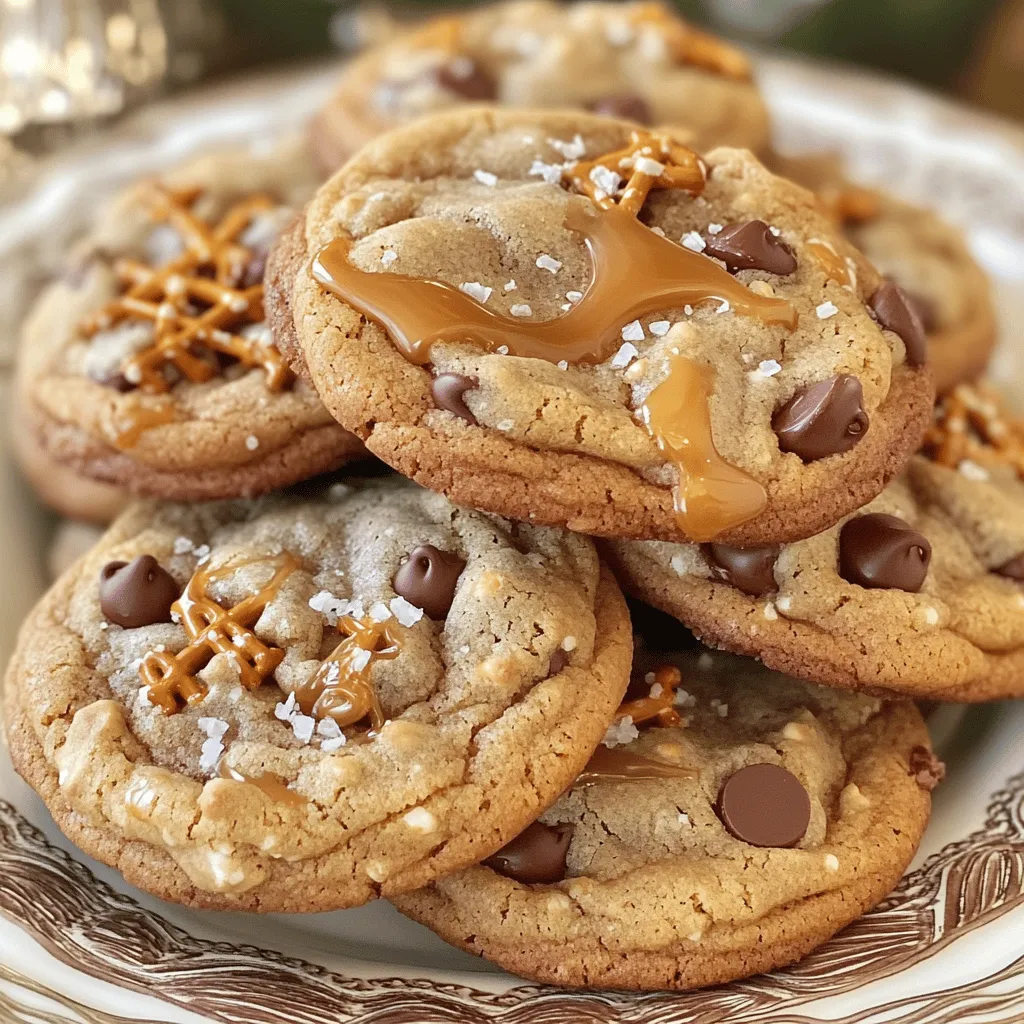 For Caramel Chocolate Pretzel Cookies, you'll need to gather these ingredients: - 1 cup unsalted butter, softened to room temperature - 1 cup packed brown sugar - 1/2 cup granulated sugar - 2 large eggs, at room temperature - 2 teaspoons pure vanilla extract - 3 cups all-purpose flour - 1 teaspoon baking soda - 1/2 teaspoon fine sea salt - 1 cup semi-sweet chocolate chips - 1 cup mini pretzels, roughly chopped - 1/2 cup caramel bits - Sea salt flakes, for finishing Each ingredient plays a key role in creating the perfect balance of flavors. The unsalted butter provides a rich base. Brown and granulated sugars give sweetness and a nice texture. Eggs help bind everything together, while vanilla adds warmth. All-purpose flour forms the cookie structure. Baking soda helps the cookies rise and stay soft. Fine sea salt enhances the sweetness, making the cookies taste even better. The semi-sweet chocolate chips add a gooey, chocolatey bite. Mini pretzels bring crunch and saltiness. Caramel bits melt into the dough, providing sweet pockets of flavor. Finally, a sprinkle of sea salt flakes on top rounds out the taste, giving a final touch to these delicious cookies. Gathering these ingredients will set you up for cookie success! - Set temperature to 350°F (175°C). - Prepare baking sheet with parchment paper. Start by preheating your oven. This step is key for even baking. Lining your baking sheet with parchment paper helps the cookies not to stick. - In a large bowl, combine butter, brown sugar, and granulated sugar. - Use an electric mixer on medium speed for 3-4 minutes. Now, cream the softened butter with both sugars. Mix until it is light and fluffy. This will give your cookies a great texture. - Add eggs one at a time. - Mix well after each egg. - Then, add vanilla extract and combine. Next, add the eggs to the bowl one by one. Make sure to mix well after each egg. Then, pour in the vanilla extract. This adds a nice flavor to your cookies. - In another bowl, whisk together flour, baking soda, and sea salt. - Gradually add this dry mix to the wet mix. In a separate bowl, whisk the flour, baking soda, and fine sea salt. Slowly add this dry mix to the wet ingredients. Be careful not to overmix. This prevents tough cookies. - Gently fold in chocolate chips, pretzels, and caramel bits. Now, it's time for fun! Fold in the chocolate chips, chopped pretzels, and caramel bits. Use a spatula to mix everything evenly. - Use a tablespoon or cookie scoop to drop dough. - Leave about 2 inches of space between each ball. Next, scoop rounded balls of dough onto your baking sheet. Make sure to space them out to allow for spreading while baking. - Sprinkle a pinch of sea salt flakes on top of each dough ball. Before baking, add a small pinch of sea salt to each dough ball. This helps balance the sweet and salty flavors. - Let cookies cool on the baking sheet for 5 minutes. - Then transfer cookies to a wire rack to cool completely. Once baked, remove the cookies from the oven. Let them cool on the baking sheet for about 5 minutes. Then, move them to a wire rack to finish cooling. Enjoy the sweet and salty goodness! To get the best cookie texture, follow these steps: - Use room-temperature butter for easy mixing. - Cream butter and sugars until light and fluffy. - Measure flour accurately to avoid dense cookies. - Don’t overmix the dough once you add flour. - Let the cookies cool on a wire rack for the best texture. Many home bakers make these common mistakes: - Overmixing can lead to tough cookies. - Baking too long makes cookies hard instead of soft. - Not spacing the dough balls can cause cookies to merge. - Forgetting to sprinkle sea salt can dull the flavor. Make your cookies look as good as they taste: - Stack them high on a pretty plate. - Drizzle extra melted caramel on top for flair. - Add mini pretzels and chocolate chips as a garnish. - Serve them warm for a cozy treat experience. {{image_4}} You can easily make a nut-free version of these cookies. If you want to swap out the pretzels, try using potato chips for crunch. They will give a nice salty touch, too. For add-ins, use sunflower seeds or pumpkin seeds. They add texture without nuts. To make your cookies even tastier, add different flavor extracts. Almond or peppermint extract can give a unique twist. You could also mix in a little cinnamon or nutmeg for warmth. These spices will enhance the sweet and salty mix of the cookies. If you're looking for a healthier option, consider using low-sugar chocolate chips. You can also swap all-purpose flour with a gluten-free blend. This way, you keep the flavor without the gluten. Reducing the sugar in the recipe helps make the cookies lighter. To keep your Caramel Chocolate Pretzel Cookies fresh, store them in an airtight container. Line the bottom with parchment paper. This step helps absorb any moisture. Place a layer of cookies in the container. You can use wax paper between layers to prevent sticking. Store them at room temperature for the best texture and taste. If you want to enjoy these cookies later, freezing works well. First, let the cookies cool completely. Next, place them in a single layer on a baking sheet. Freeze them for about an hour. After they are firm, transfer the cookies to a freezer-safe bag. Squeeze out excess air and seal tightly. To enjoy, thaw the cookies in the fridge overnight or at room temperature for a few hours. When stored correctly, these cookies last about one week at room temperature. If you freeze them, they can last up to three months. Always check for any signs of freezer burn before eating. Proper storage keeps your cookies tasting fresh and delicious! Yes, you can use other types of chocolate. Dark chocolate, milk chocolate, or white chocolate work well too. Each type gives a different taste. If you love a richer flavor, dark chocolate is great. For a sweeter treat, use milk chocolate. Experiment and find your favorite mix! These cookies take about 10 to 12 minutes to bake. Keep an eye on the edges. They should turn lightly golden. The centers look a bit soft, but that is okay. They will firm up as they cool. If you don’t have caramel bits, use soft caramel candies. Cut them into small pieces. You can also try toffee bits for a crunchy twist. Each option adds a unique flavor. Just make sure the size is right for even melting. You’ve learned how to make delicious cookies with a unique mix of flavors. We’ve covered each ingredient and the steps to make them perfect. I shared tips to avoid common mistakes and ideas for variations. With the right storage, your cookies will stay fresh longer. Remember, baking is about having fun and experimenting. Try new flavors and adjust as you go. Enjoy baking and sharing these tasty treats!