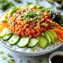 - 1 cup sushi rice - 1 1/4 cups water - 1 tablespoon rice vinegar - 1 tablespoon granulated sugar - 1 teaspoon sea salt - 1 can (6 oz) tuna packed in water, drained - 2 tablespoons mayonnaise (preferably Japanese Kewpie for a richer flavor) - 1 tablespoon sriracha (adjust to taste for desired spice level) - 1 ripe avocado, sliced - 1 cucumber, thinly sliced - 1 medium carrot, julienned - 2 green onions, chopped (white and green parts separated) - Seaweed salad (for garnish) - Sesame seeds (for garnish) - Soy sauce (for serving) The main ingredients for a spicy tuna sushi bowl include sushi rice, canned tuna, and fresh veggies. Sushi rice is sticky and perfect for building a base. I recommend using canned tuna packed in water. It’s easy and quick. Mayonnaise adds creaminess. I suggest Kewpie mayonnaise for extra flavor. Sriracha gives the dish its spicy kick. Adjust the amount based on your taste. Fresh vegetables like avocado, cucumber, and carrot add color and crunch. Green onions add brightness and flavor. Don’t forget the seaweed salad and sesame seeds for garnish! - Additional sauces and spices - Alternative garnishes You can add more sauces for extra flavor. Try a drizzle of spicy mayo or ponzu sauce. You can also mix in sesame oil or wasabi for more heat. For garnishes, consider adding radish or pickled ginger. These can enhance the dish and add a nice zing. - Health benefits of sushi rice and fish - Nutritional value of avocado and veggies Sushi rice is a good source of carbs. It gives you energy without being heavy. Canned tuna is packed with protein and omega-3 fatty acids. These are great for your heart and brain health. Avocado is rich in healthy fats, vitamins, and fiber. The veggies like cucumber and carrot provide vitamins and minerals. They also add hydration and crunch to the bowl. Eating these ingredients can boost your overall health while enjoying a tasty meal! Start by rinsing the sushi rice. Place it in a bowl and cover it with cold water. Swirl the rice gently, then drain the water. Repeat this until the water runs clear. This step is vital. It removes excess starch, ensuring fluffy rice. Next, cook the rice. In a medium pot, combine the rinsed rice with 1 1/4 cups of water. Bring it to a boil over medium heat. Once it boils, reduce the heat to low. Cover the pot and let it simmer for 18-20 minutes. After cooking, remove the pot from heat and let it sit, covered, for an additional 10 minutes. While the rice steams, season it. In a small bowl, whisk together 1 tablespoon of rice vinegar, 1 tablespoon of sugar, and 1 teaspoon of sea salt. Once the rice is ready, gently fold this mixture into the rice using a fork. This adds flavor to the rice and helps it cool. To make the spicy tuna, drain the canned tuna. In a mixing bowl, add the tuna, 2 tablespoons of mayonnaise, and 1 tablespoon of sriracha. Stir well until the tuna is fully coated. Taste the mixture. If you want more heat, add more sriracha. This step is all about balancing spice for your taste. Now, it’s time to assemble your sushi bowls. Divide the seasoned sushi rice evenly between two bowls. This rice forms the base of your dish. Then, add a generous scoop of the spicy tuna mixture on top of the rice. Next, add fresh ingredients for color and crunch. Arrange sliced avocado, cucumber, and julienned carrot around the tuna. Don’t forget to sprinkle chopped green onions on top. This adds a vibrant look and fresh flavor. Finally, garnish the bowls. Add a side of seaweed salad and sprinkle sesame seeds on top. This not only enhances the dish's appeal but also adds a nutty flavor. Serve with soy sauce on the side. This allows everyone to drizzle it over their bowls as they like. Enjoy your vibrant and tasty spicy tuna sushi bowls! To make sushi rice, start by rinsing it well. Rinse the rice under cold water until the water runs clear. This helps remove extra starch. Extra starch can make the rice gummy. Cook the rice in a pot with a lid. Use a ratio of 1 cup of rice to 1 1/4 cups of water. Bring it to a boil, then lower the heat. Cover and let it simmer for 18-20 minutes. Do not lift the lid while it cooks. After cooking, let it sit for 10 minutes to steam. Common mistakes include: - Not rinsing the rice enough. - Lifting the lid too soon. - Not letting the rice steam. When serving your sushi bowls, think about colors and arrangement. Use a nice bowl to show off the bright ingredients. Layer the rice first, then the spicy tuna mixture. Add colorful veggies like avocado, cucumber, and carrots around the tuna. Sprinkle chopped green onions on top for a fresh look. Use seaweed salad and sesame seeds as garnish for extra flair. For serving style, consider using wooden or ceramic platters. This adds an authentic touch. Don't forget chopsticks for fun! If you have leftovers, store them properly. Keep the sushi rice in an airtight container in the fridge. It stays fresh for up to two days. For the spicy tuna, keep it in a separate container. This keeps the rice from getting soggy. When reheating the sushi rice, add a little water. Microwave it covered with a damp paper towel. This helps to keep the rice moist without making it mushy. {{image_4}} You can make this bowl without tuna. Use plant-based protein instead. Options include chickpeas or tofu. For a creamy texture, try using avocado or a vegan mayo. Look for brands that are rich in flavor. You can also mix in some tahini for a nutty taste. If you want a different flavor, use salmon or shrimp. Both seafoods work well in this dish. You can also try smoked salmon for a unique taste. Combine flavors like garlic and ginger to boost the dish. Add a dash of lime juice for freshness. Explore different tastes by mixing up spices. You can add more sriracha for heat or a touch of honey for sweetness. Incorporating seasonal ingredients makes it fun. Try adding mango in summer or squash in fall. Each season brings new tastes to enjoy. To keep your sushi bowls fresh, store them in the fridge. Place the bowls in airtight containers. This helps prevent the rice from drying out. Try to consume them within two days for the best taste. You can freeze the rice and spicy tuna mixture if needed. However, fresh veggies do not freeze well. Use glass or plastic airtight containers for storage. These containers keep air out and help maintain freshness. It's best to keep the components separate. Store the rice, tuna, and veggies in different containers. This way, everything stays fresh and full of flavor. When reheating sushi rice, add a splash of water. This helps steam the rice and keeps it moist. You can microwave it for about 30 seconds. Stir, then heat for another 30 seconds if needed. For tuna, gently warm it in a pan over low heat. This preserves its texture and flavor. Avoid microwaving the tuna, as it can become rubbery. For sushi bowls, you can use both canned and fresh tuna. Canned tuna is easy and quick. I suggest using tuna packed in water for a lighter taste. Look for brands that focus on sustainability. Fresh tuna gives a better texture and taste. It’s best to use sushi-grade tuna. This means it’s safe to eat raw. Yes, you can prepare spicy tuna sushi bowls ahead of time. Cook the sushi rice and let it cool. Store it in the fridge. Mix the spicy tuna right before serving for the best taste. You can chop the veggies and keep them in separate containers. This keeps them fresh and crunchy. Just assemble the bowls when you're ready to eat. To adjust the spice level, start with less sriracha. You can add it slowly until you reach the taste you want. For a milder dish, try using less sriracha or mix in some plain mayo. You can also add a bit of honey for sweetness. If you like it hot, add more sriracha or even some chili flakes. Spicy tuna sushi bowls are fun to make and eat. We covered key ingredients like sushi rice, tuna, and veggies. You learned how to prepare each part step-by-step, ensuring tasty results. We explored tips for presentation and storage to keep your bowls fresh. You can even try variations for different diets. Embrace your creativity in the kitchen. With these skills, you’ll create delicious meals everyone will enjoy!