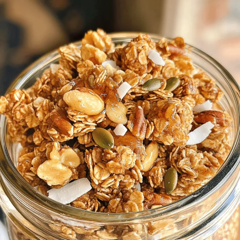 - 3 cups rolled oats - 1 cup nuts (almonds, walnuts, or pecans), roughly chopped - 1/2 cup pumpkin seeds - 1/2 cup unsweetened coconut flakes - 1/3 cup pure maple syrup - 1/4 cup coconut oil, melted - 1 teaspoon pure vanilla extract - 1 teaspoon ground cinnamon - 1/2 teaspoon sea salt - 1/2 cup dried fruit (raisins, cranberries, or apricots), optional To make Slow Cooker Maple Cinnamon Granola Clusters, gather these ingredients. The rolled oats form the base. They provide fiber and a chewy texture. You can use any nuts you like. Almonds, walnuts, or pecans add crunch and healthy fats. Pumpkin seeds bring a nice crunch and extra nutrients. Unsweetened coconut flakes add a hint of sweetness and tropical flavor. Pure maple syrup serves as the sweetener. It gives a rich, natural taste. Melted coconut oil helps bind the mixture and adds healthy fat. Vanilla extract enhances the flavor. Ground cinnamon adds warmth and spice. A pinch of sea salt balances the sweetness. If you want, you can add dried fruit for extra flavor. Raisins, cranberries, or apricots work well. These ingredients combine to make a delicious and healthy snack. You’ll love how easy this recipe is! In a large bowl, combine 3 cups of rolled oats, 1 cup of roughly chopped nuts, and 1/2 cup of pumpkin seeds. You can use almonds, walnuts, or pecans—whichever you like best! Next, add 1/2 cup of unsweetened coconut flakes, 1 teaspoon of ground cinnamon, and 1/2 teaspoon of sea salt. Stir everything well until it is evenly mixed. This blend will be the base of your granola clusters. In another bowl, whisk together 1/3 cup of pure maple syrup, 1/4 cup of melted coconut oil, and 1 teaspoon of pure vanilla extract. Keep whisking until the mixture is smooth and slightly frothy. This sweet and fragrant blend will help bind all your dry ingredients together. Lightly grease the inside of your slow cooker with a bit of coconut oil or cooking spray. Then, pour the wet mixture over the dry ingredients. Use a spatula to fold everything together until all the oats and nuts are coated. Spread the mixture evenly in the slow cooker. Cover it with the lid and set the heat to low. Cook for about 2 to 2.5 hours, stirring every 30 minutes. This way, the granola cooks evenly and turns golden brown. Once the cooking time is up, turn off the slow cooker and let the granola cool for 30 minutes with the lid off. This cooling time is key! It helps the granola clump into tasty clusters. If you want to add dried fruit, wait until the granola is completely cool before you mix it in. Finally, transfer your granola clusters to an airtight container and store them for up to two weeks. Enjoy your delicious and crunchy treat! To make your granola clusters just right, stir the mixture every 30 minutes while it cooks. This helps the granola cook evenly and develop a nice golden color. If you like your clusters extra crunchy, you can adjust the cooking time. Try cooking for up to 3 hours instead of 2.5 hours. Just keep an eye on it to avoid burning. When serving, use a clear glass jar or a decorative bowl. This makes the clusters look inviting and fun. You can sprinkle extra coconut flakes on top for a finishing touch. Drizzle a bit of maple syrup over the top to enhance the flavor. For a yummy breakfast, pair it with yogurt or milk. This adds creaminess to the crunchy granola. Each ingredient offers great health benefits. Rolled oats are full of fiber, which helps digestion. Nuts provide healthy fats and protein, keeping you full longer. Pumpkin seeds are rich in magnesium. Coconut flakes add healthy fats and a bit of sweetness. Using pure maple syrup instead of refined sugar gives natural sweetness and minerals. Adding dried fruit can give extra vitamins and flavor. {{image_4}} You can boost the taste of your granola with spices and extracts. Try adding: - Nutmeg for warmth. - Ginger for a zesty kick. - Almond extract for a sweet touch. For sweetness, consider using: - Honey or agave syrup instead of maple syrup. These changes let you customize the flavor to your liking. If you need nut-free options, use seeds instead. Sunflower seeds or pumpkin seeds work great. For gluten-free alternatives, choose certified gluten-free oats. This way, everyone can enjoy your granola. You can switch up your granola based on the season. In autumn, add: - Chopped apples and a sprinkle of pumpkin spice. For summer, mix in: - Dried mango or pineapple for a tropical twist. These seasonal touches make your granola feel fresh and fun all year long! To keep your granola clusters fresh, use an airtight container. Glass jars work great. They help keep the granola crunchy and tasty. Make sure the lid seals tightly. If you use plastic, choose BPA-free options. This helps avoid any bad chemicals. For best freshness, store the granola in a cool, dry place. Avoid areas with heat or moisture, like near the stove. Always scoop the granola with a clean, dry spoon. This helps keep it safe from bacteria. Granola clusters last up to two weeks at room temperature. After that, they may lose crunch and flavor. If you want to store them longer, freezing is a great option. Place the clusters in a freezer-safe bag. Remove as much air as you can before sealing. They can last up to three months in the freezer. To enjoy frozen granola, let it thaw in the fridge. Or, you can enjoy it straight from the freezer for a crunchy snack. Just remember, the texture may change a bit after thawing. Yes, you can make this granola nut-free. Simply replace the nuts with more seeds. Use extra pumpkin seeds or sunflower seeds. You can also add more coconut flakes for texture. This way, you still get a tasty crunch without nuts. You can use different sweeteners. Honey is a great choice. Agave syrup works too. If you want a low-calorie option, try stevia or monk fruit sweetener. Just remember, the liquid amount may change, so adjust as needed. You can add many types of dried fruits. Raisins, cranberries, and apricots are great options. You might also try dried figs or dates for a chewy texture. Just make sure to chop any large pieces into smaller bits. This way, they mix in well. To make your granola crunchier, cook it longer. Stir every 30 minutes for even cooking. You can also let it cool completely before breaking it apart. If you want extra crunch, bake it in the oven for a few minutes after slow cooking. Making your own granola is easy and fun. You learned about essential ingredients like oats, nuts, and seeds. The step-by-step guide showed you how to mix and cook everything just right. We also shared great tips to make your granola clusters perfect and delicious. As you explore flavor variations and storage tips, you’ll find endless ways to enjoy it. Keep experimenting to find what you love best, and soon you’ll have a special granola that’s all your own! Enjoy your homemade snack and the joy it brings.