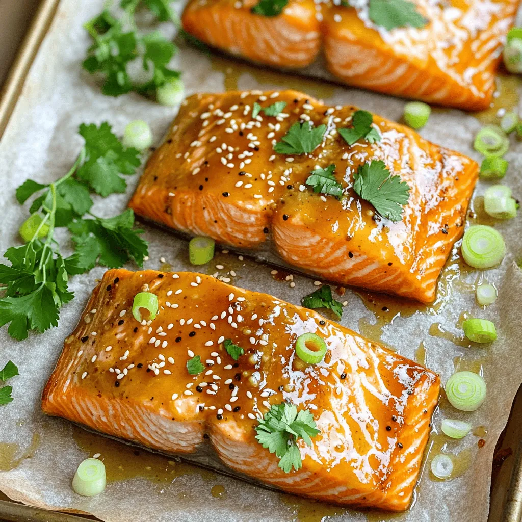 - 4 fresh salmon fillets (approximately 6 ounces each) - 1/4 cup pure honey - 1/4 cup creamy Dijon mustard - 2 tablespoons low-sodium soy sauce - 2 tablespoons extra virgin olive oil - 2 cloves garlic, finely minced - 1 teaspoon fresh ginger, grated or finely chopped - Sea salt and freshly ground black pepper to taste I love this blend of sweet and tangy flavors. The honey adds a nice sweetness, while the Dijon mustard gives a bit of a kick. The soy sauce and olive oil round out the taste. Fresh garlic and ginger make it even better. - 1 tablespoon sesame seeds (optional, for a crunchy garnish) - Fresh parsley or sliced green onions for garnish Garnishes do more than look good. They add flavor and texture. Sesame seeds give a nice crunch. Fresh parsley or green onions add color and freshness. You can swap ingredients if needed. Use maple syrup instead of honey for a different flavor. You can also try whole grain mustard for more texture. A splash of lemon juice can brighten the glaze. If you don’t have soy sauce, try coconut aminos for a similar taste. Feel free to get creative! Cooking is about finding what works best for you. Start by preheating your oven to 400°F (200°C). This step is key for even cooking. To make cleanup easier later, line a baking sheet with parchment paper. This will help the salmon not stick. In a medium bowl, mix together the following: - 1/4 cup pure honey - 1/4 cup creamy Dijon mustard - 2 tablespoons low-sodium soy sauce - 2 tablespoons extra virgin olive oil - 2 cloves garlic, finely minced - 1 teaspoon fresh ginger, grated or finely chopped Whisk these ingredients until they form a smooth glaze. The blend of sweet and tangy will make your salmon sing! Take your four fresh salmon fillets. Sprinkle sea salt and freshly ground black pepper on both sides. This helps enhance the flavor. Next, arrange the fillets on the prepared baking sheet, skin-side down. Using a basting brush, coat the tops of the fillets with your honey mustard glaze. Ensure they are well covered. Save a little glaze for later to drizzle on after cooking. Put the baking sheet in your preheated oven. Bake the salmon for 12 to 15 minutes. It’s ready when it flakes easily with a fork. You can check for doneness by gently pressing the fillet with a fork. For a crispy, caramelized glaze, switch your oven to broil during the last 2 minutes. Broil on high for 1 to 2 minutes, but watch closely to prevent burning. This step adds a nice touch to your dish! Once done, carefully remove the salmon from the oven. If you want more flavor, drizzle any reserved honey mustard glaze over the salmon. For a perfect finish, sprinkle sesame seeds on top (if using) and add fresh parsley or sliced green onions as a garnish. Serve the salmon with steamed veggies or a light salad. Enjoy your beautiful and tasty meal! To check if your salmon is done, look for light pink flesh. It should flake easily with a fork. If it looks raw in the center, give it more time. The perfect cooking time is usually 12-15 minutes at 400°F. If you want it medium-rare, aim for 125°F. A meat thermometer helps a lot here! One common mistake is overcooking. Keep an eye on your salmon as it bakes. Salmon cooks quickly, so don't walk away. Another mistake is skipping the seasoning. Always season both sides with salt and pepper. This adds depth to the flavor. Lastly, don't forget to reserve some glaze for drizzling at the end. It makes a big difference! To boost the glaze flavor, add a touch of lemon juice. This adds brightness and balances the sweetness. You can also mix in fresh herbs like dill or parsley for freshness. If you like heat, a dash of cayenne or chili flakes can spice it up. Experimenting with these additions can elevate your dish to a new level! {{image_4}} You can add fresh herbs for a fragrant touch. Try using dill, parsley, or tarragon. Chop the herbs finely and mix them into the honey mustard glaze. This adds a fresh flavor that pairs well with the salmon. You can also sprinkle herbs on top before serving. It makes the dish look pretty too! Grilling gives salmon a smoky flavor. To grill, heat your grill to medium-high. Coat the salmon with the honey mustard glaze as before. Place the fillets on the grill skin-side down. Grill for about 5-7 minutes on each side. You want it to flake easily but not dry out. This method adds a nice char and depth to the dish. Adding citrus brightens the dish. You can mix lemon, lime, or orange juice into the glaze. About two tablespoons should do. This gives a zesty kick that balances the sweetness of the honey. You can also serve it with citrus slices on the side. It adds color and flavor, making the meal pop! To keep leftover salmon fresh, place it in an airtight container. Make sure to seal it well. Store the salmon in the fridge. It stays good for about three days. Before putting it away, let it cool to room temperature. This helps to prevent moisture buildup. Reheating salmon can be tricky. I suggest using the oven. Preheat it to 275°F (135°C). Place the salmon on a baking sheet. Cover it with foil to keep it moist. Heat for about 15 minutes. You can also use the microwave. Set it to low power. Heat in short bursts, checking often. This way, the salmon warms without drying out. If you want to save salmon for later, freezing works well. First, let the salmon cool completely. Wrap each piece tightly in plastic wrap. Then, place the wrapped salmon in a freezer bag. Remove as much air as possible before sealing. It can stay in the freezer for up to three months. When you're ready to eat, thaw it in the fridge overnight. The best way to check salmon is to use a fork. Gently press down on the salmon. If it flakes easily, it’s cooked. You can also check the color. Cooked salmon turns from translucent to opaque. The internal temperature should reach 145°F for safety. Yes, you can use other fish like trout or tilapia. They cook well with the honey mustard glaze. Make sure to adjust cooking times based on the thickness of the fillets. Thinner fish will cook faster than salmon. Great side dishes include steamed vegetables, rice, or a fresh salad. Roasted potatoes also work nicely. You could try a quinoa salad for a healthy option. These sides balance the rich glaze and add color to your plate. Yes, honey mustard glazed salmon is healthy. Salmon is rich in omega-3 fatty acids, which are good for your heart. The glaze uses honey and mustard, which adds flavor without too many calories. Just watch the portion size for a balanced meal. Baking salmon at 400°F takes about 12 to 15 minutes. Thicker fillets might need a little more time. Always check for doneness by seeing if it flakes easily with a fork. Adjust the time based on your oven’s performance. Yes, you can make the honey mustard glaze ahead of time. Just mix the ingredients and store them in the fridge. Use it within a week for the best flavor. This saves time on busy days when you want a quick meal. Honey mustard glazed salmon is easy and tasty. We covered the key ingredients, step-by-step cooking, and tips for success. You can also try variations, store leftovers correctly, and answer common questions. Now, you have the tools to create a delicious meal. Enjoy the burst of flavors and impress your family or friends. Cooking can be fun and rewarding! Getcreative and make this dish your own.