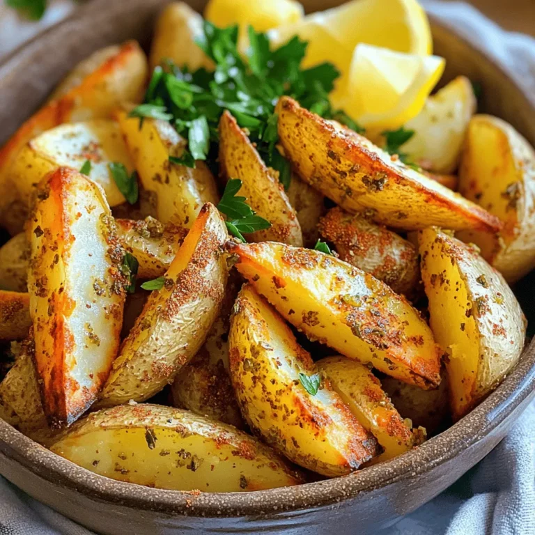 - 4 medium Yukon Gold potatoes, peeled and cut into wedges - 3 tablespoons olive oil - 1 teaspoon dried oregano - 1 teaspoon garlic powder - 1 teaspoon smoked paprika - 1/2 teaspoon salt - 1/4 teaspoon black pepper - 2 tablespoons fresh lemon juice - Fresh parsley, chopped (for garnish) - Optional serving suggestions: tzatziki dip, lemon wedges To make these crispy Greek air fryer potatoes, you need simple, fresh ingredients. Yukon Gold potatoes shine here due to their creamy texture. They hold flavor well and get nice and crispy. Olive oil keeps the potatoes moist while helping them crisp up. The seasonings add depth. Oregano brings a lovely herbal note, while garlic powder adds warmth. Smoked paprika gives a hint of smokiness, making these potatoes special. Don't forget the fresh lemon juice! It brightens the dish and balances the richness. Finally, fresh parsley adds color and freshness as a garnish. You can serve these potatoes with tzatziki for a creamy dip or lemon wedges for extra zing. Enjoy! Start by preheating your air fryer to 400°F (200°C). This takes about 5 minutes. Preheating helps the potatoes cook evenly and become crispy. Take 4 medium Yukon Gold potatoes and peel them. Cut them into wedges that are about the same size. This ensures they cook evenly. In a large bowl, mix the potato wedges with 3 tablespoons of olive oil. Then add 1 teaspoon of dried oregano, 1 teaspoon of garlic powder, 1 teaspoon of smoked paprika, 1/2 teaspoon of salt, and 1/4 teaspoon of black pepper. Toss everything together well. Make sure each wedge is coated with the tasty mix. Carefully place the seasoned wedges in the air fryer basket. Arrange them in a single layer. This allows hot air to circulate and crisp them up. You may need to cook them in batches if your air fryer is small. Set the timer for 15-20 minutes. Halfway through, shake the basket gently. This helps all sides of the potatoes crisp nicely. When they are golden brown, they are ready to enjoy! To get that perfect crispiness, cook the potatoes in a single layer. This method allows hot air to circulate around each wedge. If you stack them, they will steam instead of crisp. You may need to cook in batches if your air fryer is small. Adjust cooking time based on your air fryer model. Some models run hotter than others. Start with 15 minutes, then check for doneness. If they're not golden brown, add a few more minutes. Remember to shake the basket halfway through for even cooking. For more flavor, try adding herbs and spices. Fresh rosemary or thyme pairs well with the potatoes. You can also experiment with a pinch of cayenne for heat or lemon zest for brightness. Marinating the potatoes before cooking can boost flavor, too. Mix them with olive oil, lemon juice, and your favorite spices. Let them sit for at least 30 minutes. This step adds depth and makes the potatoes even tastier. {{image_4}} You can easily change the flavor of your crispy Greek air fryer potatoes. Here are two fun ways: - Mediterranean spice blend: Mix in some dried thyme, rosemary, or even sumac. This blend gives a fresh, earthy flavor. - Cheese crusted version: Add some grated Parmesan cheese to the seasoning mix. It adds a savory, cheesy crunch that is hard to resist. Feel free to experiment! These variations can make your potatoes even more exciting. Crispy Greek air fryer potatoes pair well with many dishes. Here are some ideas: - Complementary dishes: Serve these potatoes with grilled chicken, lamb, or fish. The flavors blend beautifully. - Full meal ideas: Create a meal by adding a fresh Greek salad and tzatziki dip. This makes for a colorful and balanced dinner. These suggestions can help you enjoy your crispy potatoes in a whole new way! To keep your crispy Greek air fryer potatoes fresh, follow these steps: - Allow the potatoes to cool to room temperature. - Place them in an airtight container. - Store in the fridge for up to 3 days. This keeps them from becoming soggy. Avoid stacking them too high, as this can cause them to lose crispiness. Reheating your potatoes can be tricky, but here’s how to keep them crispy: - Preheat your air fryer to 350°F (175°C). - Place the leftover potatoes in a single layer in the basket. - Heat for about 5-7 minutes, shaking halfway through. This method restores their crunch while warming them up. You can also use a skillet on medium heat for a quick reheat. Just remember to stir gently to keep them intact. Yes, you can use other potatoes. Some tasty options include: - Russet potatoes: They are starchy and crisp well. - Red potatoes: Their waxy texture gives a creamy inside. - Fingerling potatoes: They add a unique shape and flavor. Each type offers a different taste and texture, so feel free to experiment! If your potatoes are not crispy, here are some tips: - Make sure to cut them evenly. Uneven sizes cook at different rates. - Avoid overcrowding the basket. This blocks airflow and causes sogginess. - Shake the basket halfway through cooking. This helps all sides crisp up. - Check your oil amount. Too little oil can lead to dryness. These steps will help you achieve that perfect crunch! Yes, you can prepare these potatoes ahead of time. Here’s how: - Cut and season the potatoes. Store them in an airtight container in the fridge. - For best results, cook them fresh. However, you can cook them and store leftovers. - Store cooked potatoes in the fridge for up to three days. Reheat in the air fryer to bring back the crispiness! This blog post covered how to make tasty air fryer potato wedges. You learned about key ingredients like Yukon Gold potatoes and olive oil. We discussed step-by-step instructions, including how to prep, cook, and add flavor. Don't forget tips for crispiness and fun variations for your wedges. In the end, air fryer potato wedges are simple and delicious. Enjoy experimenting with different spices and serving ideas. Happy cooking!