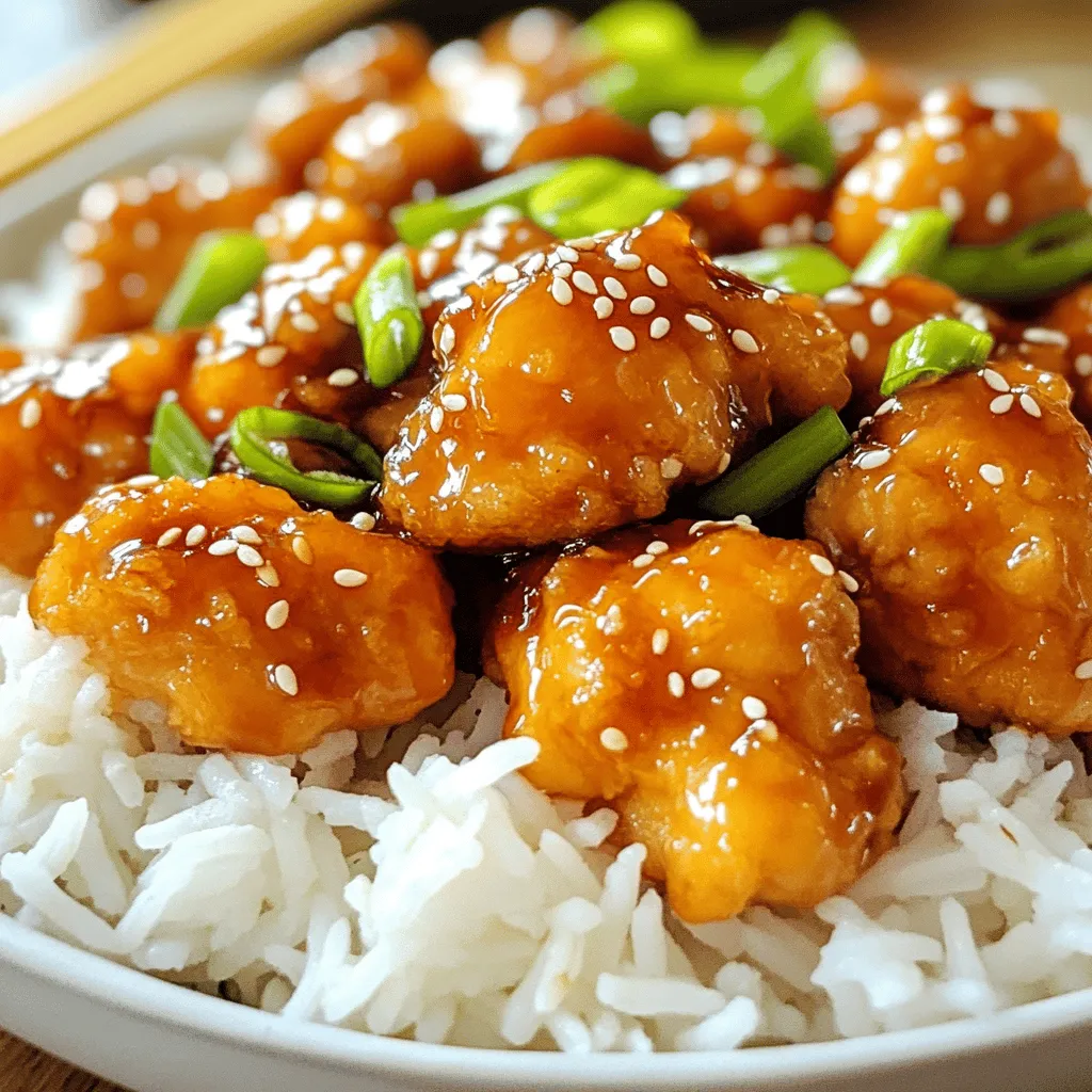 - 1 lb boneless, skinless chicken breasts, cut into bite-sized pieces - 1/2 cup cornstarch - 2 tablespoons vegetable oil - 1/4 cup honey - 3 tablespoons soy sauce - 1 tablespoon sesame oil - 2 cloves garlic, minced - 1 inch ginger, grated - 1 tablespoon rice vinegar - 1 teaspoon sesame seeds (toasted) - 2 green onions, sliced (for garnish) - Cooked white rice or quinoa (for serving) - For 4 servings, use the above amounts. - For 2 servings, cut each ingredient in half. - For 6 servings, multiply each ingredient by 1.5. - Large mixing bowl for preparing chicken - Large skillet or wok for frying - Measuring cups and spoons for accuracy - Wooden spoon or spatula for stirring - Knife and cutting board for chopping ingredients - Serving plates for a beautiful presentation Start by placing your chicken pieces in a large bowl. Sprinkle cornstarch over the chicken. Toss until each piece is well coated. This step is key for a crispy texture. The cornstarch helps seal in moisture and creates a crunchy crust when fried. Heat vegetable oil in a large skillet over medium-high heat. When the oil shimmers, carefully add the chicken in a single layer. Let the chicken cook undisturbed for 4-5 minutes. This helps achieve a perfect golden brown color. Flip the pieces occasionally to cook them evenly. Once done, remove the chicken and set it aside. In the same skillet, lower the heat to medium. Add honey, soy sauce, sesame oil, minced garlic, grated ginger, and rice vinegar. Stir well to mix the ingredients. Let the sauce simmer for 2-3 minutes. This allows the sauce to thicken and the flavors to meld. Return the crispy chicken to the skillet with the sauce. Gently toss the chicken in the honey sesame sauce. Make sure all pieces are coated and heated through. This should take about 1-2 minutes. Just before serving, sprinkle toasted sesame seeds on top for crunch. Garnish with sliced green onions for a fresh touch. - Soy Sauce Alternatives: If you need a soy sauce swap, use coconut aminos. It offers a similar flavor without the soy. - Honey Alternatives: For those avoiding honey, maple syrup or agave nectar works well. They add sweetness and keep the dish tasty. - Vegetarian Options: Use tofu or tempeh instead of chicken. Coat them in cornstarch for crunch. - Gluten-Free Options: Replace soy sauce with tamari. It’s gluten-free and has a rich taste. - Crispiness Tips: To get your chicken extra crispy, coat it well in cornstarch. Fry in hot oil without crowding the pan. This helps it brown evenly. - Sauce Consistency: For a thicker sauce, simmer longer. If it’s too thick, add a splash of water. Stir well to combine. - Pairing with Rice or Quinoa: Serve this dish over white rice or fluffy quinoa. Both soak up the sauce nicely. - Plating Ideas: Use a large bowl for an appealing look. Drizzle extra sauce on top and sprinkle sesame seeds. Finish with green onions for color and freshness. {{image_4}} You can add mixed vegetables to your honey sesame chicken for extra nutrition. This not only boosts the meal's health benefits but also adds color and texture. Some great vegetable combinations include: - Bell peppers - Broccoli - Snow peas - Carrots Simply chop the veggies and stir-fry them in the skillet before adding the sauce. Cook until they are tender but still crisp. Then, toss in the chicken and sauce for a delicious mix. If you like heat, you can make a spicy version of this dish. Add chili sauce or flakes to the sauce mix. Start with a small amount and taste as you go. This way, you keep a good balance of sweetness and spice. You might want to reduce the honey a bit if you prefer less sweetness. You can switch up proteins for this recipe too. Tofu and shrimp work well as alternatives. If using tofu, press it to remove excess water. Then, cut it into cubes and fry until golden. For shrimp, cook them for about 2-3 minutes until they turn pink. Adjust cooking times based on the protein you choose, but always make sure it’s fully cooked. To store your honey sesame chicken, place it in an airtight container. This helps keep the chicken fresh. It lasts in the fridge for about 3-4 days. Before storing, let it cool down to room temperature. This prevents moisture buildup. Freezing is a great way to save leftovers. Start by letting the chicken cool completely. Then, place it in a freezer-safe bag. Remove as much air as possible from the bag. Label it with the date and freeze it. Your honey sesame chicken can stay good for up to 3 months. When you are ready to eat, thaw it in the fridge overnight. You can reheat honey sesame chicken on the stove or in the microwave. For the stove, heat a pan over medium heat. Add a splash of water or oil to keep it moist. Cook for a few minutes until hot. In the microwave, place the chicken in a bowl and cover it with a damp paper towel. Heat in short bursts of 30 seconds. Check the chicken each time. To keep the chicken crispy while reheating, avoid using the microwave. Use the stove for the best texture instead. To make Honey Sesame Chicken healthier, try these tips: - Use skinless chicken thighs for less fat. - Substitute honey with a sugar-free syrup. - Replace soy sauce with low-sodium soy sauce. - Add more veggies like broccoli or bell peppers. - Serve over brown rice instead of white rice. These changes can cut calories and sugar while keeping flavor. Yes, you can prepare Honey Sesame Chicken ahead of time. Here are some ideas: - Cook the chicken and sauce separately. - Store them in airtight containers in the fridge. - Reheat the chicken before adding the sauce. - This way, you can enjoy it fresh any day. Pair Honey Sesame Chicken with these side dishes: - Steamed broccoli adds nutrition. - Fried rice gives a tasty twist. - Quinoa is a great grain option. - A simple cucumber salad adds crunch. These sides complete your meal for a delightful experience. Yes, you can use a slow cooker for this recipe. Follow these steps: - Coat the chicken with cornstarch. - Sear chicken in a skillet for best texture. - Add chicken to the slow cooker with sauce ingredients. - Cook on low for 4-5 hours. This method makes the chicken tender and full of flavor. This blog post covered the essential ingredients and steps for making Honey Sesame Chicken. We explored the right measurements, tools, and techniques for the crispiest chicken. I shared tips on customizing the dish with different ingredients and storing leftovers effectively. In closing, by following these guidelines, you can create a tasty meal that impresses everyone. Enjoy experimenting with flavors and making this dish your own.