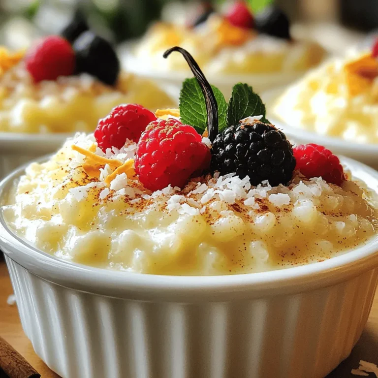 - 1 cup Arborio rice - 4 cups whole milk - 1/2 cup granulated sugar - 1 vanilla bean or 2 teaspoons pure vanilla extract - 1/4 teaspoon salt The main ingredients create the base of this dish. Arborio rice gives a nice creamy texture. Whole milk adds richness and flavor. Sugar sweetens the pudding just right. Vanilla bean or extract gives a warm, sweet aroma. A pinch of salt balances all the flavors. - 2 large egg yolks - 1 teaspoon cornstarch - 1/2 teaspoon ground cinnamon - Fresh berries or toasted coconut Optional ingredients can enhance your pudding. Egg yolks add more creaminess and richness. Cornstarch helps thicken the pudding if you want it extra smooth. Ground cinnamon adds a hint of spice. Fresh berries or toasted coconut can make a lovely topping. They add color and texture, making the dessert even more delightful. 1. First, grab a large saucepan. Combine 1 cup of Arborio rice, 4 cups of whole milk, 1/2 cup of granulated sugar, and 1/4 teaspoon of salt. Stir it all well. Make sure everything mixes evenly. 2. Now, let’s activate that lovely flavor. If you use a vanilla bean, split it in half with a sharp knife. Scrape out the seeds and add them to the saucepan. Toss in the empty pod too. This step boosts the vanilla flavor. If you have pure vanilla extract, save it for later. 3. Place the saucepan on medium heat. Keep stirring now and then. Watch for bubbling; we want it to simmer gently. 4. Once it simmers, lower the heat. Cook the rice pudding for about 25-30 minutes. Stir it often. The rice should become tender, and the mixture thickens into a creamy pudding. 5. While the pudding cooks, take 2 large egg yolks and whisk them in a bowl. If you want extra creaminess, add 1 teaspoon of cornstarch. Mix until smooth. 6. To temper the yolks, ladle one cup of hot pudding into the yolks. Whisk fast! This step stops the yolks from cooking too quickly. 7. Slowly pour the yolk mixture back into the saucepan with the pudding. Stir as you pour. Cook for another 5 minutes. This makes the pudding even thicker. 8. Remove the saucepan from heat. If you used a vanilla pod, take it out now. Stir in 1/2 teaspoon of ground cinnamon and your vanilla extract if you’re using it. 9. Allow the pudding to cool for a bit. Then, transfer it to bowls or ramekins. Now you have a creamy, delicious vanilla bean rice pudding ready to serve! To achieve the best texture for your rice pudding, you can adjust the cooking time. If you want a thicker pudding, let it cook a bit longer. Keep stirring to prevent sticking and burning. If it seems too thick, add a splash of milk to loosen it up. Using cornstarch can also help. Mix 1 teaspoon of cornstarch with the egg yolks. This makes your pudding even creamier. It thickens the pudding without changing the flavor. Choosing the right vanilla is key. Look for high-quality vanilla beans. The seeds have more flavor than extract. Split the bean and scrape the seeds for the best taste. If you use extract, add it at the end of cooking for a fresh flavor. Experiment with spices too. A dash of nutmeg can add warmth. You can also try cardamom for a unique twist. These spices boost the flavor and make your pudding exciting. Serving your rice pudding beautifully makes it more inviting. Use small bowls or elegant ramekins for a nice touch. You can layer the pudding with berries for added color. A sprinkle of toasted coconut adds crunch and style. For a final flourish, dust the top with cinnamon. This not only looks great but also adds flavor. Remember, first impressions matter, even in desserts! {{image_4}} You can easily make this rice pudding dairy-free. Use plant-based milk like almond or coconut milk. These milks give a nice flavor. You can also try oat milk for a creamier texture. If you want to skip the egg yolks, use a vegan egg replacer. This keeps the pudding rich. Want to add a twist? Try adding citrus zest. Lemon or orange zest gives a bright taste. You can also mix in some chocolate. Just melt it and stir it in as the pudding cooks. Other spices like nutmeg or cardamom can add warmth too. Be creative and play with flavors. You can serve your pudding hot or cold. Hot pudding is creamy and comforting. Cold pudding is refreshing, great for warm days. For toppings, think beyond berries and coconut. Try crushed nuts or a drizzle of honey. A sprinkle of cinnamon on top looks pretty and tastes good too. To keep your vanilla bean rice pudding fresh, refrigerate it right away. Use a clean, airtight container. This helps prevent any odors from other foods in the fridge. Keep the pudding at a temperature below 40°F (4°C). If you want, you can cover the pudding with plastic wrap. Place it directly on the surface to reduce skin formation. If you want to save rice pudding for later, freezing works well. First, let it cool completely. Then, scoop it into freezer-safe containers. Leave some space at the top because it will expand as it freezes. To thaw, move it to the fridge overnight. For reheating, warm it gently in a saucepan on low heat or in the microwave. Add a splash of milk for creaminess if it seems too thick. Homemade rice pudding lasts about 4-6 days in the fridge. Check for any off smells or discoloration. If it looks strange or has mold, it’s best to toss it out. Enjoy your delicious dessert while it’s fresh! How do I make rice pudding creamy? To make rice pudding creamy, use Arborio rice. This type of rice has high starch. Cook it slowly with whole milk for rich texture. Stir often while cooking. Adding egg yolks helps thicken it. Cornstarch is optional for extra creaminess. Can I use other types of rice? You can use other rice types, but results may vary. Long-grain rice yields a less creamy pudding. Short-grain rice can work but may not be as rich. Arborio rice is best for a smooth and creamy dessert. What is the origin of rice pudding? Rice pudding has roots in many cultures. It dates back to ancient times. Different regions add unique ingredients. In Europe, it’s a comfort food. In Asia, it often has coconut milk. Each version reflects local tastes. How is vanilla bean rice pudding served around the world? People serve rice pudding in many ways. In Italy, it’s often topped with fruit. In India, it is called kheer and flavored with cardamom. In the U.S., it's a classic dessert enjoyed warm or chilled. What to do if the pudding is too thick? If your pudding is too thick, add a splash of milk. Stir it in slowly until you reach the desired creaminess. Heat gently to mix well. Avoid adding too much at once. How to fix curdled rice pudding? If your pudding curdles, remove it from heat immediately. Stir in a splash of cold milk. This helps cool it down and smooth the texture. If needed, blend it to make it creamy again. In this blog, we explored making delicious rice pudding. We covered the main and optional ingredients, step-by-step instructions, tips, and variations. You can easily adjust for taste or dietary needs. Remember, using quality vanilla and perfecting the texture can make a big difference. If you follow these steps, your rice pudding will impress. Enjoy your creation and feel free to share it with friends and family!