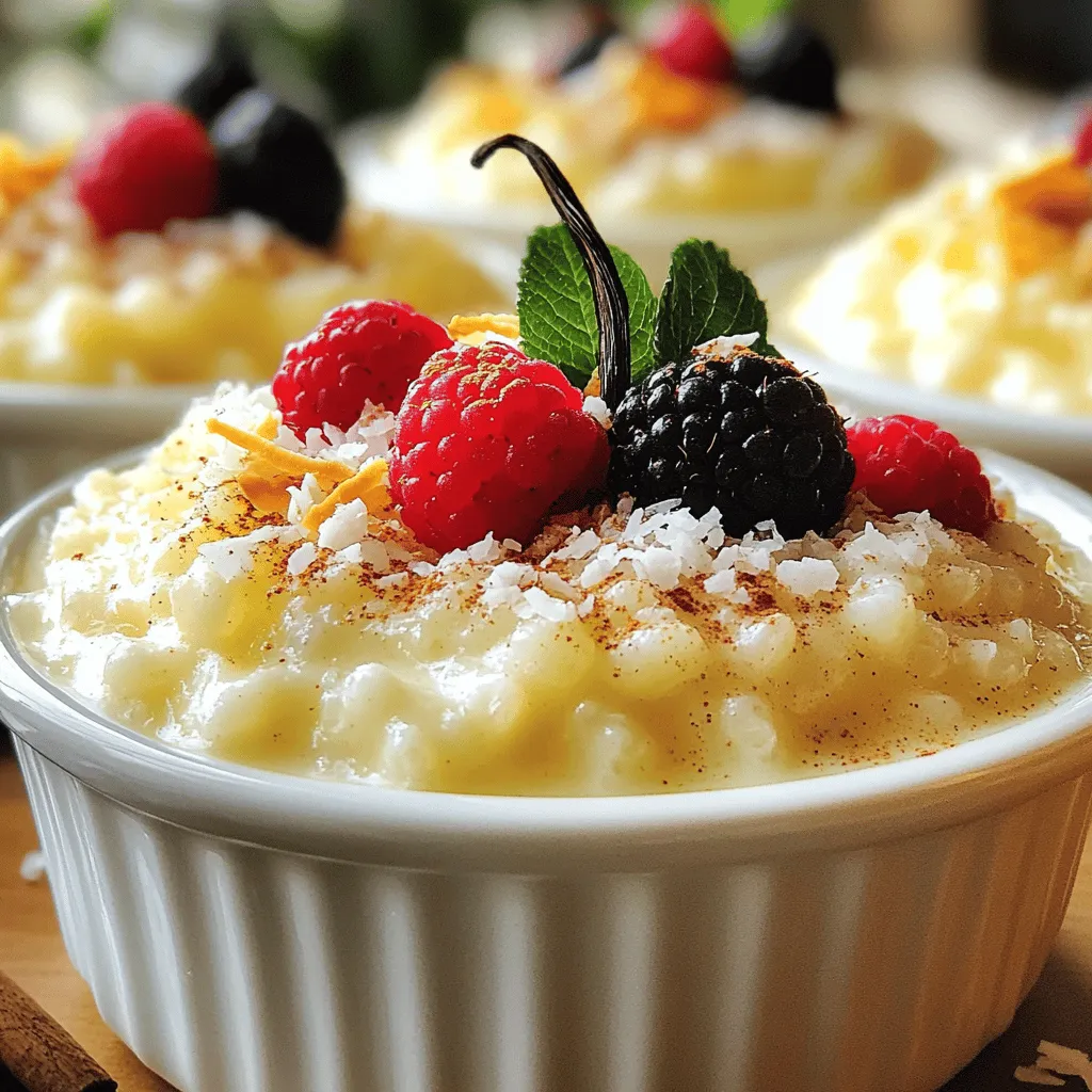 - 1 cup Arborio rice - 4 cups whole milk - 1/2 cup granulated sugar - 1 vanilla bean or 2 teaspoons pure vanilla extract - 1/4 teaspoon salt The main ingredients create the base of this dish. Arborio rice gives a nice creamy texture. Whole milk adds richness and flavor. Sugar sweetens the pudding just right. Vanilla bean or extract gives a warm, sweet aroma. A pinch of salt balances all the flavors. - 2 large egg yolks - 1 teaspoon cornstarch - 1/2 teaspoon ground cinnamon - Fresh berries or toasted coconut Optional ingredients can enhance your pudding. Egg yolks add more creaminess and richness. Cornstarch helps thicken the pudding if you want it extra smooth. Ground cinnamon adds a hint of spice. Fresh berries or toasted coconut can make a lovely topping. They add color and texture, making the dessert even more delightful. 1. First, grab a large saucepan. Combine 1 cup of Arborio rice, 4 cups of whole milk, 1/2 cup of granulated sugar, and 1/4 teaspoon of salt. Stir it all well. Make sure everything mixes evenly. 2. Now, let’s activate that lovely flavor. If you use a vanilla bean, split it in half with a sharp knife. Scrape out the seeds and add them to the saucepan. Toss in the empty pod too. This step boosts the vanilla flavor. If you have pure vanilla extract, save it for later. 3. Place the saucepan on medium heat. Keep stirring now and then. Watch for bubbling; we want it to simmer gently. 4. Once it simmers, lower the heat. Cook the rice pudding for about 25-30 minutes. Stir it often. The rice should become tender, and the mixture thickens into a creamy pudding. 5. While the pudding cooks, take 2 large egg yolks and whisk them in a bowl. If you want extra creaminess, add 1 teaspoon of cornstarch. Mix until smooth. 6. To temper the yolks, ladle one cup of hot pudding into the yolks. Whisk fast! This step stops the yolks from cooking too quickly. 7. Slowly pour the yolk mixture back into the saucepan with the pudding. Stir as you pour. Cook for another 5 minutes. This makes the pudding even thicker. 8. Remove the saucepan from heat. If you used a vanilla pod, take it out now. Stir in 1/2 teaspoon of ground cinnamon and your vanilla extract if you’re using it. 9. Allow the pudding to cool for a bit. Then, transfer it to bowls or ramekins. Now you have a creamy, delicious vanilla bean rice pudding ready to serve! To achieve the best texture for your rice pudding, you can adjust the cooking time. If you want a thicker pudding, let it cook a bit longer. Keep stirring to prevent sticking and burning. If it seems too thick, add a splash of milk to loosen it up. Using cornstarch can also help. Mix 1 teaspoon of cornstarch with the egg yolks. This makes your pudding even creamier. It thickens the pudding without changing the flavor. Choosing the right vanilla is key. Look for high-quality vanilla beans. The seeds have more flavor than extract. Split the bean and scrape the seeds for the best taste. If you use extract, add it at the end of cooking for a fresh flavor. Experiment with spices too. A dash of nutmeg can add warmth. You can also try cardamom for a unique twist. These spices boost the flavor and make your pudding exciting. Serving your rice pudding beautifully makes it more inviting. Use small bowls or elegant ramekins for a nice touch. You can layer the pudding with berries for added color. A sprinkle of toasted coconut adds crunch and style. For a final flourish, dust the top with cinnamon. This not only looks great but also adds flavor. Remember, first impressions matter, even in desserts! {{image_4}} You can easily make this rice pudding dairy-free. Use plant-based milk like almond or coconut milk. These milks give a nice flavor. You can also try oat milk for a creamier texture. If you want to skip the egg yolks, use a vegan egg replacer. This keeps the pudding rich. Want to add a twist? Try adding citrus zest. Lemon or orange zest gives a bright taste. You can also mix in some chocolate. Just melt it and stir it in as the pudding cooks. Other spices like nutmeg or cardamom can add warmth too. Be creative and play with flavors. You can serve your pudding hot or cold. Hot pudding is creamy and comforting. Cold pudding is refreshing, great for warm days. For toppings, think beyond berries and coconut. Try crushed nuts or a drizzle of honey. A sprinkle of cinnamon on top looks pretty and tastes good too. To keep your vanilla bean rice pudding fresh, refrigerate it right away. Use a clean, airtight container. This helps prevent any odors from other foods in the fridge. Keep the pudding at a temperature below 40°F (4°C). If you want, you can cover the pudding with plastic wrap. Place it directly on the surface to reduce skin formation. If you want to save rice pudding for later, freezing works well. First, let it cool completely. Then, scoop it into freezer-safe containers. Leave some space at the top because it will expand as it freezes. To thaw, move it to the fridge overnight. For reheating, warm it gently in a saucepan on low heat or in the microwave. Add a splash of milk for creaminess if it seems too thick. Homemade rice pudding lasts about 4-6 days in the fridge. Check for any off smells or discoloration. If it looks strange or has mold, it’s best to toss it out. Enjoy your delicious dessert while it’s fresh! How do I make rice pudding creamy? To make rice pudding creamy, use Arborio rice. This type of rice has high starch. Cook it slowly with whole milk for rich texture. Stir often while cooking. Adding egg yolks helps thicken it. Cornstarch is optional for extra creaminess. Can I use other types of rice? You can use other rice types, but results may vary. Long-grain rice yields a less creamy pudding. Short-grain rice can work but may not be as rich. Arborio rice is best for a smooth and creamy dessert. What is the origin of rice pudding? Rice pudding has roots in many cultures. It dates back to ancient times. Different regions add unique ingredients. In Europe, it’s a comfort food. In Asia, it often has coconut milk. Each version reflects local tastes. How is vanilla bean rice pudding served around the world? People serve rice pudding in many ways. In Italy, it’s often topped with fruit. In India, it is called kheer and flavored with cardamom. In the U.S., it's a classic dessert enjoyed warm or chilled. What to do if the pudding is too thick? If your pudding is too thick, add a splash of milk. Stir it in slowly until you reach the desired creaminess. Heat gently to mix well. Avoid adding too much at once. How to fix curdled rice pudding? If your pudding curdles, remove it from heat immediately. Stir in a splash of cold milk. This helps cool it down and smooth the texture. If needed, blend it to make it creamy again. In this blog, we explored making delicious rice pudding. We covered the main and optional ingredients, step-by-step instructions, tips, and variations. You can easily adjust for taste or dietary needs. Remember, using quality vanilla and perfecting the texture can make a big difference. If you follow these steps, your rice pudding will impress. Enjoy your creation and feel free to share it with friends and family!