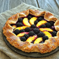 For a tasty blackberry peach galette, you need a few key items: - 1 1/2 cups all-purpose flour - 1/2 teaspoon salt - 1/4 teaspoon sugar - 1/2 cup unsalted butter, cold and cubed - 6-8 tablespoons ice water - 1 1/2 cups fresh blackberries - 2 ripe peaches, thinly sliced - 1/4 cup sugar (adjust for sweetness) - 1 tablespoon cornstarch - 1 teaspoon vanilla extract - 1 teaspoon fresh lemon juice - 1 egg, beaten (for egg wash) - Coarse sugar for sprinkling These ingredients blend well to create a sweet and tangy filling with a flaky crust. You can tweak the recipe to suit your taste. Here are some ideas: - Fruits: Try using nectarines or plums instead of peaches. - Sweetener: Swap regular sugar for brown sugar for a deeper flavor. - Spices: Add a pinch of cinnamon or nutmeg for warmth. - Dairy-Free: Use coconut oil or vegan butter instead of regular butter. These options let you make the galette your own. Picking the right fruits makes all the difference. Here’s how to choose: - Blackberries: Look for plump, dark berries with a shiny surface. Avoid any that are mushy or have mold. - Peaches: Choose peaches that are slightly soft when you gently squeeze them. They should smell sweet and fragrant. - Seasonality: Buy fruits in season for the best flavor. Summer is prime time for both blackberries and peaches. Selecting fresh fruits ensures your galette will burst with flavor. To start, grab a large mixing bowl. Mix 1 1/2 cups of all-purpose flour, 1/2 teaspoon salt, and 1/4 teaspoon sugar. Next, take 1/2 cup of cold, cubed butter. Add it to the flour mix. Use a pastry cutter or your fingers. Blend until it looks like coarse crumbs. The butter pieces should be about the size of peas. Then, add ice water. Start with 6-8 tablespoons, adding one tablespoon at a time. Stir until the dough holds together. If it feels too dry, add a bit more water. Once ready, wrap it tightly in plastic. Chill it in the fridge for at least one hour. This step is key for a flaky crust. In a medium bowl, mix together 1 1/2 cups of fresh blackberries and 2 ripe peaches, thinly sliced. Add 1/4 cup of sugar, adjusting to your taste. Then stir in 1 tablespoon of cornstarch, 1 teaspoon of vanilla extract, and 1 teaspoon of fresh lemon juice. Gently toss the fruit until it’s well mixed. Let the filling sit for about 15 minutes. This wait lets the flavors come together nicely. First, preheat your oven to 400°F (200°C). This ensures a perfect bake. Next, roll out the chilled dough on a lightly floured surface. Aim for a circle about 12 inches wide. Carefully place it on a baking sheet lined with parchment paper. Now, spoon your blackberry-peach mix into the center of the dough. Be sure to leave a 2-inch border around the edges. Next, fold those edges over the fruit. This creates a lovely pleated border. It keeps the juices in while showing off the filling. For a nice finish, brush the outer edge with a beaten egg. Sprinkle coarse sugar on top for extra crunch and sweetness. Bake the galette for 30-35 minutes. Look for a golden brown crust and bubbling fruit. Once baked, let it cool for at least 10 minutes. This helps the juices settle. Enjoy your galette warm or at room temperature! To make the perfect dough, start with cold ingredients. Cold butter helps keep the dough flaky. Mix the flour, salt, and sugar in a large bowl. Then, add cold, cubed butter. Use a pastry cutter or your fingers to mix until you see pea-sized pieces of butter. This is key for a great texture. Next, add ice water a tablespoon at a time. Mix gently until the dough holds together. Don’t overwork it; you want a light touch. Wrap it in plastic wrap and chill for at least one hour. This resting time makes the dough easier to roll out. Garnishing makes your galette look stunning. After baking, sprinkle coarse sugar on the edges. This gives it a nice sparkle and extra crunch. You can also add a fresh mint leaf or two on top for a pop of color. If you like, drizzle a little honey over the fruit just before serving. Serve your galette warm or at room temperature. A scoop of vanilla ice cream pairs perfectly with the warm fruit. You can also add a dollop of whipped cream. For a fun twist, try a sprinkle of cinnamon or nutmeg over the top. Sharing this dessert with friends and family makes it even better! {{image_4}} You can change the fruits in your galette for new flavors. Try using apples, pears, or even cherries. Each fruit brings its own taste. Apples add a crisp bite, while pears are soft and sweet. You can mix different fruits, too. Blackberries pair well with strawberries or raspberries. Just keep the same amounts as the recipe calls for. Want to spice things up? Add a pinch of cinnamon or nutmeg to the fruit mix. These spices bring warmth to the galette. Ginger can add a nice zing as well. You can also try adding a few sprigs of fresh mint for a refreshing taste. Just remember to keep the spices light, so the fruit still shines. You can make this galette gluten-free with a simple swap. Use a gluten-free flour blend instead of all-purpose flour. Make sure it works for baking. For a vegan version, skip the egg wash. Use a plant-based milk to brush the edges instead. This keeps the crust golden while making it vegan-friendly. Both options let everyone enjoy this tasty dessert. After you enjoy your blackberry peach galette, store any leftovers properly. Place slices in an airtight container. This keeps the crust crisp and the fruit fresh. You can also wrap the galette in plastic wrap. Make sure to store it in the fridge. It will last for up to three days. If you want to keep it longer, freezing is a great option. When you want to enjoy your galette again, reheating is simple. Preheat your oven to 350°F (175°C). Place the galette on a baking sheet. Cover it loosely with foil to prevent burning. Bake for about 10-15 minutes. This warms it through and makes the crust crispy again. You can also use a microwave, but it won’t keep the crust crunchy. Freezing your blackberry peach galette lets you enjoy it later. First, let it cool completely. Wrap the whole galette tightly in plastic wrap. Then, place it in a freezer bag or a container. It will keep well for up to three months. When you’re ready to eat it, thaw it in the fridge overnight. Then, reheat it in the oven for the best taste and texture. Yes, you can use frozen fruits for the filling. They work well, but you must adjust the baking time. Frozen fruits may release more juice than fresh ones. If you use them, add a bit more cornstarch to help thicken the filling. Thaw and drain the fruit before mixing with sugar and spices. This change keeps the galette from becoming soggy. If you need a substitute for cornstarch, try using all-purpose flour. Use about twice the amount of flour compared to cornstarch. You can also use arrowroot powder or tapioca starch. Each option will help thicken the fruit juices. Choose what you have on hand for a quick fix. To tell if the galette is done, look for a golden crust. The filling should bubble, and the juices should thicken. A good baking time is 30-35 minutes at 400°F (200°C). You can also insert a toothpick into the crust. If it comes out clean, your galette is ready to enjoy! You’ve learned how to make a delicious blackberry peach galette. We covered ingredients, from essentials to tasty options. I shared tips for picking the best fruit and step-by-step instructions. You also discovered ways to make perfect dough and how to present your dish. Plus, there are variations to keep things exciting and storage tips for leftovers. Now, it's time to bake your galette and enjoy every bite!