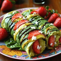 - Whole wheat tortillas - Ripe avocado - Fresh spinach leaves - Strawberries - Feta cheese - Balsamic glaze - Salt and pepper - Optional sweetener (honey or agave syrup) To make Avocado Strawberry Spinach Wraps, you need simple, fresh ingredients. First, grab two large whole wheat tortillas for a hearty base. Next, choose a ripe avocado. It should feel soft when you press it gently. You will also need one cup of fresh spinach leaves. Wash and dry them well for the best flavor. Strawberries are a must! Use one cup, hulled and sliced, to add sweetness. Crumbled feta cheese brings a nice tangy taste; you will want about ¼ cup. For flavor, we will drizzle 2 tablespoons of balsamic glaze on top. Don't forget the salt and pepper to taste! If you enjoy sweetness, add an optional tablespoon of honey or agave syrup to the avocado. This mix of flavors and textures makes the wraps delicious and healthy. To start, you need to prepare the filling. Grab a ripe avocado and place it in a small bowl. Use a fork to mash it until it's smooth and creamy. This is the base of your wrap. Next, season the avocado with salt and pepper to taste. If you want a touch of sweetness, mix in one tablespoon of honey or agave syrup. This adds a nice balance to the flavors. Now, it’s time to assemble your wraps. Take two large whole wheat tortillas and lay them flat on your counter. With a spatula or the back of a spoon, spread a good amount of the mashed avocado in the center of each tortilla. Leave about an inch of space around the edges. Next, layer fresh spinach leaves over the avocado. Make sure the spinach covers it well. Then, add the sliced strawberries on top of the spinach. Their sweetness will pair perfectly with the other ingredients. For added flavor, sprinkle crumbled feta cheese over the strawberries. The tanginess of the cheese really enhances the taste. Finally, drizzle balsamic glaze across the top. This glaze brings a rich sweetness and acidity that ties everything together. Now for the fun part—rolling the wraps! Start by folding in both sides of the tortilla towards the center. This helps keep the filling inside. Then, roll the tortilla tightly from the bottom up. Make sure it’s secure. For a nice presentation, slice each wrap in half diagonally before serving. Arrange the wraps on a vibrant plate. You can also garnish with extra sliced strawberries and a drizzle of balsamic glaze on the side. This makes your dish look even more appealing and fresh. You can easily change these wraps to fit your taste. Adding protein is a great way to make them heartier. - Chicken: Grilled chicken adds a nice flavor and protein boost. - Tofu: Marinated tofu makes a great plant-based option. Feel free to experiment with different cheese types. Here are some tasty ideas: - Goat cheese: This adds a creamy texture and rich taste. - Mozzarella: It melts well and brings a mild flavor. To make your wraps even tastier, consider adding spices or herbs. Here are some options to try: - Basil: Fresh basil leaves add a sweet and fragrant touch. - Mint: This herb brings a refreshing flavor that pairs well with strawberries. Balancing flavors is key. You can use sauces to add depth. Here are some suggestions: - Honey mustard: This adds sweetness and tang. - Sriracha: A little heat can balance the sweetness of the strawberries. These tips will help you create wraps that burst with flavor and personality! {{image_4}} You can switch up the veggies and fruits in this recipe. Using kale or arugula can add a different taste and texture. These greens provide more nutrients and a nice crunch. If you want to try new fruits, blueberries or mango work great too. Blueberries add a sweet burst, while mango gives a tropical twist. Both choices keep the wraps fresh and exciting. Need a gluten-free option? Look for gluten-free tortillas in stores. They taste just as good and keep the wrap intact. For a vegan version, you can skip the feta cheese. Try using crumbled tofu or a nut cheese instead. These options add creaminess without dairy. You can still enjoy the flavor and texture of the wraps while sticking to your diet. To keep your avocado strawberry spinach wraps fresh, wrap them tightly in plastic wrap or foil. This helps prevent air from getting to them. Place the wrapped wraps in an airtight container. Store them in the fridge. They will stay good for about 2 days. After that, the freshness starts to fade. Always check for any signs of spoilage before eating. You can freeze assembled wraps, but it is best to do so without the fresh ingredients. The avocado and strawberries can become mushy. To freeze, wrap each assembled but unfilled wrap in plastic. Place the wrapped wraps in a freezer-safe bag or container. They will last for about a month in the freezer. When you’re ready to eat, thaw the wraps in the fridge overnight. For reheating, you can use a skillet or microwave. If using a skillet, heat on low until warm. Enjoy your delicious wraps without losing their fresh flavors! Avocado strawberry spinach wraps are a fresh and tasty meal. They combine creamy avocado, sweet strawberries, and crisp spinach. Whole wheat tortillas hold all these flavors together. The sprinkle of feta cheese adds a nice tang. A drizzle of balsamic glaze gives it a sweet and sour boost. This dish is colorful and packed with nutrients. You'll love how easy it is to make! Yes, you can make these wraps ahead of time. To keep them fresh, wrap each one tightly in plastic wrap. Store them in the fridge for up to two days. Just prepare the filling, and assemble the wraps when you’re ready to eat. If you want to add some crunch, wait to add the strawberries until just before serving. This way, they stay fresh and juicy. These wraps are very healthy! They are full of vitamins, minerals, and healthy fats. The ripe avocado provides good fats that help your heart. Spinach is rich in iron and fiber, which is great for digestion. Strawberries are full of antioxidants and vitamin C. Whole wheat tortillas offer more fiber than regular ones. You can enjoy these wraps guilt-free, knowing they support a balanced diet. These avocado strawberry spinach wraps are fresh, colorful, and easy to make. We covered the simple steps to prepare the filling, assemble the wraps, and serve them beautifully. You can customize them with your favorite proteins and cheeses, or swap in different fruits and veggies. Don’t forget, they store well in the fridge and can freeze, too. I hope you feel inspired to try these wraps and make them your own. Enjoy a tasty meal that’s both healthy and fun!