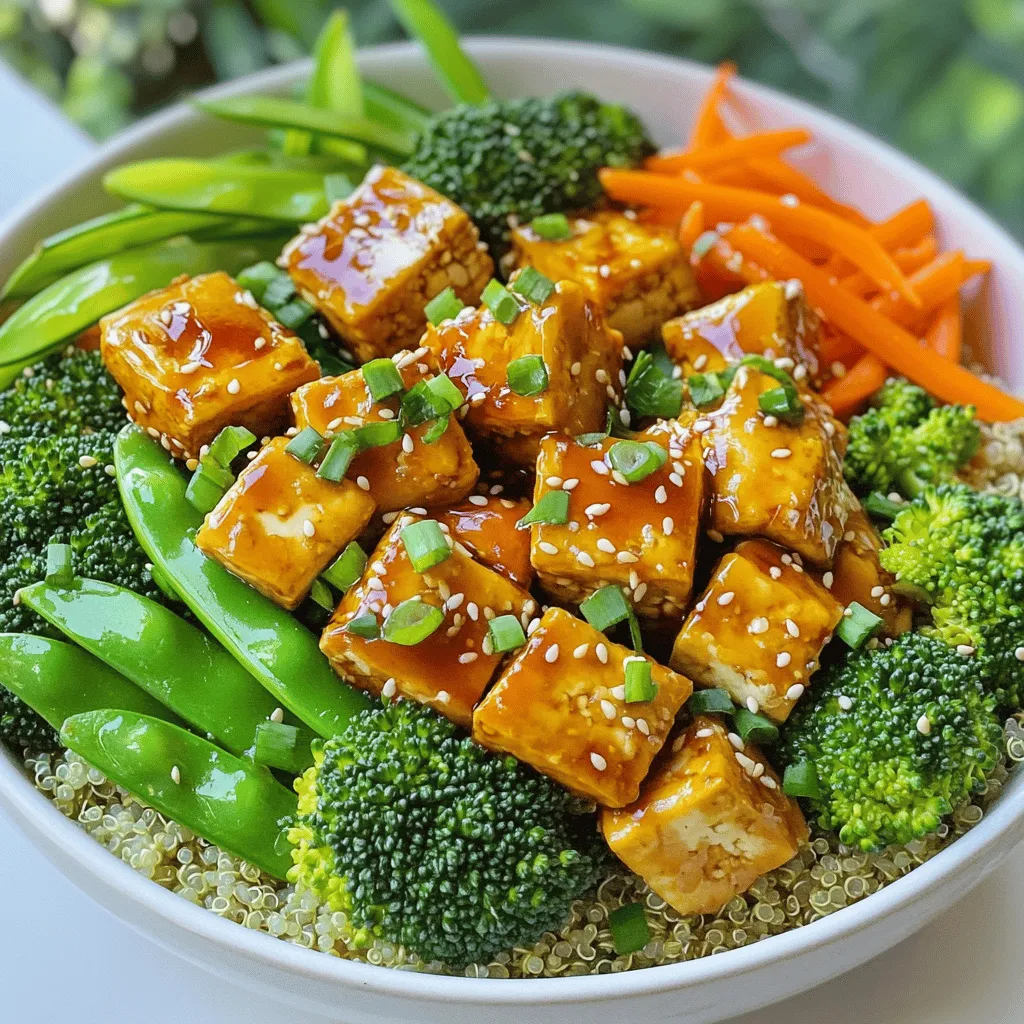 - 1 block firm tofu, pressed and cubed - 1/4 cup teriyaki sauce, divided - 2 cups cooked quinoa (tri-color for visual appeal) - 1 cup fresh broccoli florets - 1 cup julienned carrots - 1 cup snap peas To make a great Teriyaki Tofu Buddha Bowl, start with firm tofu. It holds its shape well. Press the tofu to remove excess water. This step helps the tofu absorb flavors better. Next, we need teriyaki sauce. It adds sweetness and depth to the dish. Cooked quinoa is a must for a hearty base. I suggest using tri-color quinoa for a pop of color. Fresh broccoli, julienned carrots, and snap peas give crunch and nutrition. These veggies are vibrant and tasty. - 2 green onions, finely sliced - 1 tablespoon sesame seeds (toasted for flavor) Garnishing elevates the bowl's look and taste. Green onions add a mild onion flavor. Toasted sesame seeds give a nice crunch and nutty taste. You can also mix in other toppings if you like. - 1 tablespoon sesame oil - 1 tablespoon extra virgin olive oil - Salt and pepper, to taste Sesame oil and olive oil are key for sautéing the vegetables. They bring out the flavors and keep the dish healthy. Don’t forget to season with salt and pepper. Adjust these to your taste. This balance of ingredients makes the bowls healthy and satisfying. Each bite will be flavorful and fun! Preheating the Oven Start by preheating your oven to 400°F (200°C). This temperature makes the tofu crispy and golden. Coating the Tofu Take your block of firm tofu and press it to remove excess water. Once dry, cut it into cubes. Place the cubes in a bowl and add 2 tablespoons of teriyaki sauce. Mix gently to coat all sides. Spread the tofu in a single layer on a parchment-lined baking sheet. Bake for 25-30 minutes, flipping halfway through. You want it crispy on the outside. Temperature Guidelines Use a large non-stick skillet for cooking. Heat it on medium heat. Add 1 tablespoon of sesame oil and 1 tablespoon of olive oil. Cooking Process Once the oil is hot, toss in 1 cup of fresh broccoli florets, 1 cup of julienned carrots, and 1 cup of snap peas. Sauté the veggies for about 5-7 minutes. Stir occasionally to keep them bright and tender. Add salt and pepper to taste. Serving Size Preparation For each serving, start with a base of 2 cups of cooked quinoa. This grain provides a nutty flavor and fills you up. Layering Ingredients On top of the quinoa, layer the sautéed vegetables. Next, add a hearty portion of the roasted teriyaki tofu. This makes a colorful and filling meal. Sauce Drizzle Drizzle the remaining teriyaki sauce over the assembled bowls. This adds extra flavor and ties the dish together. Adding Green Onions and Sesame Seeds Finally, sprinkle with 2 finely sliced green onions and 1 tablespoon of toasted sesame seeds. This adds crunch and a pop of color to your dish. Enjoy your Teriyaki Tofu Buddha Bowls warm! - Baking Techniques: For best results, use firm tofu. Press it well to remove excess water. This helps the tofu absorb flavors and achieve a crispy texture. Coat the cubes in teriyaki sauce and spread them evenly on a baking sheet. Bake at 400°F for a golden-brown finish. - Flipping Tips: Flip the tofu halfway through baking. This ensures even cooking and crispiness on all sides. Use a spatula to gently turn each piece without breaking them. - Timing for Optimal Crispness: Add vegetables to the pan when the oil is hot. Sauté them for about 5-7 minutes. Stir occasionally to cook evenly. Watch the colors; vibrant veggies mean they are cooked just right. You want them tender but still crunchy. - Serving Suggestions: Start with a base of quinoa in each bowl. Layer your sautéed vegetables on top, then add the crispy tofu. This creates a beautiful and colorful dish. - Bowl Composition: For an eye-catching presentation, sprinkle sliced green onions and toasted sesame seeds on top. You can also drizzle extra teriyaki sauce for added flavor. Consider adding sliced avocado or crushed peanuts for extra texture and taste. {{image_4}} You can switch up the protein in your Buddha bowls. Try different types of tofu, like smoked or marinated. These options add unique flavors and textures. You can also use tempeh, which has a nutty taste. Another great choice is chickpeas. They pack protein and pair well with the teriyaki sauce. Feel free to mix in different vegetables based on the season. In spring, use fresh asparagus or peas. In autumn, add roasted sweet potatoes or brussels sprouts. These seasonal choices not only taste great but also add color to your bowl. Mix and match to create a vibrant meal. You can make teriyaki sauce at home or buy it from the store. Homemade sauce can be simple. Just combine soy sauce, honey, garlic, and ginger. This way, you control the flavors and sweetness. If you want more depth, try adding a splash of lime or a pinch of chili flakes. These small changes can make a big impact on your dish. To store leftovers, let the Teriyaki Tofu Buddha Bowls cool to room temperature. Divide them into airtight containers. Keep them in the fridge for up to four days. Label the containers with the date. This way, you know when to enjoy them again. You can freeze cooked bowls but not uncooked ones. For freezing, separate the tofu and veggies from the quinoa. Place each in freezer-safe bags. They can last up to three months in the freezer. When ready to eat, thaw them in the fridge overnight. To reheat, use the oven or microwave. If using the oven, set it to 350°F (175°C). Heat for about 15 minutes. This keeps the tofu crispy. If using a microwave, heat it in short bursts. Stir between intervals to keep the texture nice. Yes, you can make Teriyaki Tofu Buddha Bowls vegan. All the ingredients in this dish are plant-based. The tofu serves as the protein source. You only need to check the teriyaki sauce. Some brands may add honey or other animal products. Look for sauces labeled vegan to keep it plant-based. If you need a substitute for quinoa, try brown rice or couscous. Both work well as a base. You can also use farro or barley for a nutty flavor. Each grain adds its unique texture and taste. Just make sure to cook them according to package directions. Buddha bowls can last about three to five days in the fridge. Store them in an airtight container. Keep the sauce separate if you want to avoid soggy veggies. When ready to eat, just reheat and add the sauce back on top. This blog post covered how to create delicious Teriyaki Tofu Buddha Bowls. We explored the main ingredients like tofu, teriyaki sauce, quinoa, and veggies. I shared step-by-step instructions, tips for perfecting your dish, and variations to spark creativity. Proper storage tips ensure your leftovers stay tasty. Enjoy making this bowl full of flavors. You can mix ingredients and customize it to your taste. Your kitchen adventure awaits!