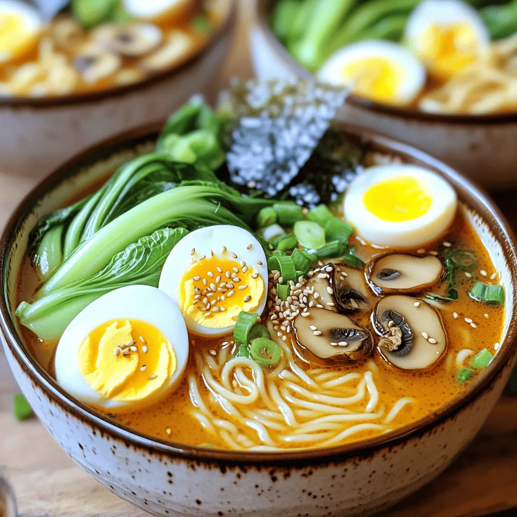 - 4 cups of chicken or vegetarian broth - 3 tablespoons of miso paste (red or white) - 2 packs of instant ramen noodles (discard the seasoning packets) - 1 cup of shiitake mushrooms, sliced - 1 cup of baby bok choy, halved - 2 green onions, chopped - 2 boiled eggs, halved - Nori sheets, cut into strips - Sesame seeds, for garnish Gather these simple ingredients to create your spicy miso ramen. The broth is the heart of the dish. Choose between chicken or vegetarian broth based on your preference. Miso paste adds a rich, savory flavor. You can use red for a stronger taste or white for a milder flavor. The fresh ingredients bring life to the bowl. Shiitake mushrooms add umami and a nice texture. Baby bok choy gives a crispness and vibrant color. Green onions add a fresh kick with each bite. Don’t forget the garnishes! A halved boiled egg adds creaminess. Nori sheets bring a hint of ocean flavor, while sesame seeds add a nice crunch. Each ingredient plays a vital role, making your ramen flavorful and enjoyable. 1. Heating the Sesame Oil: Start by heating 1 tablespoon of sesame oil in a large pot over medium heat. This oil adds a nutty flavor to your broth. 2. Sautéing Green Onions: Next, add 2 chopped green onions to the pot. Sauté them for about 2 minutes. You want them fragrant and slightly tender, not brown. 3. Mixing in Miso and Seasoning: Now, introduce 1 cup of sliced shiitake mushrooms. Cook these for 3 minutes until they soften. Stir in 3 tablespoons of miso paste, 1 tablespoon of soy sauce, and 1 tablespoon of chili paste. Mix well until everything dissolves evenly. 1. Boiling Noodles: In a separate pot, boil water. Add 2 packs of instant ramen noodles. Cook them for 3 to 4 minutes, based on package instructions. 2. Cooking Baby Bok Choy: In the last minute of cooking, add 1 cup of halved baby bok choy. This keeps it crisp and bright. 3. Combining Ingredients: Once done, drain the noodles and bok choy. Pour 4 cups of chicken or vegetarian broth into the pot with the sautéed mix. Bring it to a simmer for about 10 minutes. This step helps all the flavors blend nicely. 1. Plating the Ramen: Grab some deep bowls. Place a generous portion of ramen noodles and a few halves of bok choy in each bowl. 2. Ladling Broth Over Noodles: Carefully ladle the hot miso broth over the noodles. Make sure to include plenty of mushrooms for texture and flavor. 3. Final Garnishes: Top each bowl with a halved boiled egg, a sprinkle of sesame seeds, and strips of nori. These garnishes add a nice touch and enhance your dish’s look. Adjusting the Heat Level To make your broth just right, start with one tablespoon of chili paste. If you want more heat, add more chili paste a little at a time. Taste as you go. This way, you control the spice! Flavor Enhancements For a deeper flavor, try adding a splash of soy sauce or a bit of garlic. You can also include some ginger to bring warmth. Each small change adds to your broth’s richness. Avoiding Overcooked Noodles Cook the ramen noodles for only 3 to 4 minutes. Keep an eye on them! If you overcook, they will get mushy. Drain them well before adding to the broth. Alternatives to Instant Ramen If you want to skip instant ramen, use fresh or dried noodles. Fresh noodles cook quickly and taste amazing. Dried noodles take a bit longer but are just as good. Serving Suggestions Use deep bowls for serving your ramen. This helps keep the broth hot and looks great! Layer the noodles and bok choy nicely before adding the broth. Garnishment Ideas Top each bowl with a halved boiled egg and a sprinkle of sesame seeds. You can also add strips of nori for a lovely touch. Fresh green onions add color and flavor as well. {{image_4}} You can make spicy miso ramen vegetarian or vegan easily. For the broth, swap chicken broth for vegetable broth. This change keeps the flavor rich and satisfying. For garnishes, you can use tofu instead of boiled eggs. Tofu adds protein and texture. You can also add more vegetables like carrots or corn for extra color and taste. To adjust the spice level, you can change the amount of chili paste. If you like it mild, use just half a tablespoon. If you want it hot, add one to two tablespoons. You can also try different chili pastes for unique flavors. Gochujang is a great choice for a sweet and spicy kick. Feel free to get creative with toppings! You can add alternative vegetables such as spinach, bean sprouts, or bok choy. These add freshness and crunch to your bowl. For proteins, consider using grilled chicken, pork belly, or shrimp. These options will elevate your ramen and create a hearty meal. Customize your bowl to suit your taste and enjoy the fun of creating your own spicy miso ramen! To keep your spicy miso ramen fresh, store it in the fridge. Place the broth and noodles in separate containers. This helps avoid soggy noodles. Use airtight containers to keep flavors intact. Your ramen will stay good for about 3 days. Before serving, reheat the broth and noodles separately. If you want to save ramen longer, try freezing it. Pour the cooled broth into freezer bags. Label the bags with dates. Freeze the noodles separately. They’ll stay good for about 2 months. 1. Cool the broth entirely before freezing. 2. Divide noodles into portions. 3. Seal bags tightly to prevent freezer burn. To reheat, thaw the broth in the fridge overnight. Heat it in a pot over medium heat until hot. Cook the frozen noodles in boiling water for about 3-4 minutes. Combine both for a quick meal. Meal prep makes busy days easier. Cook a large batch of spicy miso ramen. Store it in meal prep containers. Divide into single servings. Prepare the broth and noodles ahead. Store fresh veggies like bok choy and mushrooms separately. This way, they stay crisp. Use fresh ingredients for the best taste. Wash and chop veggies just before cooking. Avoid cutting them too early to keep their crunch. To make spicy miso broth, you need simple ingredients: - 4 cups of chicken or vegetarian broth - 3 tablespoons of miso paste - 1 tablespoon of soy sauce - 1 tablespoon of chili paste - 1 tablespoon of sesame oil - 1 cup of shiitake mushrooms, sliced - 2 chopped green onions Start by heating sesame oil in a pot. Then, sauté the green onions for two minutes. Add the mushrooms and cook for three more minutes. Stir in the miso paste, soy sauce, and chili paste. Mix well and then add the broth. Simmer for about ten minutes to blend the flavors. This broth is warm, spicy, and full of umami. Yes, you can use either red or white miso paste. Red miso is stronger and saltier. It gives a rich flavor. White miso is milder and slightly sweet. It works well for a lighter taste. Experiment with both to find your favorite. Each type adds its unique twist to your ramen. For a great bowl of spicy miso ramen, try local ramen shops. Many cities have cozy ramen bars with authentic flavors. Look for restaurants that focus on fresh ingredients. Ask friends or check online reviews for top recommendations. Some places even offer custom spice levels to suit your taste. Enjoying ramen in a lively spot adds to the experience! This blog post covered how to create your own spicy miso ramen. We explored the key ingredients, from rich miso paste to fresh vegetables. I shared step-by-step instructions for preparing the broth and cooking the noodles. You also learned important tips for perfecting your dish and various ways to personalize it. In the end, making this ramen can be fun and rewarding. By following these steps, you can enjoy a warm bowl at home or impress friends with your chef skills. Get creative and make it your own!