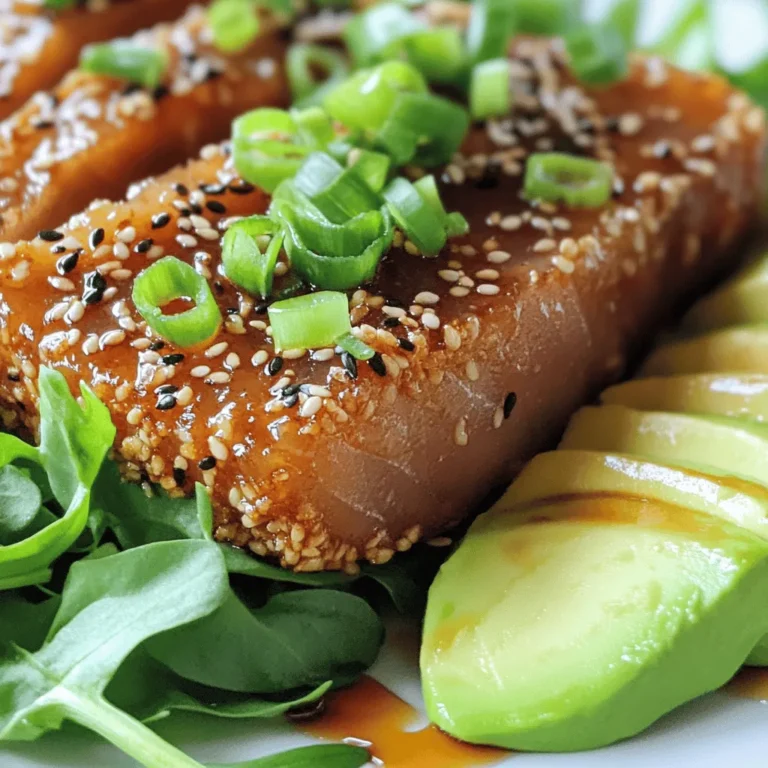 - 2 Ahi tuna steaks (approximately 6 oz each) - 1/4 cup mixed sesame seeds (black and white) - 1 tablespoon soy sauce - 1 tablespoon sriracha sauce - 1 tablespoon extra virgin olive oil - 1 teaspoon freshly grated ginger - 1 clove garlic, minced - Sea salt and freshly cracked black pepper to taste - 2 green onions, thinly sliced (for garnish) - 1 ripe avocado, thinly sliced (for serving) - 2 cups fresh mixed greens (for serving) - Additional herbs for garnish (cilantro, mint) - Avocado dressing or vinaigrette - Rich in Omega-3 fatty acids - High protein content - Low in calories Ahi tuna is a star in this dish. It’s not just tasty; it's also healthy. Ahi tuna gives you omega-3 fats, which are good for your heart. Each steak is packed with protein, which helps you feel full. Plus, it's low in calories, making it a great choice. The sesame seeds add a nice crunch. They also bring healthy fats and nutrients. Using both black and white seeds makes the dish look pretty too. The soy sauce and sriracha give a spicy and savory kick. Fresh ginger and garlic add depth to the flavor. Don’t forget the avocado! It’s creamy and balances the dish. Mixed greens add freshness and color. You can use any greens you like, such as spinach or arugula. For a special touch, you can add herbs like cilantro or mint. A drizzle of vinaigrette or avocado dressing can enhance the flavors even more. This dish is not just quick; it's also colorful and full of flavor. - Combine marinade ingredients in a bowl. - Marinate Ahi tuna steaks for 15 minutes. Start by mixing the soy sauce, sriracha, olive oil, ginger, garlic, sea salt, and black pepper in a small bowl. Whisk until smooth. This mixture adds a spicy kick and depth to the tuna. After mixing, place your Ahi tuna steaks in a shallow dish. Pour the marinade over them, making sure they are well coated. Let them soak up the flavors for about 15 minutes. - Press tuna steaks into sesame seeds. - Sear tuna steaks in a skillet for 1-2 minutes per side. - Rest and slice the tuna against the grain. Once the tuna has marinated, take it out and press each steak into the mixed sesame seeds. This creates a nice crust. Next, heat a non-stick skillet over medium-high heat. Drizzle a bit of olive oil into the pan. Carefully add the sesame-crusted tuna steaks. Cook them for about 1 to 2 minutes on each side. This gives a nice sear, while keeping the inside rare. After cooking, let the tuna rest for about a minute. Then, slice it thinly against the grain to keep it tender. - Arrange mixed greens and avocado on plates. - Garnish with green onions. For a beautiful plate, start by placing a handful of fresh mixed greens on each plate. Next, add thin slices of ripe avocado beside the greens. Finally, fan out the sliced Ahi tuna on top. To finish, sprinkle thinly sliced green onions over the dish. This adds color and a burst of flavor. Enjoy your spicy sesame crusted Ahi tuna! For the perfect sear on your Ahi tuna, the cooking time is key. Sear each side for 1-2 minutes for a rare finish. If you prefer it more cooked, add 30 seconds to each side. Keep a close eye while cooking. Overcooking can dry out the tuna. The goal is a warm center with a nice crust. To prevent overcooking, make sure your skillet is hot before adding the tuna. This helps create a quick sear, locking in moisture. Use a non-stick skillet to ensure a smooth flip. Trust me, a little patience goes a long way here! Marinating Ahi tuna is easy. Combine soy sauce, sriracha, olive oil, ginger, and garlic. Let the tuna soak for 15 minutes. This time allows the flavors to seep in without overpowering the fish. If you want to switch things up, try different marinades. You can substitute soy sauce with tamari for a gluten-free option. Add some lime juice for a zesty kick, or swap sriracha for a sweeter sauce like teriyaki. A beautiful plate makes food more appealing. For an elegant look, layer your Ahi tuna in a fan shape on a large white dish. This lets the colors pop. Next, add avocado slices on the side. The green from the avocado pairs well with the pink tuna. For an extra touch, drizzle any leftover marinade over the mixed greens. This adds flavor and makes the dish visually appealing. Remember, we eat with our eyes first! {{image_4}} You can make the Spicy Sesame Crusted Ahi Tuna even more exciting. One way is to add extra chili flakes to the sesame crust. This gives your tuna an extra kick. If you prefer sweetness, try a sweet sesame variant. Just add a hint of honey to the marinade. This balances the heat and adds a nice flavor. Serving Ahi tuna with different greens can change the meal. You can use arugula for a peppery taste or spinach for a mild flavor. Pairing the tuna with jasmine rice is also a great idea. The soft rice soaks up the juices, making every bite delicious. For those who need gluten-free options, use tamari instead of soy sauce. This keeps all the flavor without the gluten. If you want a vegan alternative, try using tofu instead of tuna. Press the tofu to remove water and follow the same steps for marinating and searing. This way, everyone can enjoy a tasty meal! To keep your spicy sesame crusted Ahi tuna fresh, store it in the fridge. Use an airtight container for best results. Place a piece of parchment paper between the tuna and the lid to absorb moisture. This method helps maintain flavor and texture. You can safely consume leftovers for up to two days. After that, the quality may decline. Always check for any off smells or changes in texture before eating. When reheating Ahi tuna, aim to keep it moist. The best way is to use the stovetop. Heat a non-stick pan over low heat. Add a drop of oil and place the tuna in the pan. Heat for just a minute on each side. This method helps preserve the texture. Avoid using the microwave, as it can dry out the tuna. If you must use it, cover the tuna with a damp paper towel to keep moisture in. Yes, you can freeze raw Ahi tuna. Wrap each steak tightly in plastic wrap. Then place them in a freezer bag. This prevents freezer burn and keeps them fresh. You can safely freeze raw tuna for up to three months. For cooked tuna, wait until it cools completely. Wrap it in plastic wrap and then in foil. This helps to keep the flavors intact. Cooked tuna can be frozen for up to one month. Always label your bags with the date for easy tracking. I love searing Ahi tuna. Searing gives a nice crust. It locks in flavor and keeps the inside tender. Grilling is another option. It adds a smoky taste. However, grilling can dry out the fish if not watched closely. For perfect searing, heat your skillet until it's hot. Then, add a little olive oil. Cook each side for 1-2 minutes. Adjust time for your doneness preference. Always remember, Ahi tuna is best served rare or medium-rare. Yes, Ahi tuna can be eaten raw. In fact, sushi-grade Ahi tuna is safe to eat raw. Sushi-grade means it meets high standards for freshness. You can find it at fish markets or specialty stores. Always ask your fishmonger about its quality. If you are unsure, you can freeze it first to kill any parasites. This step adds safety for raw consumption. Enjoy it in sushi or sashimi for the best experience. When choosing Ahi tuna, look for bright color. Fresh Ahi has a deep red hue. It should feel firm to the touch, not mushy. A fresh fish will also have a clean, ocean-like smell. Avoid any fish that smells strong or off. For sustainability, check for eco-friendly labels. Look for tuna caught using sustainable methods. This choice helps protect our oceans. I recommend serving Ahi tuna with fresh mixed greens. They add crunch and freshness. You can also add slices of ripe avocado for creaminess. For a light touch, a citrus vinaigrette enhances the dish. Regarding wine, a crisp white wine works well. A Sauvignon Blanc or a light Pinot Grigio pairs nicely. This combination balances the spice of the tuna. Enjoy your meal! You can create a delicious Spicy Sesame Crusted Ahi Tuna dish using simple ingredients and easy steps. Marinating tuna adds great flavor, and searing gives it a tasty crust. Remember to include fresh greens and avocado for a healthy touch. With its rich Omega-3s and protein, this meal benefits your diet. Whether you enjoy it like this or try different flavor twists, it’s sure to impress. Enjoy experimenting with this dish in your kitchen! Your taste buds will thank you.