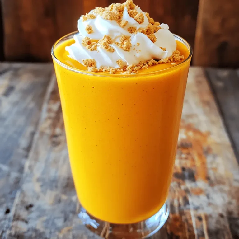 To create this tasty Pumpkin Spice Cheesecake Smoothie, you'll need the following items: - 1 cup pumpkin puree (you can use canned or fresh) - 1 frozen banana (this adds creaminess) - 1/2 cup Greek yogurt (plain or vanilla works well) - 1/2 cup almond milk (or any milk you prefer) - 2 tablespoons maple syrup (adjust to your taste) - 1 teaspoon pumpkin pie spice (a mix of warm spices) - 1/2 teaspoon vanilla extract (for extra flavor) - 1 tablespoon cream cheese (softened for a smooth texture) - Optional: whipped cream and crushed graham crackers (for fun toppings) These ingredients combine to make a rich and creamy smoothie. The pumpkin puree gives it a warm, fall flavor. The frozen banana helps make it thick and smooth. Greek yogurt adds protein and creaminess. Almond milk keeps it light, while maple syrup sweetens it just right. Pumpkin pie spice brings in that cozy, spiced taste. Vanilla extract adds depth, and cream cheese makes it feel like cheesecake. Feel free to experiment with the optional toppings. Whipped cream and crushed graham crackers can make this smoothie feel even more like dessert! To start, gather your ingredients. You need pumpkin puree, a frozen banana, Greek yogurt, almond milk, maple syrup, pumpkin pie spice, vanilla extract, and cream cheese. This smoothie is quick to make. It takes only about 10 minutes from start to finish. First, add all the ingredients into your blender. Put in the pumpkin puree, frozen banana, Greek yogurt, almond milk, maple syrup, pumpkin pie spice, vanilla extract, and cream cheese. Blend on high speed. You want the mix to be smooth and creamy. Make sure there are no lumps left. This step is key for a perfect texture. After blending, taste your smoothie. If you want it sweeter, add more maple syrup. Blend again for a few seconds to mix it well. If you like it thicker, toss in a few ice cubes. Blend until it’s creamy and smooth again. This way, you can make it just how you like! This smoothie is great for breakfast or a snack. Serve it in tall, clear glasses to show off its rich color. Add whipped cream on top for extra fun. A sprinkle of crushed graham crackers makes it look fancy. You can even add a cinnamon stick for a cute touch. Enjoy this smoothie with a friend or save some for later! To get the best texture, start with softer ingredients. Add the pumpkin puree and frozen banana first. Then, layer the Greek yogurt and almond milk on top. This helps everything blend smoothly. Use high speed to mix until it's creamy and lump-free. If your blender struggles, stop and stir the mix with a spoon. Then, blend again. If you want more spice, add a dash of nutmeg or cinnamon. You can also play with the sweetness. If you like it sweeter, mix in more maple syrup. For a richer taste, add an extra tablespoon of cream cheese. Don't forget to taste as you go. This way, you can adjust it to your liking! {{image_4}} You can switch out some ingredients if needed. Use pumpkin pie filling instead of pumpkin puree for a sweeter taste. Swap Greek yogurt for regular yogurt or even silken tofu for a dairy-free option. If you don’t have almond milk, any milk type works, like oat or soy milk. For a creamier drink, try using mascarpone cheese instead of cream cheese. Milk choices can change the flavor and texture. Almond milk adds a nutty taste, while coconut milk gives a tropical vibe. If you prefer a thicker smoothie, use full-fat coconut milk. Rice milk is a lighter choice if you like a milder flavor. Each option brings its own twist, so feel free to experiment! You can add fun flavors for the seasons. In winter, stir in a pinch of peppermint extract for a minty touch. In spring, try adding a handful of fresh spinach for extra nutrients and a green hue. During summer, blend in fresh strawberries for a fruity twist. Each season offers a new chance to enjoy this smoothie in different ways! Store any leftover smoothie in an airtight container. Keep it in the fridge for up to two days. If you notice it thickening, just stir in a splash of milk before enjoying. You can freeze leftover smoothie for later. Pour it into ice cube trays or freezer-safe bags. When you want a quick treat, simply blend the frozen cubes with a bit of milk. This way, you’ll have a refreshing drink ready in no time. To enjoy the smoothie warm, gently heat it in a saucepan over low heat. Stir it often to avoid burning. You want it warm, not hot. Check the taste and add more spices if needed. This will keep the flavors vibrant and tasty. You can use any plant-based yogurt. Options like coconut or almond yogurt work well. They provide creaminess and flavor. Silken tofu is another great choice, giving a smooth texture. To make this smoothie vegan, replace Greek yogurt with a plant-based yogurt. Use maple syrup as a sweetener. Almond milk is already vegan, so you’re set there. You can also skip the cream cheese or use a vegan cream cheese substitute. Yes, you can prep the smoothie in advance. Blend it and store it in the fridge. It keeps well for about 24 hours. Just give it a good shake or stir before serving. For longer storage, consider freezing it. This blog covered a great smoothie recipe with pumpkin and banana. You learned about top ingredients, easy steps for blending, and ways to adjust sweetness. I shared tips for serving and improving flavor, plus variations to keep it interesting. Remember, you can store leftovers and freeze the smoothie for later. This recipe suits different diets too. Experiment and enjoy each sip. Smoothies like this make healthy eating fun and simple.