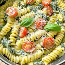 To make this creamy dish, you will need: - 12 oz (340g) pasta of your choice (fusilli or penne recommended) - 2 cups fresh spinach, roughly chopped - 1 cup ricotta cheese - 1 cup vegetable broth - 1/2 cup heavy cream - 1 cup cherry tomatoes, halved - 2 cloves garlic, minced - 1 tablespoon olive oil - 1/2 teaspoon red pepper flakes (optional for a spicy kick) - Salt and pepper to taste - Grated Parmesan cheese for serving - Fresh basil leaves for garnish You will need a large pot for cooking. It’s best to have a wooden spoon for stirring. A measuring cup and spoons will help with accurate measurements. A cutting board and knife will make chopping the spinach and tomatoes easy. Lastly, a serving bowl or plate will help present your dish nicely. When picking ingredients, fresh is best. Look for bright green spinach. The leaves should be crisp and not wilted. Choose ripe cherry tomatoes that feel firm. For ricotta, check for creaminess and avoid any that look dry. Use high-quality vegetable broth for a rich flavor. If you want a touch of spice, pick fresh red pepper flakes. Always taste your ingredients before cooking to ensure they are fresh and flavorful. Start by heating olive oil in a large pot over medium heat. Add minced garlic and sauté for about one minute. You want it fragrant, but be careful not to burn it. Next, toss in halved cherry tomatoes. Sauté them for three to four minutes. This step helps them soften and release their juices. Now, pour in vegetable broth and raise the heat to bring it to a gentle boil. Once boiling, add 12 oz of pasta. Make sure the pasta is well coated in the broth. Lower the heat to a simmer, cover the pot, and cook for about 10 to 12 minutes. Stir occasionally to stop the pasta from sticking. Check the pasta for an al dente texture before moving on. When the pasta is cooked, lower the heat to its lowest setting. Gently fold in one cup of ricotta cheese, one cup of heavy cream, and two cups of chopped spinach. If you like a bit of heat, add red pepper flakes. Stir everything until the cheese melts and the spinach wilts. Season with salt and pepper to taste. Let the pasta sit for a few minutes to thicken before serving. To keep pasta from getting mushy, follow these steps: - Use a timer to track cooking time. - Taste the pasta a minute before the package time ends. - Stir the pasta often to prevent sticking. - Keep the heat at medium to maintain a steady boil. Cooking pasta perfectly is key to a great dish. Aim for al dente, which means it should be firm but not hard. A few simple seasonings can make a big difference: - Use fresh garlic for a strong flavor. - Add salt to the water when cooking pasta. - Consider red pepper flakes for a spicy kick. - Use fresh herbs like basil to brighten the dish. Don't be afraid to taste as you go. Adjust the seasonings to match your liking. A touch of lemon juice can also add freshness. To serve this dish beautifully, try these tips: - Use deep bowls to hold the creamy pasta. - Top with freshly grated Parmesan cheese. - Add a sprinkle of fresh basil for color. - Drizzle olive oil for a glossy finish. A great presentation makes the meal even more enjoyable. Take your time to make it look nice, and your guests will appreciate it! {{image_4}} You can boost your pasta dish by adding protein. Cooked chicken adds a hearty touch. Grilled shrimp provides a nice seafood flavor. For a plant-based option, try cubed tofu. Add these proteins during the last few minutes of cooking. This way, they heat through without overcooking. You can also marinate the chicken or shrimp for extra flavor before adding them to the pot. If you want to mix up the greens, kale or Swiss chard work great. Both offer a rich, earthy taste. Chop them up and add them just like you would spinach. They will wilt down nicely and add more texture to your dish. Using different greens also boosts the nutrient profile. Each option brings its own unique flavor and color. You can easily adapt this recipe for gluten-free or vegan diets. For gluten-free pasta, choose a type made from rice or corn. This ensures a similar texture while keeping it gluten-free. To make it vegan, swap ricotta for a plant-based alternative. There are many great options on the market. You can use cashew cream for the heavy cream. These changes keep the dish creamy and delicious while meeting dietary needs. To store your leftover One-Pot Creamy Spinach Ricotta Pasta, let it cool first. Use an airtight container. It keeps well in the fridge for up to three days. Make sure to seal it tightly to keep the flavors fresh. If you notice any excess liquid, stir it back in before storing to maintain creaminess. When you are ready to enjoy your pasta again, reheat it gently. You can use a skillet or microwave. If using a skillet, add a splash of vegetable broth or cream. This prevents it from drying out. Heat on low to keep the sauce smooth. If using a microwave, cover it to trap steam, stirring halfway through. For longer storage, you can freeze this pasta dish. Portion it into freezer-safe containers. Label them with the date. The pasta stays good for up to two months. When you're ready to eat, thaw it in the fridge overnight. Reheat it as mentioned above for a creamy, delicious meal. Yes, you can use any pasta you like. Fusilli and penne work great. Spaghetti or farfalle are also good choices. Just make sure to adjust the cooking time as needed. Thinner pasta cooks faster, while thicker types may need more time. If you don't have ricotta, try cottage cheese or cream cheese. Both will give you a creamy texture. For a dairy-free option, use tofu blended with a bit of lemon juice. This will mimic the ricotta taste and texture. To make this in a pressure cooker, start by sautéing garlic and tomatoes using the sauté function. Then, add the vegetable broth and pasta. Cook at high pressure for about 3-5 minutes. Release the pressure, then stir in the ricotta, cream, and spinach until blended. Yes, you can prepare this recipe ahead of time. Just cook the pasta and mix in the sauce. Store it in the fridge for up to two days. When you’re ready to eat, reheat it gently on the stove, adding a splash of broth to loosen it up. This one-pot creamy spinach ricotta pasta is simple yet tasty. We covered the best ingredients and tips for cooking. Remember to avoid overcooking the pasta for the best texture. You can add proteins or try other greens for variety. Store leftovers properly and reheating will keep it fresh. Feel free to experiment with this dish. Enjoy creating a meal that fits your taste. Cooking should be fun and rewarding!