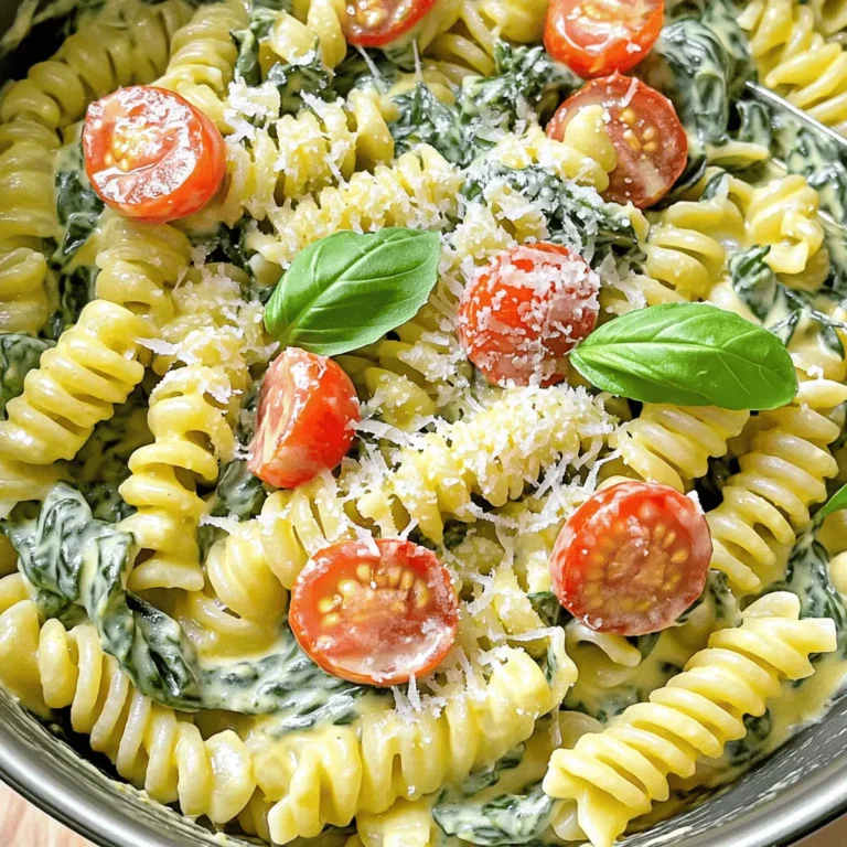 To make this creamy dish, you will need: - 12 oz (340g) pasta of your choice (fusilli or penne recommended) - 2 cups fresh spinach, roughly chopped - 1 cup ricotta cheese - 1 cup vegetable broth - 1/2 cup heavy cream - 1 cup cherry tomatoes, halved - 2 cloves garlic, minced - 1 tablespoon olive oil - 1/2 teaspoon red pepper flakes (optional for a spicy kick) - Salt and pepper to taste - Grated Parmesan cheese for serving - Fresh basil leaves for garnish You will need a large pot for cooking. It’s best to have a wooden spoon for stirring. A measuring cup and spoons will help with accurate measurements. A cutting board and knife will make chopping the spinach and tomatoes easy. Lastly, a serving bowl or plate will help present your dish nicely. When picking ingredients, fresh is best. Look for bright green spinach. The leaves should be crisp and not wilted. Choose ripe cherry tomatoes that feel firm. For ricotta, check for creaminess and avoid any that look dry. Use high-quality vegetable broth for a rich flavor. If you want a touch of spice, pick fresh red pepper flakes. Always taste your ingredients before cooking to ensure they are fresh and flavorful. Start by heating olive oil in a large pot over medium heat. Add minced garlic and sauté for about one minute. You want it fragrant, but be careful not to burn it. Next, toss in halved cherry tomatoes. Sauté them for three to four minutes. This step helps them soften and release their juices. Now, pour in vegetable broth and raise the heat to bring it to a gentle boil. Once boiling, add 12 oz of pasta. Make sure the pasta is well coated in the broth. Lower the heat to a simmer, cover the pot, and cook for about 10 to 12 minutes. Stir occasionally to stop the pasta from sticking. Check the pasta for an al dente texture before moving on. When the pasta is cooked, lower the heat to its lowest setting. Gently fold in one cup of ricotta cheese, one cup of heavy cream, and two cups of chopped spinach. If you like a bit of heat, add red pepper flakes. Stir everything until the cheese melts and the spinach wilts. Season with salt and pepper to taste. Let the pasta sit for a few minutes to thicken before serving. To keep pasta from getting mushy, follow these steps: - Use a timer to track cooking time. - Taste the pasta a minute before the package time ends. - Stir the pasta often to prevent sticking. - Keep the heat at medium to maintain a steady boil. Cooking pasta perfectly is key to a great dish. Aim for al dente, which means it should be firm but not hard. A few simple seasonings can make a big difference: - Use fresh garlic for a strong flavor. - Add salt to the water when cooking pasta. - Consider red pepper flakes for a spicy kick. - Use fresh herbs like basil to brighten the dish. Don't be afraid to taste as you go. Adjust the seasonings to match your liking. A touch of lemon juice can also add freshness. To serve this dish beautifully, try these tips: - Use deep bowls to hold the creamy pasta. - Top with freshly grated Parmesan cheese. - Add a sprinkle of fresh basil for color. - Drizzle olive oil for a glossy finish. A great presentation makes the meal even more enjoyable. Take your time to make it look nice, and your guests will appreciate it! {{image_4}} You can boost your pasta dish by adding protein. Cooked chicken adds a hearty touch. Grilled shrimp provides a nice seafood flavor. For a plant-based option, try cubed tofu. Add these proteins during the last few minutes of cooking. This way, they heat through without overcooking. You can also marinate the chicken or shrimp for extra flavor before adding them to the pot. If you want to mix up the greens, kale or Swiss chard work great. Both offer a rich, earthy taste. Chop them up and add them just like you would spinach. They will wilt down nicely and add more texture to your dish. Using different greens also boosts the nutrient profile. Each option brings its own unique flavor and color. You can easily adapt this recipe for gluten-free or vegan diets. For gluten-free pasta, choose a type made from rice or corn. This ensures a similar texture while keeping it gluten-free. To make it vegan, swap ricotta for a plant-based alternative. There are many great options on the market. You can use cashew cream for the heavy cream. These changes keep the dish creamy and delicious while meeting dietary needs. To store your leftover One-Pot Creamy Spinach Ricotta Pasta, let it cool first. Use an airtight container. It keeps well in the fridge for up to three days. Make sure to seal it tightly to keep the flavors fresh. If you notice any excess liquid, stir it back in before storing to maintain creaminess. When you are ready to enjoy your pasta again, reheat it gently. You can use a skillet or microwave. If using a skillet, add a splash of vegetable broth or cream. This prevents it from drying out. Heat on low to keep the sauce smooth. If using a microwave, cover it to trap steam, stirring halfway through. For longer storage, you can freeze this pasta dish. Portion it into freezer-safe containers. Label them with the date. The pasta stays good for up to two months. When you're ready to eat, thaw it in the fridge overnight. Reheat it as mentioned above for a creamy, delicious meal. Yes, you can use any pasta you like. Fusilli and penne work great. Spaghetti or farfalle are also good choices. Just make sure to adjust the cooking time as needed. Thinner pasta cooks faster, while thicker types may need more time. If you don't have ricotta, try cottage cheese or cream cheese. Both will give you a creamy texture. For a dairy-free option, use tofu blended with a bit of lemon juice. This will mimic the ricotta taste and texture. To make this in a pressure cooker, start by sautéing garlic and tomatoes using the sauté function. Then, add the vegetable broth and pasta. Cook at high pressure for about 3-5 minutes. Release the pressure, then stir in the ricotta, cream, and spinach until blended. Yes, you can prepare this recipe ahead of time. Just cook the pasta and mix in the sauce. Store it in the fridge for up to two days. When you’re ready to eat, reheat it gently on the stove, adding a splash of broth to loosen it up. This one-pot creamy spinach ricotta pasta is simple yet tasty. We covered the best ingredients and tips for cooking. Remember to avoid overcooking the pasta for the best texture. You can add proteins or try other greens for variety. Store leftovers properly and reheating will keep it fresh. Feel free to experiment with this dish. Enjoy creating a meal that fits your taste. Cooking should be fun and rewarding!