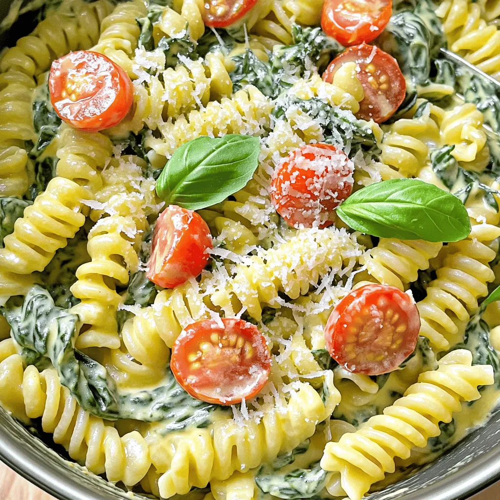 To make this creamy dish, you will need: - 12 oz (340g) pasta of your choice (fusilli or penne recommended) - 2 cups fresh spinach, roughly chopped - 1 cup ricotta cheese - 1 cup vegetable broth - 1/2 cup heavy cream - 1 cup cherry tomatoes, halved - 2 cloves garlic, minced - 1 tablespoon olive oil - 1/2 teaspoon red pepper flakes (optional for a spicy kick) - Salt and pepper to taste - Grated Parmesan cheese for serving - Fresh basil leaves for garnish You will need a large pot for cooking. It’s best to have a wooden spoon for stirring. A measuring cup and spoons will help with accurate measurements. A cutting board and knife will make chopping the spinach and tomatoes easy. Lastly, a serving bowl or plate will help present your dish nicely. When picking ingredients, fresh is best. Look for bright green spinach. The leaves should be crisp and not wilted. Choose ripe cherry tomatoes that feel firm. For ricotta, check for creaminess and avoid any that look dry. Use high-quality vegetable broth for a rich flavor. If you want a touch of spice, pick fresh red pepper flakes. Always taste your ingredients before cooking to ensure they are fresh and flavorful. Start by heating olive oil in a large pot over medium heat. Add minced garlic and sauté for about one minute. You want it fragrant, but be careful not to burn it. Next, toss in halved cherry tomatoes. Sauté them for three to four minutes. This step helps them soften and release their juices. Now, pour in vegetable broth and raise the heat to bring it to a gentle boil. Once boiling, add 12 oz of pasta. Make sure the pasta is well coated in the broth. Lower the heat to a simmer, cover the pot, and cook for about 10 to 12 minutes. Stir occasionally to stop the pasta from sticking. Check the pasta for an al dente texture before moving on. When the pasta is cooked, lower the heat to its lowest setting. Gently fold in one cup of ricotta cheese, one cup of heavy cream, and two cups of chopped spinach. If you like a bit of heat, add red pepper flakes. Stir everything until the cheese melts and the spinach wilts. Season with salt and pepper to taste. Let the pasta sit for a few minutes to thicken before serving. To keep pasta from getting mushy, follow these steps: - Use a timer to track cooking time. - Taste the pasta a minute before the package time ends. - Stir the pasta often to prevent sticking. - Keep the heat at medium to maintain a steady boil. Cooking pasta perfectly is key to a great dish. Aim for al dente, which means it should be firm but not hard. A few simple seasonings can make a big difference: - Use fresh garlic for a strong flavor. - Add salt to the water when cooking pasta. - Consider red pepper flakes for a spicy kick. - Use fresh herbs like basil to brighten the dish. Don't be afraid to taste as you go. Adjust the seasonings to match your liking. A touch of lemon juice can also add freshness. To serve this dish beautifully, try these tips: - Use deep bowls to hold the creamy pasta. - Top with freshly grated Parmesan cheese. - Add a sprinkle of fresh basil for color. - Drizzle olive oil for a glossy finish. A great presentation makes the meal even more enjoyable. Take your time to make it look nice, and your guests will appreciate it! {{image_4}} You can boost your pasta dish by adding protein. Cooked chicken adds a hearty touch. Grilled shrimp provides a nice seafood flavor. For a plant-based option, try cubed tofu. Add these proteins during the last few minutes of cooking. This way, they heat through without overcooking. You can also marinate the chicken or shrimp for extra flavor before adding them to the pot. If you want to mix up the greens, kale or Swiss chard work great. Both offer a rich, earthy taste. Chop them up and add them just like you would spinach. They will wilt down nicely and add more texture to your dish. Using different greens also boosts the nutrient profile. Each option brings its own unique flavor and color. You can easily adapt this recipe for gluten-free or vegan diets. For gluten-free pasta, choose a type made from rice or corn. This ensures a similar texture while keeping it gluten-free. To make it vegan, swap ricotta for a plant-based alternative. There are many great options on the market. You can use cashew cream for the heavy cream. These changes keep the dish creamy and delicious while meeting dietary needs. To store your leftover One-Pot Creamy Spinach Ricotta Pasta, let it cool first. Use an airtight container. It keeps well in the fridge for up to three days. Make sure to seal it tightly to keep the flavors fresh. If you notice any excess liquid, stir it back in before storing to maintain creaminess. When you are ready to enjoy your pasta again, reheat it gently. You can use a skillet or microwave. If using a skillet, add a splash of vegetable broth or cream. This prevents it from drying out. Heat on low to keep the sauce smooth. If using a microwave, cover it to trap steam, stirring halfway through. For longer storage, you can freeze this pasta dish. Portion it into freezer-safe containers. Label them with the date. The pasta stays good for up to two months. When you're ready to eat, thaw it in the fridge overnight. Reheat it as mentioned above for a creamy, delicious meal. Yes, you can use any pasta you like. Fusilli and penne work great. Spaghetti or farfalle are also good choices. Just make sure to adjust the cooking time as needed. Thinner pasta cooks faster, while thicker types may need more time. If you don't have ricotta, try cottage cheese or cream cheese. Both will give you a creamy texture. For a dairy-free option, use tofu blended with a bit of lemon juice. This will mimic the ricotta taste and texture. To make this in a pressure cooker, start by sautéing garlic and tomatoes using the sauté function. Then, add the vegetable broth and pasta. Cook at high pressure for about 3-5 minutes. Release the pressure, then stir in the ricotta, cream, and spinach until blended. Yes, you can prepare this recipe ahead of time. Just cook the pasta and mix in the sauce. Store it in the fridge for up to two days. When you’re ready to eat, reheat it gently on the stove, adding a splash of broth to loosen it up. This one-pot creamy spinach ricotta pasta is simple yet tasty. We covered the best ingredients and tips for cooking. Remember to avoid overcooking the pasta for the best texture. You can add proteins or try other greens for variety. Store leftovers properly and reheating will keep it fresh. Feel free to experiment with this dish. Enjoy creating a meal that fits your taste. Cooking should be fun and rewarding!