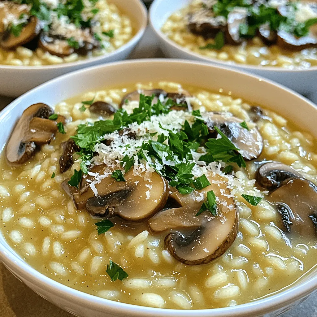 To make creamy mushroom risotto, you need the following ingredients: - 1 cup Arborio rice - 4 cups vegetable broth - 2 tablespoons extra virgin olive oil - 1 small onion, finely chopped - 2 cloves garlic, minced - 8 oz mixed mushrooms (like cremini and shiitake), sliced - 1/2 cup freshly grated Parmesan cheese - 1/4 cup heavy cream - 2 tablespoons freshly chopped parsley - Salt and freshly ground black pepper to taste The key ingredients for this recipe include Arborio rice, vegetable broth, and mushrooms. - Arborio rice is perfect for risotto. It absorbs liquid well and gives a creamy texture. - Vegetable broth adds depth to the flavor. You can use homemade or store-bought. - Mushrooms are the star of this dish. They bring umami and richness. You can customize your risotto with these optional ingredients: - Different cheeses: Swap Parmesan for Pecorino or a vegan cheese for plant-based diets. - Herbs: Add thyme or rosemary for an extra flavor boost. - Vegetables: Toss in peas or spinach for added color and nutrition. Feel free to mix and match based on what you have at home. Enjoy your cooking! 1. Gather all your ingredients. You will need: - 1 cup Arborio rice - 4 cups vegetable broth - 2 tablespoons extra virgin olive oil - 1 small onion, finely chopped - 2 cloves garlic, minced - 8 oz mixed mushrooms, sliced - 1/2 cup freshly grated Parmesan cheese - 1/4 cup heavy cream - 2 tablespoons freshly chopped parsley - Salt and freshly ground black pepper 2. Heat the vegetable broth in a medium saucepan over low heat. Keep it warm but do not let it boil. 1. In a large skillet, pour in the extra virgin olive oil. Heat it over medium heat until hot. 2. Add the chopped onion to the skillet. Sauté it for about 3-4 minutes. You want it to be translucent and fragrant. 3. Next, add the minced garlic and sliced mushrooms. Cook this mixture for 5-7 minutes. Stir often until the mushrooms soften and release their moisture. 4. Now, it's time to add the Arborio rice. Stir well and toast the rice for 1-2 minutes. This step helps the rice soak up the flavors. 5. Begin adding the warm vegetable broth to the rice. Use one ladle at a time. Stir continuously. Wait until most of the liquid is absorbed before adding more. Keep this up for about 20-25 minutes. The rice should be creamy and al dente. 1. When the rice is cooked, lower the heat. Mix in the freshly grated Parmesan cheese and heavy cream. Stir until the risotto is rich and creamy. 2. Season with salt and freshly ground black pepper to taste. Adjust the seasoning as you like. 3. Finally, fold in the freshly chopped parsley. This adds a burst of flavor and a pop of color. 4. For a nice presentation, dish the risotto into shallow bowls. Garnish each bowl with extra parsley and a dusting of Parmesan cheese. Serve it hot for the best texture and flavor. To get the creamiest risotto, use Arborio rice. This rice has a high starch content. The starch helps make the dish smooth and rich. Stirring often also helps release more starch. When you add broth, do it slowly. This lets the rice absorb the liquid fully. Keep stirring until the rice is creamy and tender. Mixing in heavy cream and Parmesan cheese at the end gives it a delightful finish. For better flavor, sauté the onions and mushrooms well. Cook them until they are soft and fragrant. You can add herbs like thyme or rosemary for a fresh taste. Tasting as you cook is key. Adjust salt and pepper to your liking. A squeeze of lemon juice at the end brightens the dish. You can also top the risotto with more cheese or fresh herbs for extra flavor. One common mistake is adding too much broth at once. This can make the rice gummy. Always add it gradually and stir. Another mistake is not stirring enough. This can prevent the rice from becoming creamy. Finally, avoid cooking the rice too long. It should be al dente, with a slight bite. If you remember these tips, your risotto will be perfect every time! {{image_4}} You can easily make this risotto vegetarian or vegan. Start by skipping the Parmesan cheese and heavy cream. Instead, use nutritional yeast for a cheesy flavor. You can also add coconut cream for extra creaminess. The vegetable broth already makes this dish a great choice. Just check the broth to ensure it is vegan. If you want to add protein, consider cooked chicken, shrimp, or even tofu. These add a nice texture and flavor. For a heartier meal, mix in peas, spinach, or bell peppers. These veggies complement the mushrooms well. Just add them during the last few minutes of cooking to keep them fresh. Herbs and spices can elevate your risotto. Fresh thyme or rosemary adds a lovely aroma. You can also try a pinch of chili flakes for a kick. If you love garlic, add more minced garlic while sautéing the onions. Don’t be afraid to experiment with flavors that you enjoy! To keep your leftover risotto fresh, place it in an airtight container. Make sure to cool the risotto to room temperature before sealing it. This step helps prevent moisture build-up, which can lead to spoilage. Store the container in the fridge for up to three days. If you notice any off smells or changes in texture, it's best to toss it out. When you're ready to enjoy your leftover risotto, reheating it properly is key. Start by adding a splash of broth or water to a saucepan. This addition helps restore creaminess. Heat the risotto over low heat, stirring often. This method keeps it from sticking and ensures even warmth. If you prefer, you can use a microwave. Just add a bit of liquid, cover it, and heat in short bursts, stirring in between. If you want to keep risotto longer, freezing works well. First, make sure the risotto is completely cool. Then, portion it into freezer-safe bags or containers. Remove as much air as possible before sealing. Label the bags with the date. You can freeze risotto for up to three months. When you're ready to eat it, thaw it in the fridge overnight before reheating. Keep in mind, the texture may change slightly, but the flavor will still be delicious. The best rice for risotto is Arborio rice. This rice is short-grained. It has a high starch content. This helps create a creamy texture in your risotto. You can also use Carnaroli or Vialone Nano. These rice types are also good for risotto. They have a nice bite and absorb flavors well. You can make risotto in advance, but it’s best fresh. When it cools, it becomes thicker. To store, let it cool and place it in a container. Keep it in the fridge for up to three days. When reheating, add a splash of broth. This helps restore its creamy texture. Risotto is done when it is creamy and the rice is al dente. This means it should be tender but still firm. You can taste a few grains to check. If it is too hard, cook it for a few more minutes. Stir often and add broth to keep it creamy. In this blog post, we explored making creamy mushroom risotto. We reviewed essential ingredients, cooking steps, and tips for a perfect dish. You learned about variations, storage, and answers to common questions. Remember, risotto is flexible; feel free to add your twist. Use what you love, and don’t stress over mistakes. With practice, you’ll master this dish. Enjoy your cooking journey and savor every bite of your delicious risotto!
