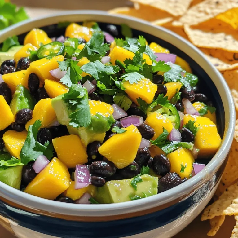 - 1 ripe mango, expertly diced into small cubes - 1 ripe avocado, diced with care to maintain its shape - 1 cup canned black beans, thoroughly rinsed and drained - 1/2 medium red onion, finely chopped for a burst of flavor - 1 jalapeño, deseeded and minced for a kick of heat - 1/4 cup fresh cilantro, chopped to add freshness - Juice of 2 limes, freshly squeezed for brightness - 1 tablespoon extra virgin olive oil to enhance richness - Salt and freshly cracked pepper to taste Fresh ingredients make this salsa shine. The ripe mango adds sweetness, while the avocado brings creaminess. Each component plays a role in flavor and texture. Fresh cilantro adds a burst of green. Fresh lime juice brightens every bite. Using canned black beans keeps prep simple but tasty. When you choose fresh, you boost flavor and nutrition. This salsa packs a nutritional punch. Mangoes are rich in vitamins A and C. Avocados provide healthy fats and fiber. Black beans add protein and iron. One serving offers a good blend of nutrients. This dish is colorful and healthy. It fits well into many diets. Enjoying it means fueling your body with good stuff. First, gather all your ingredients. You need a ripe mango, a ripe avocado, canned black beans, a red onion, a jalapeño, fresh cilantro, limes, olive oil, salt, and pepper. Dice the mango and avocado into small cubes. Be gentle with the avocado; you want it to stay intact. Rinse the black beans well and drain them. Chop the red onion finely and mince the jalapeño after removing the seeds. In a large mixing bowl, add the diced mango and avocado. Next, toss in the black beans, chopped red onion, and minced jalapeño. Make sure everything is mixed evenly. Then, gently fold in the chopped cilantro for a fresh taste. In a small bowl, whisk together the lime juice and olive oil. Pour this mixture over the salsa. Season it with salt and cracked pepper to your liking. Stir gently to mix all the flavors without mashing the fruits. Cover the bowl with plastic wrap or a lid. Let the salsa sit at room temperature for about 10 minutes. This rest time allows the flavors to blend nicely. The lime juice will also help to bring out the taste of each ingredient. After resting, give it a quick stir and taste it again. Adjust seasonings if needed. This step is crucial for a well-balanced salsa. When choosing mangoes, look for ones that feel slightly soft. They should not be mushy. A ripe mango has a sweet smell near the stem. For avocados, press gently. They should yield to your touch but not feel overly soft. Color matters too; a darker green avocado is often ripe. Check for any dark spots as they may mean the fruit is overripe. Mixing is a key step in making salsa. You want flavors to blend well but keep textures. Start by adding your diced mango and avocado to a large bowl. Use a gentle folding motion to combine. This keeps the fruit intact. Add black beans and onion, folding them in carefully. Lastly, mix in cilantro and your dressing. Avoid stirring too hard; this way, the salsa stays fresh and appealing. Spice level is all about balance. If you like heat, use more jalapeño. For a milder taste, reduce the amount or remove seeds. Another option is to add a pinch of cayenne pepper. Taste your salsa after mixing. If it needs more spice, adjust slowly. Remember, you can always add more, but it’s hard to take away. Enjoy experimenting until you find your perfect flavor! {{image_4}} You can change up the ingredients to suit your taste. If you want a sweeter salsa, try adding pineapple. It adds a nice twist. For a creamier texture, mix in a dollop of Greek yogurt. You can also swap the black beans for chickpeas for a different flavor. If you like more heat, add more jalapeño or even some diced serrano peppers. You can use lime zest as a fun touch, too. Serve your salsa in fun ways to impress guests. Use half of a hollowed-out avocado or mango as a bowl. This makes a perfect presentation. You can also layer the salsa in a glass with tortilla chips. This way, it looks fancy and is easy to grab. For a cool treat, try serving it with grilled fish or chicken. The freshness of the salsa adds a great contrast. This salsa pairs well with many dishes. It’s great with tortilla chips for a crunchy snack. You can also enjoy it on top of tacos or burritos for added flavor. If you like salads, try it as a topping. It adds color and taste to any green salad. The combination of flavors makes each bite special. To keep your Mango Avocado Black Bean Salsa fresh, store it in an airtight container. This helps prevent air from getting in and keeps flavors intact. If you have leftovers, eat them within a day or two for the best taste. Always check for any browning on the avocado before enjoying it again. If the salsa begins to change color, it may not taste as fresh. Avocados turn brown quickly after being cut. To slow this down, add lime juice to the exposed flesh. The acid in lime helps keep the color bright and fresh. You can also store cut avocado in water. Just place the half in a bowl and cover it with water. This method keeps it green for a bit longer. Always cover any unused salsa tightly to help keep the avocado from browning. Mango Avocado Black Bean Salsa can last in the fridge for up to three days. After that, it may lose its flavor and texture. If you notice any off smell or color, it's best to toss it out. For longer storage, consider freezing the salsa without avocado. When you are ready to eat it, thaw and add fresh avocado later for the best taste. Yes, you can make this salsa ahead of time. I suggest preparing it a few hours before serving. This allows the flavors to mix well. Just keep it in the fridge until you're ready to eat. However, add the avocado close to serving time to keep it fresh. If you need a substitute for black beans, try pinto beans or chickpeas. Both options work great. They add similar textures and flavors. You can also use corn for a sweeter taste, but it will change the flavor profile. This salsa lasts about 2 to 3 days in the fridge. To keep it fresh, store it in an airtight container. The lime juice helps slow down browning, but the avocado may brown over time. If it does, just mix it well before serving. Yes, you can use frozen mango, but avoid frozen avocado. Frozen mango will work well if thawed properly. Fresh avocado is best for flavor and texture. Frozen avocado often becomes mushy and may not hold up in the salsa. Absolutely! If you like more heat, add extra jalapeño or even some diced serrano peppers. You can also include a pinch of cayenne pepper for an added kick. Just remember to start small, then taste as you go. Yes! This salsa is perfect for meal prep. It’s healthy and easy to make. You can pair it with tacos, grilled chicken, or salads. It adds a fresh touch to many meals. Yes, you can add fruits! Pineapple or peaches work really well. They add a nice sweetness and contrast to the beans. Just be sure to cut them small so they mix in nicely. To make your salsa more colorful, add diced bell peppers. Red, yellow, or orange peppers not only brighten the dish but also add flavor. You can also sprinkle some diced radishes on top for a pop of color. We covered the key parts of making a great mango avocado black bean salsa. Fresh ingredients matter for the best taste and nutrition. Preparing and storing your salsa right keeps it tasting fresh longer. I shared tips for picking ripe fruit and adjusting spice levels. You can easily customize the salsa to fit your taste. With these steps and tricks, you can make a crowd-pleasing dish every time. Enjoy your salsa and let it bring flavor to your meals!