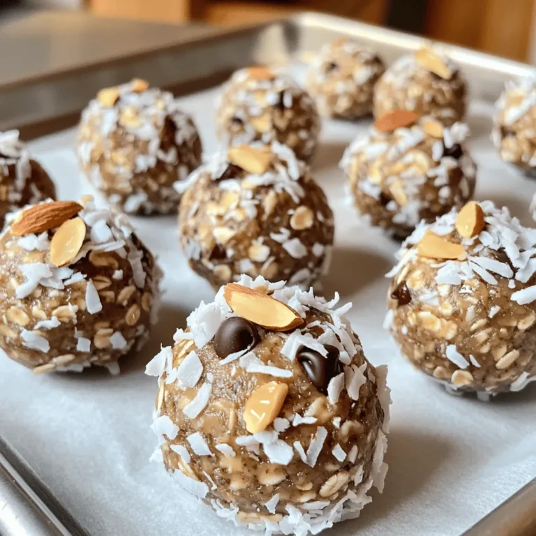 - 1 cup almond butter - 1 cup rolled oats - ½ cup unsweetened shredded coconut - ½ cup honey or maple syrup - ¼ cup dark chocolate chips - ¼ teaspoon salt - 1 teaspoon vanilla extract - ½ cup chopped almonds Each energy ball has about: - Calories: 150 - Protein: 4g - Carbohydrates: 18g - Fat: 8g - Fiber: 2g - Sugars: 6g These numbers can help you track your intake. If you want to switch things up, try these: - Use peanut butter instead of almond butter for a different taste. - Swap honey for agave syrup for a vegan option. - Choose rolled quinoa instead of oats for a gluten-free choice. - Dark chocolate chips can be replaced with dried fruit for a fruity twist. - Instead of chopped almonds, use any nuts you like, such as walnuts or pecans. Feel free to get creative with these substitutions! In a large mixing bowl, start with 1 cup of almond butter. Add ½ cup of honey or maple syrup. Then, mix in 1 teaspoon of vanilla extract. Use a spatula or wooden spoon to blend these ingredients. Aim for a smooth and creamy texture. Make sure there are no lumps left in the mixture. This step is key for a great base. Now, it's time to add the dry ingredients. Gradually mix in 1 cup of rolled oats, ½ cup of unsweetened shredded coconut, and ½ cup of chopped almonds. Toss in ¼ cup of dark chocolate chips and ¼ teaspoon of salt too. Stir well with your spatula or spoon. Make sure every ingredient is fully incorporated into the mixture. This creates a balanced flavor and texture. With clean hands, scoop about 1 tablespoon of the mixture. Roll it between your palms to shape a ball. Repeat this process until you have 12 to 15 energy balls. Place them on a baking sheet lined with parchment paper. Be sure to space them out well. Then, refrigerate the baking sheet for at least 30 minutes. This helps the energy balls firm up. Once chilled, transfer them to an airtight container for storage. Mixing is key for Almond Joy Energy Balls. Start with the wet ingredients first. Use a large bowl for easy stirring. Combine almond butter, honey, and vanilla extract. Mix until smooth and creamy. This step helps avoid lumps. Next, add the dry ingredients slowly. Stir them in gradually. This method ensures everything blends well. Use a spatula or spoon for best results. The right texture makes these energy balls a joy to eat. After mixing, the mixture should feel sticky but not too wet. If it’s too dry, add a bit more honey. If it’s too wet, add more oats. Roll the mixture into balls about the size of a tablespoon. This size helps them set well in the fridge. Chill them for at least 30 minutes. This step firms up the balls nicely. Presentation adds fun to your snack. Arrange the energy balls on a nice plate. You can drizzle melted dark chocolate on top. This adds a rich flavor and makes them look fancy. A sprinkle of shredded coconut or chopped almonds can enhance the look too. These small touches make your snack more appealing. Enjoy your beautiful Almond Joy Energy Balls! {{image_4}} You can easily make these Almond Joy Energy Balls vegan. Just swap honey for maple syrup. This change keeps the sweet taste while making it plant-based. Use dark chocolate chips that are dairy-free. Also, make sure your almond butter is 100% vegan. You can enjoy a tasty treat without any animal products. These energy balls are naturally gluten-free if you choose the right oats. Look for certified gluten-free rolled oats. This way, you avoid any cross-contamination. All other ingredients are gluten-free too. Enjoy these snacks without worry if you have gluten sensitivities. You can add your own twist to these energy balls. Try adding a teaspoon of cinnamon for warmth. Want more chocolate? Mix in extra dark chocolate chips or cocoa powder. You can add dried fruit like cranberries or raisins for sweetness. If you love crunch, toss in some sunflower seeds or pumpkin seeds. These small changes make each batch unique and fun! To keep your Almond Joy energy balls fresh, use an airtight container. This prevents air and moisture from getting in, which can spoil them. You can line the container with parchment paper to avoid sticking. If you have extras, layer them with parchment between each layer. In the fridge, these energy balls last about a week. Just make sure they stay in an airtight container. If you want to store them longer, freeze them. In the freezer, they can last up to three months. Just remember to thaw them in the fridge before you enjoy them. These energy balls are best served cold or at room temperature. If they feel a bit hard after freezing, let them sit out for a few minutes. This softens them up and makes them easier to eat. You can also drizzle warm melted chocolate on top for a tasty twist before serving. Almond Joy Energy Balls are tasty snacks inspired by the famous candy bar. They mix almond butter, oats, coconut, honey, dark chocolate, and almonds. Each bite gives you a sweet, nutty flavor. These energy balls are perfect for a quick snack or post-workout boost. These energy balls stay fresh in the fridge for up to one week. If you freeze them, they can last for about three months. Just make sure to keep them in an airtight container. Yes, you can make these energy balls without nuts. Instead of almond butter, use sunflower seed butter or soy nut butter. This way, you still get a creamy texture and great taste. To make these energy balls vegan, simply replace honey with maple syrup. All other ingredients are plant-based, making this a simple swap. You still get the same rich flavor and texture. To create sugar-free energy balls, use a sugar-free sweetener instead of honey or maple syrup. Options like stevia or erythritol work well. Just adjust the quantity to match your taste. In this blog post, I covered how to make Almond Joy Energy Balls from start to finish. We explored the key ingredients, their nutritional values, and some great substitutes. I shared step-by-step instructions for mixing and rolling the energy balls. You learned useful tips for getting the right texture and appealing presentation. Plus, I offered tasty variations and storage methods to keep them fresh. These energy balls are easy, fun, and full of flavor. Enjoy making them your way!