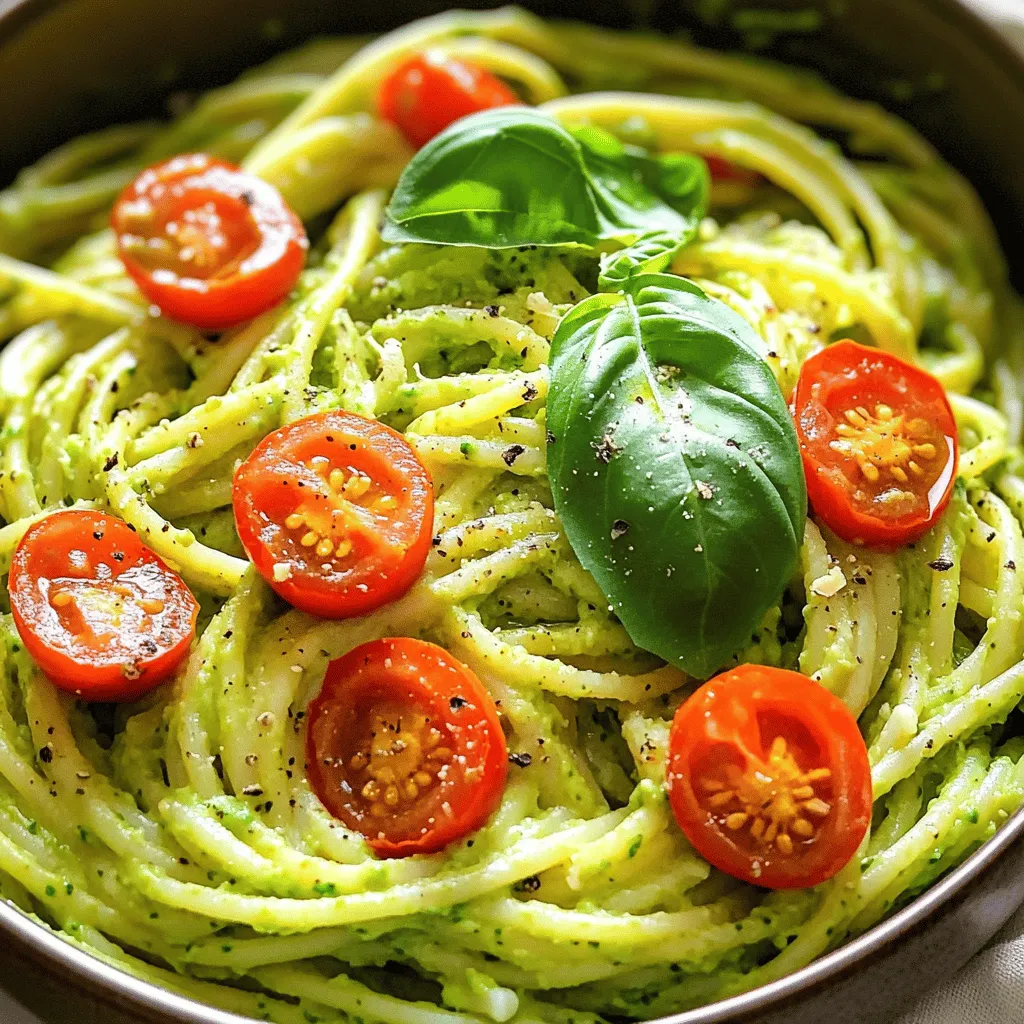 - 2 ripe avocados, pitted and peeled - 2 cloves garlic, finely minced - 1 tablespoon freshly squeezed lemon juice - 1/4 cup fresh basil leaves, tightly packed - 1/4 cup grated Parmesan cheese (or nutritional yeast for a vegan alternative) - 1/4 teaspoon red chili flakes (optional for a kick) - Salt and freshly cracked black pepper, to taste - 12 oz spaghetti (or your preferred pasta) - 1/4 cup cherry tomatoes, halved (for an appealing garnish) - Additional fresh basil leaves (for garnish) This creamy avocado pasta is not just tasty; it is also healthy. Here’s how each ingredient helps: - Avocados: Full of healthy fats, avocados provide fiber and vitamins. They help your heart and skin. - Garlic: This adds flavor and has health benefits. It may boost your immune system. - Lemon Juice: This gives a fresh taste and Vitamin C. It helps keep your skin healthy. - Basil: Fresh basil adds flavor and antioxidants. It can help fight inflammation. - Parmesan Cheese: This cheese adds protein and calcium. It makes the dish rich and creamy. - Red Chili Flakes: These add spice and may speed up your metabolism. - Spaghetti: This is a source of carbs, giving you energy. - Cherry Tomatoes: They add color and Vitamin C. They are low in calories. Choosing the right avocado is key for this recipe. Here’s what to look for: - Color: Look for dark green or black skin. This means it is ripe. - Feel: Gently squeeze the avocado. It should feel soft but not mushy. - Shape: Choose avocados that are plump. Avoid those with dents or wrinkles. - Timing: If they are not ripe, leave them at room temperature for a few days. With these tips, you can find the best avocados for your creamy pasta dish. To make the best creamy avocado pasta, start by cooking the pasta. Fill a large pot with water and add a good amount of salt. Bring it to a boil. Once boiling, add 12 oz of spaghetti or your favorite pasta. Follow the package directions to cook until it's al dente. Before you drain the pasta, save about 1/2 cup of the starchy water. This water helps the sauce stick later. After saving the water, drain the pasta in a colander. Next, let's make the creamy avocado sauce. In a food processor or blender, add 2 ripe avocados, 2 minced garlic cloves, and 1 tablespoon of lemon juice. Toss in 1/4 cup of packed fresh basil leaves and 1/4 cup of grated Parmesan cheese. If you want a vegan option, use nutritional yeast instead of cheese. For a little kick, add 1/4 teaspoon of red chili flakes. Blend all these ingredients until you get a smooth and creamy mixture. Make sure to scrape down the sides so everything mixes well. Now it's time to bring it all together. Return the drained pasta to the same pot you cooked it in. Pour the creamy avocado sauce over the pasta. Toss it together well. As you mix, slowly add some of the reserved pasta water. This will help the sauce reach your desired creaminess. Taste the pasta and add salt and freshly cracked black pepper to enhance the flavors. Serve the creamy avocado pasta in lovely bowls. Top each serving with halved cherry tomatoes and extra basil leaves for a pop of color. Enjoy your simple and tasty meal! To make your creamy avocado pasta shine, seasoning is key. Start with salt and pepper, as they boost the taste. Add more lemon juice if you want a tangy kick. For a bit of heat, sprinkle in red chili flakes. Taste your sauce after mixing it in. Adjust the flavor to fit your liking. Storing creamy avocado pasta can be tricky. The avocado can brown quickly. To avoid this, cover it well. Use an airtight container and squeeze extra lemon juice on top. This helps keep it fresh. It can last in the fridge for up to two days. When ready to eat, add a splash of water to revive its creaminess. Creamy avocado pasta pairs well with many sides. Serve it with a crisp salad for freshness. Garlic bread is a great choice for a hearty touch. You can also add protein like grilled chicken or shrimp. For a vegetarian option, toss in some roasted veggies. Finish with extra basil and cherry tomatoes for a pop of color. {{image_4}} To make this dish vegan, swap the Parmesan cheese for nutritional yeast. Nutritional yeast gives a cheesy flavor without dairy. You can also use coconut cream to add extra richness. With these changes, you keep all the creamy goodness while staying plant-based. If you want to add protein, chicken, shrimp, or tofu work great. For chicken, grill or sauté pieces until cooked through. If you choose shrimp, cook them until they turn pink and opaque. For tofu, press it to remove moisture, then sauté until golden. Mix your protein into the pasta for a hearty meal. You can use any pasta you like. Whole wheat or chickpea pasta adds nutrition and flavor. If you need gluten-free options, try brown rice or quinoa pasta. Each of these options pairs well with the creamy sauce. Choose what fits your taste and diet best! To keep creamy avocado pasta fresh, store it in the fridge. Place the pasta in an airtight container. Make sure to seal it well. This helps prevent browning and keeps the flavor intact. If you have extra sauce, store it separately. This keeps the pasta creamy and prevents sogginess. Use the leftover pasta within three days for the best taste. When reheating, do it gently. You can use the stove or microwave. If using the stove, add a splash of water to the pasta. Heat it on low while stirring. This adds moisture back to the dish. If using the microwave, cover the dish with a lid. This traps steam and warms the pasta evenly. Heat for short intervals, stirring in between. This keeps the sauce creamy and delicious. Use glass or BPA-free plastic containers for storage. Glass containers are great because they do not stain. They also help maintain flavor. Plastic containers should be sturdy and airtight. Avoid using metal containers, as they may react with the avocado. Make sure your container can hold the pasta without squishing it. This way, your creamy avocado pasta stays looking and tasting great. Yes, you can make creamy avocado pasta ahead of time. However, the sauce may brown due to oxidation. To slow this down, add lemon juice to the sauce. Store the pasta and sauce separately. When you're ready to eat, mix them together. This keeps the pasta fresh and tasty. You can use nutritional yeast as a great vegan substitute for Parmesan cheese. It adds a cheesy flavor without dairy. Other options include feta cheese or a blend of nuts. These choices give you a nice twist while keeping it creamy. Creamy avocado pasta lasts about 1 to 2 days in the fridge. Make sure to store it in an airtight container. If you notice browning on the sauce, just stir it in. It will still taste good! Ingredients: - 2 ripe avocados, pitted and peeled - 2 cloves garlic, finely minced - 1 tablespoon freshly squeezed lemon juice - 1/4 cup fresh basil leaves, tightly packed - 1/4 cup grated Parmesan cheese (or nutritional yeast for a vegan alternative) - 1/4 teaspoon red chili flakes (optional for a kick) - Salt and freshly cracked black pepper, to taste - 12 oz spaghetti (or your preferred pasta) - 1/4 cup cherry tomatoes, halved (for an appealing garnish) - Additional fresh basil leaves (for garnish) In this post, we explored creamy avocado pasta. We covered each ingredient, showing their nutritional benefits. I shared tips for picking perfect avocados and cooking pasta just right. You learned how to make a smooth avocado sauce and combine it for the best taste. For maximum flavor, seasoning tips and storage advice were included. Lastly, we looked at fun variations and answered common questions. Enjoy making this dish that is tasty, healthy, and easy to customize! You can now prepare and enjoy creamy avocado pasta anytime.