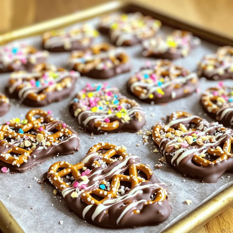 The key to making delicious Chocolate Covered Pretzel Bark lies in using the right ingredients. Each one plays a vital role in flavor and texture. Here’s what you need: - 2 cups mini pretzels - 2 cups semi-sweet chocolate chips - 1 cup white chocolate chips - 1/2 cup crushed nuts (choose from almonds, pecans, or walnuts) - 1/2 cup colorful sprinkles (optional for a fun touch) - Sea salt for a finishing sprinkle Each ingredient adds something special. The mini pretzels give a nice crunch. The semi-sweet chocolate offers rich flavor, while the white chocolate brings sweetness. Nuts add a lovely crunch, and sprinkles add color. Finally, a sprinkle of sea salt enhances the sweet and salty mix. Keep these ingredients handy. They make this bark a hit for parties or gifts. Enjoy the fun of mixing and matching! Start by lining a large baking sheet with parchment paper. This step is key. The paper stops the bark from sticking. It also makes cleanup easy. Using parchment ensures a non-stick surface for perfect pieces. Next, we melt the semi-sweet chocolate chips. Place them in a microwave-safe bowl. Heat the chocolate in the microwave for 30 seconds at a time. Stir well after each burst. You want a smooth and shiny chocolate. This should take about 1 to 2 minutes total. Now, coat the pretzels. Put the mini pretzels in a big bowl. Pour the melted chocolate over them. Gently fold the pretzels until they are all coated. This step is important for a tasty treat. Then, transfer the chocolate-covered pretzel mix to the baking sheet. Use a spatula to spread it evenly. You want a nice, flat layer. This will be the base of your bark. Now, let’s melt the white chocolate. Use the same method as before. Melt the white chocolate chips until smooth. Take a spoon and drizzle it over the dark chocolate. Zigzag patterns look great and add flavor. While the white chocolate is still warm, sprinkle the crushed nuts on top. You can use almonds, pecans, or walnuts. Add colorful sprinkles for a fun touch, if you like. This makes the bark look festive. Finish with a light sprinkle of sea salt. This enhances the sweet and salty flavors. Now, chill the bark. Place the baking sheet in the fridge for about 1 hour. This allows the chocolate to harden fully. Patience is key for the best bark. Once the bark is firm, take it out of the fridge. Peel it off the parchment paper gently. Break it into irregular pieces. This shows off the yummy mix of textures and colors. To melt chocolate well, use a microwave-safe bowl. Heat in short bursts of 30 seconds. Stir after each burst. This method helps avoid burning the chocolate. Aim for a smooth, shiny texture. If it looks grainy, it may be too hot. Avoid adding water to chocolate. Even a tiny bit can cause it to seize. If that happens, your chocolate can't become smooth again. Instead, stick to dry ingredients. This keeps your melting process easy and successful. Want to level up your bark? Think about adding toppings. Shredded coconut gives a tropical touch. Dried fruits like cranberries add sweetness. Both options work great with the salty pretzels. Balance is key! The sweet chocolate pairs well with salty pretzels. You can also sprinkle a bit of sea salt on top. This will enhance the flavor and make every bite better. How you serve your bark matters! Use a decorative bowl for a fun look. It draws the eye and makes it special. You can also wrap pieces in cute bags. This makes a thoughtful gift for friends. For festive occasions, choose seasonal packaging. Bright colors and fun designs add charm. It shows you care about how you present your treat. {{image_4}} You can play with flavors by choosing different types of chocolate. For example, use milk chocolate for a sweeter taste. Dark chocolate gives a rich, deep flavor. You can even try flavored chocolates, like orange or mint. These choices can change the whole vibe of your bark. Adding spices can also enhance the flavor. A pinch of cinnamon can add warmth. If you like a kick, try a bit of chili powder. This blend of sweet and spicy makes your bark special. Feel free to swap out nuts or toppings based on your taste. You can use crushed candy canes for a festive touch. If you want a crunch, try pretzel sticks instead of mini pretzels. These simple swaps keep your bark exciting. To make this bark gluten-free, choose gluten-free pretzels. This way, everyone can enjoy the treat without worry. Make your bark festive by adding seasonal colors. For holidays, use red and green sprinkles for Christmas or pastel colors for Easter. These little touches make your bark perfect for any occasion. Using seasonal sprinkles can add fun and joy. You can even match your bark to a party theme. This personal touch shows you care, and it makes the treat even more special! To keep chocolate covered pretzel bark fresh, store it in an airtight container. This prevents moisture and keeps your bark crunchy. I recommend using a glass or plastic container with a tight lid. If you have a lot of bark, layer it between sheets of parchment paper to avoid sticking. Chocolate covered pretzel bark stays fresh for about two weeks at room temperature. If you store it in the fridge, it can last up to four weeks. Watch for signs of spoilage. If you see white spots or if it smells off, it’s best to throw it away. Yes, you can freeze chocolate covered pretzel bark! Wrap it well in plastic wrap and then place it in a freezer bag. This keeps it safe from freezer burn. When you’re ready to enjoy it, let it thaw in the fridge for a few hours. This helps maintain its texture and flavor. Chocolate covered pretzel bark is a sweet and salty treat. It combines crunchy pretzels, smooth chocolate, and fun toppings. The main ingredients are mini pretzels, semi-sweet chocolate chips, and white chocolate chips. You can also add crushed nuts and colorful sprinkles for extra flavor and looks. You can easily make this treat nut-free. Simply skip the nuts and use more sprinkles or other toppings. You can add things like mini marshmallows or crushed cookies for crunch. This way, everyone can enjoy it! Yes, you can use white chocolate instead of semi-sweet. This change will make your bark taste sweeter and creamier. The texture will be a bit different too. It can still be delicious, just with a milder flavor profile. You can find pre-made chocolate covered pretzel bark in many stores. Look for it in candy shops, bakeries, or online retailers. Some popular brands offer tasty versions. Check local grocery stores for quick options as well. This blog post covered how to make delicious chocolate-covered pretzel bark. We listed all the ingredients you need, like pretzels, chocolate, nuts, and sprinkles. I shared clear steps for melting, coating, and adding toppings. You learned tips for perfecting flavor and presentation, plus variations to try. Now, you’re ready to make your own treats. Enjoy the sweet and salty mix. Get creative with toppings and have fun sharing these tasty snacks!