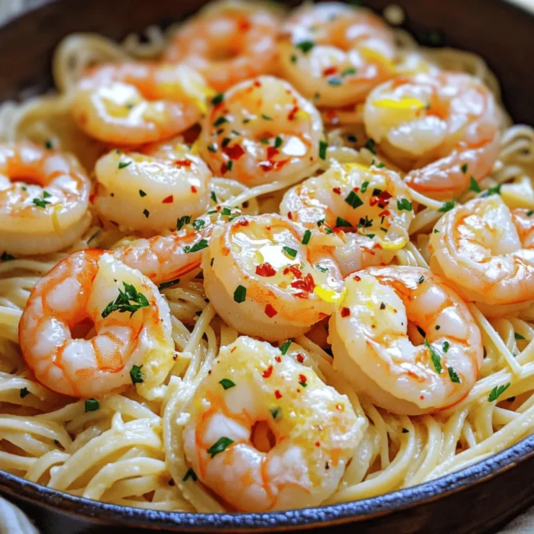 - 1 pound large shrimp, peeled and deveined - 8 ounces linguine or spaghetti - 4 tablespoons unsalted butter - 4 tablespoons olive oil - 6 cloves garlic, minced - 1 teaspoon red pepper flakes (adjust to taste) - 1 tablespoon fresh lemon juice - 1 teaspoon lemon zest - Salt and freshly ground pepper to taste - ¼ cup fresh parsley, chopped - Grated Parmesan cheese for serving (optional) For this dish, I always start with fresh, large shrimp. They not only taste better, but they also look great on the plate. Next, I choose linguine or spaghetti. Both work well, but I often lean toward linguine for its perfect shape to hold the sauce. Butter and olive oil are my go-to fats for this recipe. The butter gives richness, and the olive oil adds a lovely flavor. I never skip the garlic; it’s the star of the show. Use fresh garlic and mince it finely for the best taste. For seasonings, I like a touch of red pepper flakes. It adds a nice kick, but you can adjust it to your taste. Fresh lemon juice and zest brighten the dish. Parsley adds color and freshness. I always keep some grated Parmesan cheese on hand for serving. It is optional, but it adds a nice touch. With these ingredients, you can create a savory garlic butter shrimp scampi that shines at any table. - Bring salted water to a rolling boil. - Cook linguine or spaghetti according to package instructions until al dente. - Heat butter and olive oil in a skillet over medium heat. - Sauté minced garlic until fragrant, about 1-2 minutes. - Add peeled and deveined shrimp to the skillet. - Season shrimp with red pepper flakes, salt, and pepper. - Cook shrimp until pink and opaque, about 3-4 minutes. - Add fresh lemon juice and lemon zest to the skillet. - Toss in the drained pasta, mixing well. - Gradually add reserved pasta water to reach desired sauce thickness. - Stir in chopped fresh parsley for color and flavor. - Taste the dish and adjust seasoning as needed. - Do not overcook shrimp for the best texture. Shrimp cook fast. You want them pink and firm. - Reserve pasta water for sauce adjustments. It helps bind the sauce to the pasta. - Serve in wide, shallow bowls. This makes the dish look fancy and inviting. - Garnish with extra parsley and a drizzle of olive oil. A slice of grilled lemon adds flavor and flair. - Pair with a crisp white wine like Sauvignon Blanc or Pinot Grigio. These wines match the shrimp's lightness. - A dry rosé also works well. Its fruity notes balance the garlic and butter flavors. {{image_4}} To make your garlic butter shrimp scampi shine, add some veggies. Spinach works great. It wilts nicely and adds color. Sun-dried tomatoes bring a sweet and tangy kick. They pair well with the rich garlic butter. You can also switch up the pasta. Try fettuccine or even whole grain pasta for a new twist. Each option changes the dish's vibe, keeping it fresh and exciting. If you want to switch proteins, consider chicken or scallops. Chicken gives a hearty feel. Just cut it into small pieces and cook it in the garlic butter mix. Scallops are sweet and tender, cooking quickly like shrimp. For a meatless dish, use mushrooms or tofu. They soak up the flavors and create a satisfying meal without meat. Want more heat? Add more red pepper flakes. Start with half a teaspoon, then taste. You can always add more. Prefer it mild? Just use less or skip it altogether. For a different kick, try paprika or cayenne pepper. Each spice gives a unique flavor, so have fun experimenting! To keep your garlic butter shrimp scampi fresh, store leftovers in an airtight container. Make sure it cools to room temperature first. This step helps preserve flavor and texture. You can keep it in the fridge for up to 2 days. If you want the best taste, eat it sooner rather than later. If you need to freeze your shrimp scampi, place it in a freezer-safe container. Try to remove as much air as possible. This will help prevent freezer burn. You can freeze it for up to 3 months. When you're ready to enjoy it again, move it to the fridge for 24 hours to thaw. This slow thawing keeps the shrimp tender. To reheat without overcooking the shrimp, use a skillet over low heat. Stir gently to warm it through. If you prefer the microwave, use a microwave-safe dish. Cover it with a damp paper towel to keep moisture. Heat in short bursts, stirring in between, until warm. This way, your shrimp stays juicy and delicious. Shrimp scampi pairs well with many sides. Common choices include: - Garlic bread - Steamed vegetables - A fresh green salad - Rice or risotto - White wine These sides balance the rich flavors of the dish. They also add texture and freshness. Yes, you can prepare shrimp scampi ahead of time. Here are some tips: - Cook the pasta and shrimp separately. - Store them in airtight containers. - Keep the sauce in a different container. - Reheat before serving, adding a splash of pasta water. This way, you can enjoy fresh flavors without stress. Shrimp scampi and shrimp fra diavolo differ in flavor and heat. - Shrimp scampi has a rich, buttery sauce with garlic and lemon. - Shrimp fra diavolo features a spicy tomato sauce with more heat. Both dishes highlight shrimp but offer unique experiences. Perfectly cooked shrimp should be pink and opaque. Here are some tips: - Look for a C-shape; it means they are done. - Avoid gray or translucent shrimp. - Cook them for 3-4 minutes on medium heat. This ensures a tender and juicy bite every time. Garlic butter shrimp scampi is a tasty dish you can create easily. We covered key ingredients, step-by-step cooking methods, and even tips for perfect results. You learned how to adjust flavors and make it your own with variations. Don’t forget to store any leftovers properly. Enjoy your cooking adventure, and savor every bite of this delightful meal. Trust me; it’s worth it!