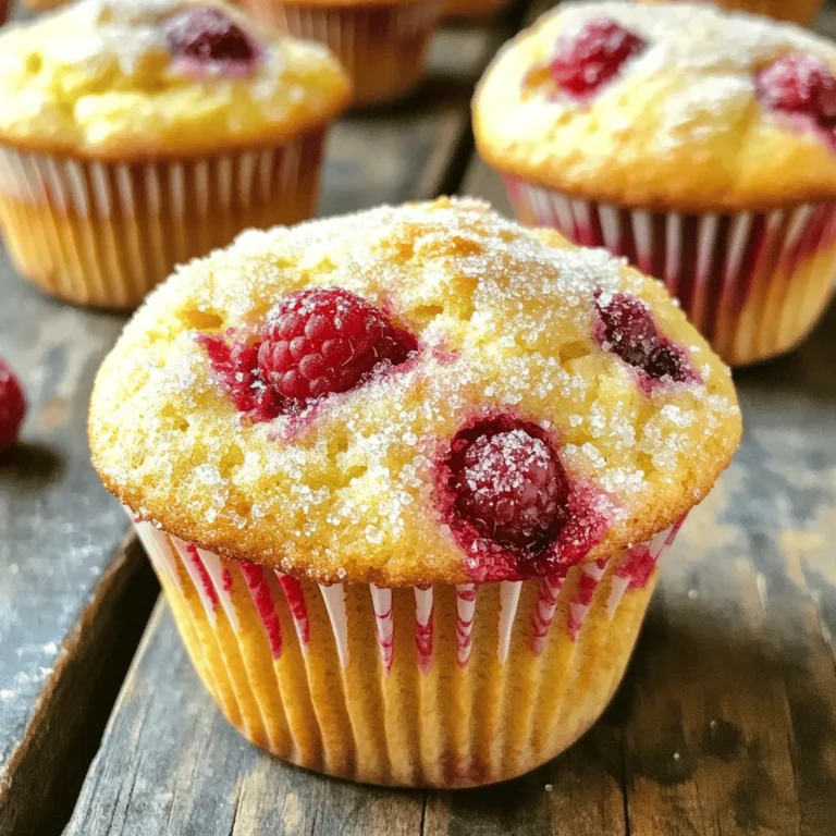 - 1 cup all-purpose flour - 1 cup whole wheat flour - 1/2 cup granulated sugar - 2 teaspoons baking powder - 1/2 teaspoon baking soda - 1/4 teaspoon salt - 1/2 cup unsalted butter, melted and slightly cooled - 1 cup buttermilk (or 1 cup milk mixed with 1 tablespoon lemon juice) - 2 large eggs, room temperature - Zest of 2 large lemons - 1 teaspoon pure vanilla extract - 1 cup fresh raspberries (or thawed frozen raspberries) - 1 tablespoon coarse sugar for topping This recipe uses a mix of all-purpose and whole wheat flour. This blend adds flavor and nutrition. The granulated sugar gives sweetness, while baking powder and baking soda help the muffins rise. The salt balances the sweetness. For the wet ingredients, melted butter adds richness. Buttermilk makes the muffins moist. Eggs bind everything together and add structure. Lemon zest brings bright flavor. Pure vanilla extract adds warmth. Fresh raspberries provide a burst of tartness. You can use frozen raspberries if fresh ones are hard to find. Finally, sprinkling coarse sugar on top gives a nice crunch after baking. This ingredient list makes for bright, delicious muffins. Start by preheating your oven to 375°F (190°C). This step is key for even baking. Next, prepare your muffin tin. You can line it with paper liners or grease it with butter. Proper preparation helps the muffins release easily and keeps them from sticking. Trust me, a well-prepared tin makes all the difference. In a large mixing bowl, sift together the following dry ingredients: - 1 cup all-purpose flour - 1 cup whole wheat flour - 1/2 cup granulated sugar - 2 teaspoons baking powder - 1/2 teaspoon baking soda - 1/4 teaspoon salt Sifting helps make the dry mix light and airy. This is important for fluffy muffins. Combine them well until they look uniform. Now, let’s move to the wet ingredients. In another bowl, whisk together: - 1/2 cup unsalted butter, melted and slightly cooled - 1 cup buttermilk (or substitute with 1 cup milk mixed with 1 tablespoon lemon juice) - 2 large eggs, room temperature - Zest of 2 large lemons - 1 teaspoon pure vanilla extract Make sure the melted butter isn’t hot. A smooth mixture is key to a nice batter. Whisk until everything blends well. Next, it’s time to combine the wet and dry ingredients. Gradually pour the wet mixture into the dry mix. Use a spatula to gently fold them together. Don’t overmix! The batter should stay slightly lumpy for a tender muffin. Now, carefully fold in the fresh raspberries. It’s important to do this gently. You want to maintain their shape without breaking them. This adds lovely bursts of flavor in every bite. When filling the muffin cups, use a spoon or ice cream scoop. Fill each cup about 2/3 full to give them room to rise. Don’t forget to sprinkle coarse sugar on top for a sweet crunch! Place the muffin tin in your preheated oven and bake for 18-20 minutes. To check for doneness, insert a toothpick into the center. If it comes out clean or with a few crumbs, they are ready. Let the muffins cool in the pan for about 5 minutes. Then, transfer them to a wire rack. This keeps them fluffy and prevents sogginess. Enjoy the delightful aroma while they cool! To make the perfect muffin, avoid overmixing the batter. When you mix too much, muffins can turn out tough instead of fluffy. You want the batter to be a bit lumpy. This keeps your muffins soft and light. If you like your muffins moist, you can adjust the liquid. Add a little more buttermilk for a softer muffin. On the other hand, if you prefer a denser texture, reduce the liquid slightly. This simple tweak can change your muffin experience! Want more lemon flavor? Try adding a lemon glaze. Mix powdered sugar with lemon juice until it’s smooth. Drizzle it over the cooled muffins for a tasty touch. You can also add extra lemon zest to the batter for a stronger flavor. For a unique twist, think about adding nuts or poppy seeds. Chopped walnuts or slivered almonds work well. They add crunch and a new taste. Poppy seeds give a nice look and a hint of flavor, too! If you bake at high altitudes, you might need to make some changes. High altitudes can make muffins rise too quickly, leading to collapse. To fix this, reduce the baking powder by about a quarter teaspoon. You may also want to add a bit more liquid to keep muffins moist. Baking can be tricky at higher altitudes, but these small tweaks can help you enjoy perfect muffins every time! {{image_4}} You can easily switch up your muffin flavors. Try using other berries like blueberries or cranberries instead of raspberries. Each berry adds its own taste, making the muffins unique. You can also add other citrus flavors. Lime or orange zest can give a fresh twist to the muffins. Just replace some lemon zest with lime or orange zest. This change makes the muffins even more exciting. If you want a gluten-free version, use alternative flours like almond or coconut flour. Mix these flours with gluten-free baking powder to ensure they rise well. Keep an eye on the baking time, as gluten-free muffins may bake faster. For a vegan option, swap eggs with flax eggs. Mix 1 tablespoon of ground flaxseed with 2.5 tablespoons of water and let it sit for a few minutes. You can also use almond milk or coconut milk instead of buttermilk. These swaps keep your muffins delicious and dairy-free. You can adjust the baking time if you want mini or jumbo muffins. Mini muffins usually bake for about 10-12 minutes. Jumbo muffins may need 25-30 minutes. If you want to make a cake or bread, pour the batter into a loaf pan. Bake it for 45-55 minutes. Check for doneness by inserting a toothpick. This way, you can enjoy the same tasty lemon raspberry flavor in various forms. To keep your Lemon Raspberry Muffins fresh, store them in an airtight container. This helps lock in moisture and flavor. You can use a plastic container or a resealable bag. Place the muffins at room temperature for up to three days. If you want them to last longer, store them in the fridge. Just remember to let them cool completely before sealing them up. This prevents sogginess. Freezing muffins is easy and a great way to save some for later. First, let your muffins cool completely. Then, wrap each one tightly in plastic wrap. After that, place the wrapped muffins in a freezer-safe bag or container. They can stay in the freezer for up to three months. When you want to enjoy a muffin, take it out and let it thaw at room temperature. If you prefer a warm muffin, you can reheat it. Place the muffin in the microwave for about 15-20 seconds. You can also use an oven or toaster oven for a couple of minutes at 350°F (175°C). This will help restore that fresh-baked texture. What can I use as a substitute for buttermilk? You can use regular milk mixed with lemon juice. Just add 1 tablespoon of lemon juice to 1 cup of milk. Let it sit for 5 minutes to thicken. This will give your muffins a nice tang. How can I make my muffins less sweet? To reduce sweetness, cut back on the sugar. Try using only 1/3 cup of granulated sugar instead of 1/2 cup. This change keeps the flavor balanced while lowering the sugar content. Can I use frozen raspberries instead of fresh? Yes, you can! Just make sure to thaw the raspberries first. Pat them dry with a paper towel to prevent excess moisture in the batter. This keeps your muffins from getting too soggy. How long do these muffins last at room temperature? These muffins last about 2 to 3 days at room temperature. Keep them in an airtight container to help maintain their freshness. What’s the best way to reheat leftover muffins? To reheat, use your microwave or oven. For the microwave, warm for 10-15 seconds. If using an oven, preheat to 350°F (175°C) and heat for about 5-7 minutes. This keeps them soft and tasty. Why did my muffins turn out dense? Dense muffins may happen if you overmix the batter. Mix just until the ingredients combine, leaving some lumps. Also, check your baking powder for freshness. Old leavening agents can lead to dense muffins. How to avoid overbaking muffins? To avoid overbaking, keep a close eye on your muffins late in the baking time. Start checking at 18 minutes. Insert a toothpick; if it comes out clean or with a few crumbs, they are ready. General nutritional benefits of lemon and raspberry muffins Lemon and raspberries add vitamins and antioxidants. Lemon offers vitamin C, while raspberries provide fiber and antioxidants. These muffins are a flavorful way to enjoy these benefits. Tips for making them healthier without sacrificing taste To make these muffins healthier, use whole wheat flour instead of all-purpose flour. You can also cut the sugar more, or substitute it with honey or maple syrup. Adding nuts or seeds boosts nutrition too! This blog post provided a clear guide to making perfect lemon raspberry muffins. You learned about the necessary ingredients, helpful instructions, and essential tips to achieve the best texture. We even explored flavor variations, dietary modifications, and storage methods. Remember, baking is a joy. With practice, you'll create delightful muffins for everyone. Enjoy baking and sharing these treats!