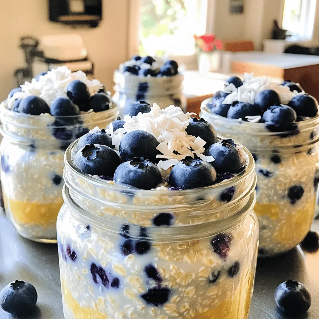 - 1 cup rolled oats - 1 cup coconut milk (choose between canned or carton) - 1/2 cup Greek yogurt (optional, for extra creaminess) - 1/2 cup fresh blueberries - 2 tablespoons unsweetened shredded coconut - 1 tablespoon honey or maple syrup (adjust based on your preferred sweetness) - 1/2 teaspoon pure vanilla extract - A pinch of salt This recipe packs a punch of flavor and nutrition. The rolled oats form the base of your meal. They provide a lot of fiber and help you feel full. Coconut milk adds creaminess and a lovely coconut taste. You can choose canned milk for a richer flavor or the carton for a lighter touch. If you want a creamier mix, Greek yogurt is a great option. It adds protein and makes the oats smooth. Fresh blueberries bring sweetness and antioxidants. They give your overnight oats a burst of flavor. Unsweetened shredded coconut adds texture and enhances the coconut taste. You can sweeten your dish with honey or maple syrup. Adjust the amount based on how sweet you want it. The vanilla extract adds depth, while a pinch of salt balances all the flavors. Gather these ingredients, and you are ready to create a tasty, nutritious meal that will make your mornings brighter! 1. Start by taking a medium bowl. Add 1 cup rolled oats and 1 cup coconut milk. Stir them together well. 2. If you want more creaminess, add 1/2 cup Greek yogurt. Next, pour in 1 tablespoon honey or maple syrup for sweetness. 3. Add 1/2 teaspoon pure vanilla extract and a pinch of salt. Mix everything until the oats soak up the liquid. 1. Gently fold in 1/2 cup fresh blueberries. Make sure to save a few for topping later. 2. Now, add 2 tablespoons unsweetened shredded coconut to the mixture. Stir it well until fully combined. 1. Divide the mixture evenly into two jars or airtight containers. Leave a little space at the top. 2. Seal the containers tightly. Place them in the fridge overnight, or for at least 4 hours. Eight hours is best for great flavor. When you wake up, your delicious, creamy Blueberry Coconut Overnight Oats will be ready to enjoy! Soaking time is key for great overnight oats. Aim for at least 4 hours in the fridge. Eight hours gives the best flavor and texture. The oats need this time to absorb the liquid fully. If you prefer a looser mix, you can adjust the consistency with coconut milk. Just add a splash before eating to reach your desired creaminess. You can make these oats even better with extra toppings and mix-ins. Try adding nuts, seeds, or even a scoop of nut butter. For sweetness, adjust the amount of honey or maple syrup. Start with one tablespoon, then taste and add more if needed. Fresh fruit can also boost flavor and texture. Making a larger batch saves time on busy mornings. Simply double the recipe and store the extra jars in the fridge. Use airtight containers to keep them fresh. You can prepare these oats ahead of time and enjoy them throughout the week. Just grab and go! {{image_4}} You can change the berries in your overnight oats. Try using strawberries or raspberries instead of blueberries. These fruits add different flavors and colors. If you want a tropical twist, add diced mango or pineapple. These fruits make your oats even more exciting. If you want to switch up the milk, many options exist. Almond milk gives a nutty flavor. Soy milk is a great choice for a creamy texture. Oat milk is another tasty option. Each milk adds a unique taste to your oats, so feel free to experiment! You can easily make these oats fit your diet. For a vegan option, skip the Greek yogurt. You can replace it with more coconut milk or a dairy-free yogurt. For those who need gluten-free meals, use certified gluten-free oats. These simple swaps keep your dish both tasty and healthy. You can store the mixture in the fridge for up to five days. I suggest using airtight containers or jars. This keeps the oats fresh and tasty. Yes, you can freeze overnight oats! Just divide them into containers before freezing. To thaw, place them in the fridge overnight. You can also microwave them for a quick thaw. The best time to enjoy these oats is in the morning. If you like your oats warm, heat them in the microwave for about one minute. This brings back the cozy feel of a warm breakfast. Blueberry Coconut Overnight Oats stay fresh for up to five days in the fridge. To keep them tasty, store them in airtight containers. This helps lock in moisture and flavor. If you notice any change in smell or texture, it’s best to toss them. Yes, you can easily make these oats vegan! Simply skip the Greek yogurt. Instead, use an extra half cup of coconut milk to keep it creamy. You can also use maple syrup as your sweetener. Both options are plant-based and delicious. If you don’t have Greek yogurt, try using silken tofu. It adds a nice creamy texture. You can also use almond yogurt or coconut yogurt for a dairy-free option. Each of these substitutes keeps the flavor rich and smooth, just like Greek yogurt. Blueberry Coconut Overnight Oats are simple and tasty. We covered key ingredients, step-by-step instructions, and helpful tips. You can tweak flavors and store them easily for busy mornings. Making these oats vegan or using different fruits is simple too. Now, you know how to make a delicious breakfast that fits your needs. Enjoy these oats chilled or warm, and make them your own!