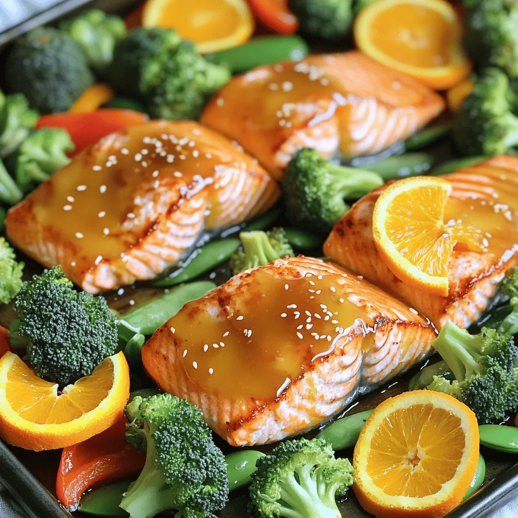 - 4 salmon fillets (about 6 ounces each) - 2 medium oranges (fresh zest and juice) Salmon fillets are rich in healthy fats. They provide great flavor and texture. Fresh oranges add a bright, zesty taste. Use both juice and zest for the best flavor. - 3 tablespoons honey (preferably raw for a richer flavor) - 2 tablespoons low-sodium soy sauce - 1 tablespoon extra virgin olive oil - 3 cloves garlic, finely minced - 1 teaspoon fresh ginger, grated - 1 teaspoon toasted sesame oil - Salt and freshly cracked black pepper to taste The glaze combines sweet and savory. Honey gives a nice sweetness. Low-sodium soy sauce adds umami. Garlic and ginger bring warmth and depth. Olive oil helps with a smooth glaze. - 1 cup broccoli florets (ideally small-sized) - 1 cup bell peppers (assorted colors, thinly sliced) - 1 cup snap peas (trimmed and cleaned) Choose colorful vegetables for more appeal. Broccoli florets are crunchy and nutritious. Bell peppers add sweetness and color. Snap peas are crisp and fun to eat. They all complement the salmon well. Preheat your oven to 400°F (200°C). While it heats, line a large baking sheet with parchment paper. This makes cleanup easy later. In a medium bowl, mix together the juice and zest from the oranges. Add the honey, low-sodium soy sauce, and olive oil. Next, stir in the minced garlic, grated ginger, and sesame oil. Add a dash of salt and pepper. Whisk until it forms a smooth glaze. Place the salmon fillets skin-side down on one side of the baking sheet. Brush the orange glaze over the tops of the salmon. On the other side, spread the broccoli, bell peppers, and snap peas. Drizzle lightly with olive oil and season with salt and pepper. Toss the veggies to coat them evenly. Put the baking sheet in the oven. Roast for about 15-20 minutes. The salmon is ready when it flakes easily with a fork. The veggies should be tender but still have some crunch. For extra flavor, you can broil the dish for 2-3 minutes. This will give the salmon a nice char and caramelize the veggies. It adds a lovely depth to the dish. To make the best orange glaze, start with good honey. Raw honey has richer flavors, which enhances the glaze. It adds a natural sweetness and depth you can't get from regular honey. For soy sauce, use low-sodium. This option lets you control the saltiness and keeps your dish tasty without being too salty. Mixing these two ingredients with fresh orange juice and zest makes a vibrant glaze. To check if your salmon is done, use a fork. Gently poke the fish. If it flakes easily, it is ready. For perfect cooking, keep an eye on the time. Roast the salmon for 15 to 20 minutes. If you want a little char, broil it for 2 to 3 minutes at the end. This step gives a rich flavor and nice texture. To boost the flavor of your veggies, season them well. A sprinkle of salt and pepper works wonders. When you drizzle olive oil, it helps the seasoning stick. Toss the broccoli, bell peppers, and snap peas to coat them evenly. This simple step makes a big difference in taste. For more variety, feel free to add your favorite herbs or spices. {{image_4}} You can swap salmon with other fish. Try trout or cod for a fresh taste. Chicken thighs are also a great choice. They soak up the orange glaze well. Just adjust the cooking time to ensure they cook through. Fish cooks fast, but chicken may need a bit longer. Use seasonal vegetables for variety. Zucchini, asparagus, or carrots fit nicely in this dish. They add color and flavor, making the meal more exciting. You can mix and match any veggies you love. Just make sure they are cut to a similar size for even cooking. Want some heat? Add chili flakes or a dash of hot sauce to the glaze. You can also stir in a bit of sriracha for extra kick. If you like it spicy, feel free to experiment. Adjust the heat to match your taste. To keep your salmon and veggies fresh, follow these tips: - Allow the dish to cool for about 30 minutes. - Use an airtight container for storage. - Store in the fridge for up to three days. - Place a paper towel in the container to absorb moisture. Keeping the salmon away from air helps maintain its taste. The veggies should stay crisp if stored properly. When you reheat your salmon and veggies, use these techniques: - Preheat your oven to 350°F (175°C). - Place the salmon and veggies on a baking sheet. - Cover them loosely with foil to avoid drying out. - Heat for about 10-15 minutes until warmed through. This method keeps the salmon moist and the veggies crunchy. Avoid using the microwave, as it can make everything soggy. Yes, you can freeze cooked salmon! Here’s how: - Allow the dish to cool completely. - Wrap the salmon tightly in plastic wrap. - Place the wrapped salmon in a freezer bag. - Label the bag with the date and freeze for up to three months. When ready to eat, thaw overnight in the fridge. Reheat using the guidelines above for the best taste. You can tell salmon is done when it flakes easily with a fork. The meat should look opaque and bright pink. If it is still translucent in the middle, it needs more time. Make sure to check the thickest part of the fillet. Using a meat thermometer can help too. The internal temperature should reach 145°F (63°C). Yes, you can use frozen salmon for this recipe. Just make sure to thaw it first. You can leave it in the fridge overnight or use the defrost setting on your microwave. If the fillets are still a bit icy, they may need more cooking time. Keep an eye on them to ensure they cook evenly. This salmon goes well with several side dishes. Here are some tasty options: - Quinoa or rice for a filling base - A simple green salad for freshness - Roasted sweet potatoes for sweetness - Garlic bread for a comforting touch To make this dish low-carb, focus on the veggies. You can skip the honey or use a low-carb sweetener. Replace the soy sauce with coconut aminos for fewer carbs. You can also add more non-starchy vegetables like zucchini or cauliflower. Yes, you can make the orange glaze ahead of time. Store it in an airtight container in the fridge. It will stay fresh for about three days. Just give it a good stir before using it again. If it thickens, you can add a bit of water to loosen it. This article explored making orange glazed salmon, focusing on simple ingredients, easy steps, and helpful tips. We covered all you need, from the fresh salmon and orange glaze to perfect cooking methods. Remember, you can customize this dish with different proteins and veggies. Don't hesitate to tweak the flavors with spices or adjust for low-carb needs. Enjoy cooking and let your taste buds shine with this delicious meal!