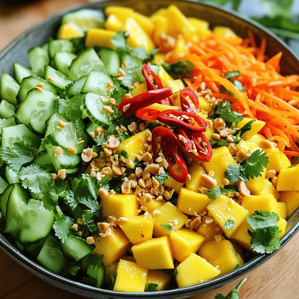 To make a Spicy Thai Mango Salad, you need fresh and vibrant ingredients. Here’s what you should gather: - 2 ripe mangoes, peeled and diced into bite-sized cubes - 1 cucumber, julienned into thin strips - 1 red bell pepper, sliced thinly into strips - 1 medium carrot, grated finely - 3 tablespoons freshly squeezed lime juice - 2 tablespoons fish sauce (or soy sauce for a vegetarian alternative) - 1 tablespoon honey or agave syrup for sweetness - 1 red chili, finely sliced (adjust quantity based on your heat preference) - ¼ cup fresh cilantro leaves, roughly chopped - ¼ cup roasted peanuts, crushed into pieces - Salt, to taste These ingredients work together to create a perfect balance of flavors. The sweet mango and crunchy veggies make it colorful and fun. You can customize your salad based on your taste. Here are some optional ingredients you might like: - Avocado for creaminess - Green onions for extra crunch - Other types of chili for different heat levels - A splash of sesame oil for depth Feel free to mix and match these items. They add unique flavors and textures. Fresh ingredients are key in Thai cooking. They bring brightness and flavor to dishes. Using ripe mangoes makes your salad sweet and juicy. Fresh herbs, like cilantro, add a fragrant note. Crunchy veggies enhance texture. When you use fresh produce, you get the best taste and nutrition. Fresh ingredients also make your meals look appealing. In Thai cuisine, we focus on balance in flavors, colors, and textures. So, always choose the best ingredients for your salad. Start with fresh mangoes. Peel and dice two ripe mangoes into small cubes. Next, take one cucumber and julienne it into thin strips. Slice one red bell pepper into thin strips, too. Grate one medium carrot finely. In a large mixing bowl, add the mangoes, cucumber, bell pepper, and carrot. Gently mix them together to combine well. This step ensures each bite has a burst of flavor. For the dressing, grab a small bowl. Whisk together three tablespoons of freshly squeezed lime juice. Add two tablespoons of fish sauce, or soy sauce if you want a vegetarian option. Then, mix in one tablespoon of honey or agave syrup for sweetness. Season with a pinch of salt. Taste the dressing and adjust as needed. You can add more lime juice or sweetener based on your taste. Now, drizzle the dressing over the salad mix. Toss it gently to coat all the ingredients. Be careful not to bruise the mangoes. Next, add one finely sliced red chili. This gives a spicy kick! Mix in a quarter cup of roughly chopped cilantro. Let the salad sit for about ten minutes. This resting time helps the flavors blend nicely. Before serving, sprinkle a quarter cup of crushed roasted peanuts on top for a crunchy finish. Serve your salad in a colorful platter or individual bowls. Enjoy the vibrant flavors of your Spicy Thai Mango Salad! To slice mangoes well, start by picking ripe ones. Ripe mangoes feel soft but not mushy. Use a sharp knife to cut the mango. Slice it lengthwise along the pit. Make long cuts, then crosswise cuts. Finally, scoop out the cubes with a spoon. This method keeps the mango neat and helps avoid waste. Spicy Thai Mango Salad has a kick from the red chili. If you want less heat, use fewer chili slices. For more spice, add extra slices or use a spicier chili. You can also remove the seeds from the chili for milder heat. Always taste as you go. This helps you find the right balance for your taste. Letting the salad rest boosts the flavor. After mixing the ingredients, allow it to sit for about 10 minutes. This marination time lets the dressing soak in. The lime juice and fish sauce blend well with the mangoes. This step makes each bite burst with flavor. Trust me, your taste buds will thank you! {{image_4}} You can easily make this salad vegetarian or vegan. Instead of fish sauce, use soy sauce or tamari. These options add a salty flavor without fish. If you want a sweeter touch, agave syrup works well. It keeps the salad light and fresh. If you have nut allergies, skip the peanuts. You can replace them with sunflower seeds or pumpkin seeds for crunch. These options give texture without nuts. For those who are gluten-free, use tamari instead of soy sauce. This keeps the salad safe for everyone. You can change the fruits based on the season. In summer, use peaches for a juicy twist. In fall, try apples for a crisp bite. Each fruit adds its own flavor, making the salad unique. Get creative with the fruits you love most! To store leftover Spicy Thai Mango Salad, place it in an airtight container. This keeps the salad fresh and prevents moisture loss. If you have any dressing left, store it separately. This way, the salad won't get soggy. Always use fresh ingredients when you make the salad. Store mangoes, cucumbers, and other veggies in the fridge. Keep the salad away from direct sunlight. For extra freshness, add a paper towel inside the container. This absorbs excess moisture and keeps the salad crisp. When stored properly, Spicy Thai Mango Salad lasts for about 2 days in the fridge. After that, the texture and flavor may change. Always check for any signs of spoilage before eating. If it looks or smells off, it's best to discard it. Enjoy your salad while it's fresh for the best taste! Spicy Thai Mango Salad is packed with vitamins. Mangoes provide vitamin C and A, which boost your immune system. Cucumbers add hydration and fiber, great for digestion. Carrots are full of beta-carotene, which is good for your eyes. Fresh herbs like cilantro add antioxidants. The healthy fats from peanuts also help keep you full. Overall, this salad is a colorful mix of nutrients. Yes, you can prepare this salad ahead of time. However, I recommend you wait to add the dressing until just before serving. This keeps the salad fresh and crunchy. If you mix it too early, the mangoes can get mushy. Store the salad in an airtight container in the fridge. It stays good for one day. This salad pairs well with many dishes. Serve it alongside grilled chicken or shrimp for a complete meal. It also goes great with spring rolls or rice paper rolls. For a vegetarian option, try it with tofu or quinoa. You can even serve it as a refreshing side for barbecued meats. The bright flavors of the salad enhance any dish you choose. Spicy Thai Mango Salad brings together fresh ingredients, bold flavors, and simple steps. Start with ripe mangoes and customize your dish with optional ingredients. Freshness is key in Thai cuisine, making your salad pop with flavor. Follow the step-by-step guide to prepare and dress your salad perfectly. Don’t forget the tips on slicing mangoes and adjusting heat for your taste. You can explore variations and store leftovers properly for future meals. Enjoy this tasty salad as a healthy option anytime. Your kitchen adventures with this salad will be both fun and rewarding!