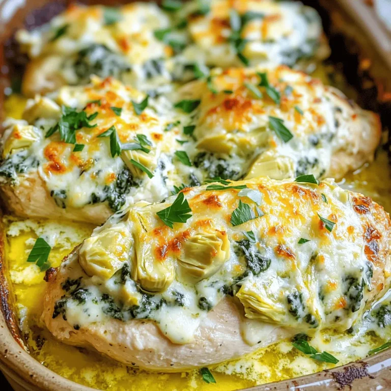 - 4 boneless, skinless chicken breasts - 1 cup fresh spinach, finely chopped - 1 cup canned artichoke hearts, drained and coarsely chopped - 1 cup cream cheese, softened - 1/2 cup sour cream - 1 cup shredded mozzarella cheese, divided - 1/2 cup grated Parmesan cheese - 2 cloves garlic, minced - 1 teaspoon onion powder - 1 teaspoon Italian seasoning - Salt and pepper to taste - Olive oil for greasing You can add a pinch of red pepper flakes for heat. A sprinkle of smoked paprika gives a nice depth. Fresh herbs like parsley or basil can brighten the dish. If you can't find artichoke hearts, use chopped mushrooms instead. For a lighter option, swap cream cheese with Greek yogurt. You can also use chicken thighs if you prefer darker meat. 1. Preheat your oven to 375°F (190°C). This step warms the oven for even cooking. 2. Grease the bottom and sides of your baking dish with olive oil. This helps prevent sticking. 3. Season the chicken breasts on both sides with salt, pepper, and onion powder. Use enough seasoning for great flavor. 4. Place the seasoned chicken breasts in a single layer at the bottom of the dish. Make sure they do not overlap. 5. In a bowl, mix fresh spinach, artichoke hearts, minced garlic, cream cheese, sour cream, and half of the mozzarella. This mixture adds flavor and creaminess. 6. Stir until the mixture is smooth and well combined. You want a nice, thick spread. 7. Spread the spinach and artichoke mix evenly over the chicken. Make sure every piece is covered. 1. Sprinkle the remaining mozzarella and Parmesan cheese on top of the mixture. This will create a cheesy crust. 2. Cover the baking dish tightly with aluminum foil. This keeps moisture in while baking. 3. Bake in the oven for 25 minutes. This step cooks the chicken and melts the cheese. 4. After 25 minutes, remove the foil. Allow the cheese to brown for 15 more minutes. 5. Check the chicken's internal temperature; it should be 165°F (75°C). The cheese should be golden and bubbling. - Use a meat thermometer to check the chicken's temperature. This gives you the best reading. - If you don't have a thermometer, cut into a thick part of the chicken. The juices should run clear, not pink. - Let the dish cool for a few minutes before serving. This makes it easier to slice. For the best cheese blend, mix mozzarella and Parmesan. These cheeses melt well and add flavor. You can also try gouda for a smoky taste. Cream cheese brings creaminess and richness to the dish. Mixing these cheeses elevates the bake to a new level. Boost the flavor with fresh herbs. Basil or parsley can add brightness. You may also use lemon juice for a zesty kick. Garlic adds depth, so don’t skip it! Adding a pinch of red pepper flakes gives a nice heat. Adjust these ingredients based on your taste preferences. Avoid overcooking the chicken. Use a meat thermometer to check if it reaches 165°F. This keeps the meat juicy. Don't rush mixing the cheese and veggies; a smooth blend makes a better dish. Lastly, remember to cover the bake with foil initially. This keeps it moist and tender while baking. {{image_4}} You can make this dish lighter without losing flavor. Use skinless chicken thighs instead of breasts. They stay juicy and tender. Swap out cream cheese for Greek yogurt. This gives you a creamy texture with fewer calories. You can also use low-fat mozzarella cheese. This change cuts fat while keeping that gooey goodness. If you want a vegetarian version, simply leave out the chicken. Replace it with hearty vegetables. Try using mushrooms or zucchini for great texture. You can also add cooked quinoa for extra protein. The spinach and artichoke mix still shines without the meat. This option is perfect for a meatless meal. Want to step up the flavor? Add some red pepper flakes for heat. A squeeze of lemon juice brightens the dish, too. Fresh herbs like basil or dill can make it more aromatic. For a smoky twist, try adding smoked paprika. These small changes can turn a classic into something new and exciting. After enjoying your Spinach Artichoke Chicken Bake, let leftovers cool. Place them in an airtight container. Keep the container in the fridge. This dish stays fresh for up to three days. Make sure to seal it well. This keeps the flavors locked in and prevents any odors from mixing. When you are ready to eat leftovers, preheat your oven to 350°F (175°C). Place the chicken bake in a baking dish. Cover it with foil to keep it moist. Heat it for about 20–25 minutes. Check that it is warm all the way through. If you want a crispy top, remove the foil for the last 5 minutes. To freeze, cut the dish into portions. Wrap each piece in plastic wrap, then place them in freezer bags. Remove as much air as possible. This helps to avoid freezer burn. You can freeze it for up to three months. When you're ready to eat, thaw it in the fridge overnight before reheating. Enjoy your tasty meal later! Yes, you can use frozen spinach. Just make sure to thaw it first. Squeeze out any extra water after defrosting. This helps keep your dish from being too watery. Frozen spinach works well in many recipes. It is a great time-saver and still offers good flavor. This dish pairs well with many sides. Here are some ideas: - Fluffy quinoa for a nutty flavor. - A crisp garden salad for freshness. - Garlic bread to soak up the cheesy sauce. - Steamed vegetables for added color and nutrition. Feel free to mix and match based on your taste! To check if the chicken is done, use a meat thermometer. The internal temperature should reach 165°F (75°C). This ensures that the chicken is safe to eat. If you don’t have a thermometer, cut into the chicken. The meat should be white and the juices should run clear. Always check in the thickest part of the chicken breast for accuracy. This post covered key steps for making a delicious Spinach Artichoke Chicken Bake. We explored the ingredients, from cheese combos to optional seasonings. The step-by-step guide ensured you understand preparation and baking. I shared tips for perfect doneness and common mistakes to avoid. Lastly, I offered variations, storage advice, and answered popular questions. Cooking is fun, and now you know how to create something special. Enjoy making this dish and share it with friends!