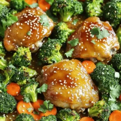 - 4 chicken thighs, skin-on and bone-in - 2 tablespoons honey - 4 cloves garlic, minced - 2 tablespoons soy sauce (preferably low sodium) - 1 tablespoon apple cider vinegar - 1 tablespoon olive oil - 1 teaspoon fresh ginger, grated - Salt and pepper to taste Chicken thighs are my go-to for this dish. They stay juicy and tender. The marinade is the star. Honey adds sweetness, while garlic gives it a rich flavor. Soy sauce adds umami, and vinegar balances it all. Olive oil keeps the chicken moist. - 2 cups broccoli florets - 2 cups baby carrots For the veggies, I use broccoli florets and baby carrots. They cook well and add color. Toss them in olive oil, salt, and pepper before roasting. This simple step makes them tasty and crisp. - Sesame seeds for garnish - Fresh cilantro or parsley, chopped, for garnish After cooking, sprinkle sesame seeds on top. They add crunch and flavor. Chopped fresh herbs, like cilantro or parsley, give a nice touch. They make the dish look bright and fresh. Preheating the oven is vital for even cooking. It helps the chicken cook through while keeping it juicy. Set your oven to 400°F (200°C). Wait until it’s fully hot before adding your dish. In a small bowl, mix the marinade. Combine 2 tablespoons of honey, 4 minced garlic cloves, and 2 tablespoons of soy sauce. Add 1 tablespoon of apple cider vinegar, 1 tablespoon of olive oil, and 1 teaspoon of grated ginger. Season with salt and pepper. Whisk well to blend all the flavors. This marinade gives the chicken a sweet and savory taste. Place the chicken thighs in a large bowl or a zip-top bag. Pour half of the marinade over the chicken. Make sure each piece is well coated. Let it marinate for at least 30 minutes. For even more flavor, refrigerate it for up to 4 hours. If you're short on time, 30 minutes works well, too! Get your vegetables ready while the chicken marinates. On a large sheet pan, spread 2 cups of broccoli florets and 2 cups of baby carrots. Drizzle a little olive oil over them. Season with salt and pepper, then toss until they are coated. This helps the veggies get nice and tender when roasted. After marinating, take the chicken out of the marinade and place it on the sheet pan with the vegetables. Arrange the chicken thighs skin-side up. Brush the remaining marinade over the chicken and veggies for extra flavor. Bake in the preheated oven for about 35-40 minutes. The chicken should reach 165°F (75°C) internal temperature, while the veggies should be tender and crisp. Once done, take the sheet pan out of the oven. Let the dish rest for about 5 minutes. This helps the juices settle. When ready to serve, sprinkle sesame seeds and fresh herbs like cilantro or parsley on top. This adds a nice touch and makes your meal look inviting. Enjoy this easy and tasty family dish! - Recommended internal temperature: Cook chicken thighs to 165°F (75°C). This keeps the meat safe to eat and moist. Use a meat thermometer to check the temperature easily. - Tips for avoiding dryness: Marinate the chicken for at least 30 minutes. This adds moisture and flavor. Make sure to coat the chicken well in the marinade. Also, do not overcook the chicken. It will dry out quickly if cooked too long. - Marinating alternatives: Try using orange juice or maple syrup in place of honey. Both add unique flavors to the chicken. You can also use yogurt for a tangy taste. - Suggested spices and herbs: Add a pinch of cayenne for heat. Fresh thyme or rosemary can give a nice aroma. Experiment with spices like paprika for a smoky profile. - Meal prep tips: Prepare the marinade the night before. Store chicken in the marinade overnight for deeper flavor. Chop the vegetables ahead of time to cut down on cooking time. - Shortcut suggestions for busy cooks: Use pre-cut vegetables from the store. They save time and effort. You can also buy pre-marinated chicken for a quick meal option. {{image_4}} You can easily swap chicken thighs for other proteins. If you prefer, use chicken breast. It cooks faster and is leaner. Just keep an eye on the cooking time to avoid dryness. For a twist, try pork tenderloin. It pairs well with the honey garlic sauce. Cut it into bite-sized pieces to ensure even cooking. If you're looking for plant-based options, tofu works great too. Press it first to remove excess water. Then, marinate and roast just like the chicken. The sauce will make it flavorful and satisfying. Feel free to change up the vegetables in this dish. Green beans or bell peppers are good choices. They add color and taste. You can also use seasonal veggies. In summer, try zucchini or cherry tomatoes. In fall, butternut squash or Brussels sprouts work well. Each season brings a new flavor to enjoy. To change the flavor, play with the marinade. You can use teriyaki sauce instead of honey for a different taste. If you like spice, add red pepper flakes for a kick. You can also add a splash of lime juice for brightness. Adjust the sweetness by using less honey or adding more garlic. This way, you can customize it to your liking. To store leftovers, let the dish cool first. Place the chicken and veggies in an airtight container. They can last in the fridge for about 3 to 4 days. Always try to eat them within this time for the best taste and safety. To freeze cooked chicken, let it cool completely. Wrap it tightly in foil or plastic wrap. Place it in a freezer-safe bag. It can stay fresh for up to 3 months. For thawing, move it to the fridge overnight. If you're in a hurry, you can use the microwave. Just ensure it’s heated evenly. When reheating, the oven works best. It keeps the chicken crispy and moist. Heat it at 350°F (175°C) for about 15-20 minutes. Check that the internal temperature reaches 165°F (75°C) to ensure it's safe to eat. Avoid reheating in the microwave if possible, as it can make the chicken rubbery. Yes, you can use boneless chicken thighs. Boneless chicken cooks faster and is easier to eat. However, it may dry out more easily. Bone-in chicken adds flavor and keeps moisture. If you choose boneless, watch the cooking time closely. Aim for an internal temperature of 165°F to ensure it is safe to eat. If you don’t have honey, you have options. Maple syrup or agave nectar work well as substitutes. You can also use brown sugar mixed with water. Just remember, these options change the flavor a bit. Adjust the amount to taste, since some are sweeter than honey. To make this dish gluten-free, use tamari instead of soy sauce. Tamari has a similar taste but is gluten-free. Always check the label to ensure it meets your needs. You might also want to use fresh garlic instead of garlic powder, as some brands add gluten. Yes, you can prepare this dish ahead of time. Marinate the chicken up to 4 hours in advance. For meal prep, chop the veggies and store them in the fridge. The flavors improve with time, but don’t marinate too long. Cook it fresh for the best taste. When ready, just assemble and roast it. This blog post showed you how to make a tasty chicken dish. You learned about the main ingredients, like chicken thighs and tasty marinades. We covered how to prepare veggies, assemble the dish, and add garnishes. I shared tips to ensure your chicken is juicy and flavorful. You can even customize the recipe with different proteins and vegetables. Remember to store leftovers properly. Now, with all this knowledge, enjoy making your delicious meal and impress your family or friends. Happy cooking!