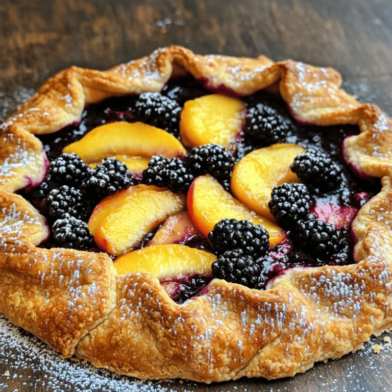 - 1 ½ cups all-purpose flour - 4 tablespoons granulated sugar, divided - ¼ teaspoon salt - ½ cup cold unsalted butter, cubed - 4 to 5 tablespoons ice water - 1 cup fresh blackberries - 1 cup ripe peaches, peeled and sliced - 1 teaspoon vanilla extract - 1 tablespoon cornstarch - 1 teaspoon lemon juice - 1 egg (for egg wash) - Optional: powdered sugar for dusting To make a blackberry peach galette, you need fresh and simple ingredients. Start with flour, sugar, and salt for the crust. You need cold butter to make the crust flaky. Ice water helps the dough come together. For the filling, fresh blackberries and ripe peaches are key. You can add vanilla for flavor. Cornstarch helps thicken the juices. Lemon juice gives a nice zing. An egg wash makes the crust shiny. Dusting with powdered sugar is optional but fun! Using quality ingredients makes a big difference. Fresh fruit enhances the taste. I recommend checking for ripe peaches. They should feel slightly soft but not mushy. Blackberries should be plump and shiny. Always use cold butter for the best texture. It helps create a nice, flaky crust. Enjoy gathering these ingredients for your galette! - In a large bowl, mix 1 ½ cups of flour, 2 tablespoons of sugar, and ¼ teaspoon of salt. - Cut ½ cup of cold butter into the flour mix until it looks crumbly. - Slowly add 4 to 5 tablespoons of ice water, one tablespoon at a time, until the dough holds together. - Shape the dough into a disc about one inch thick. Wrap it in plastic and chill it for 30 minutes. - In another bowl, combine 1 cup of blackberries and 1 cup of sliced peaches. - Add 2 tablespoons of sugar, 1 tablespoon of cornstarch, 1 teaspoon of vanilla extract, and 1 teaspoon of lemon juice. - Toss the fruit gently to coat it and let it sit for 15 minutes to release its juices. - Preheat your oven to 375°F (190°C). Line a baking sheet with parchment paper. - Roll out the chilled dough on a floured surface to about 12 inches wide. - Place the dough on the baking sheet. Spoon the fruit filling into the center, leaving a 2-inch border. - Fold the edges of the dough over the filling, making pleats as you go. - Brush the edges with an egg wash made from 1 beaten egg, then sprinkle some sugar over the top. - Bake for 35-40 minutes, until the crust is golden and the fruit bubbles. - Use cold ingredients: Cold butter and ice water help make the crust flaky. Warm butter melts too fast, so keep it cold. - Don’t overwork the dough: Mix until just combined. Overworking makes the crust tough. Aim for a light touch. - Choose ripe fruit for best flavor: Ripe peaches and blackberries bring out the best taste. They add natural sweetness and juicy goodness. - Adjust sugar based on fruit sweetness: Taste your fruit first. If your peaches are sweet, use less sugar in the filling. - Preheat oven adequately: Set your oven to 375°F (190°C) ahead of time. This ensures even baking and a nice crust. - Use parchment paper for easy cleanup: Line your baking sheet with parchment. This helps prevent sticking and makes cleanup a breeze. {{image_4}} You can change the fruits in your galette to suit your taste. For example, try swapping blackberries with raspberries or blueberries. Both options add their own sweet and tart notes. You can also mix in other fruits like apples or plums. Each combination brings a new flavor twist to your dessert. If you need a gluten-free option, use a gluten-free flour blend. This blend works well in place of all-purpose flour. It keeps the crust tender and flaky. You may need to adjust the water amount slightly. Test the dough until it feels right. To boost flavor, add spices like cinnamon or nutmeg. Both spices lend warmth and depth to the fruit. You can also incorporate a splash of almond extract. This simple addition gives a lovely nutty note. Feel free to experiment with these flavors to find your favorite mix! To keep your galette fresh, cover it well. You can refrigerate it for up to 3 days. If you want to save it longer, freeze the galette. Wrap it tightly in plastic wrap and foil. This way, you can enjoy it later! For the best texture, warm the galette in the oven. Preheat it to 350°F (175°C) and place the galette on a baking tray. Heat for about 10-15 minutes. If you're in a hurry, use the microwave. Just heat it for about 30 seconds or until warm. This galette shines when served with a scoop of ice cream or a swirl of whipped cream. A drizzle of caramel sauce adds a special touch too! You can even dust it with powdered sugar for a sweet finish. Enjoy this dessert warm or at room temperature for the best taste! A blackberry peach galette lasts about three days in the fridge. To keep it fresh, cover it with plastic wrap or foil. The crust may get softer over time, but the flavors stay great! Yes, you can use frozen fruit! Just make sure to thaw and drain the fruit first. Use a paper towel to remove extra moisture. This step helps prevent a soggy galette. You might need to add a bit more cornstarch to help with the juices. You can serve the galette with whipped cream or vanilla ice cream. A drizzle of caramel sauce also works well. For drinks, try iced tea or a light sparkling wine. These pair nicely with the sweet and tart flavors of the galette! This blog post shared the key steps to make a delicious blackberry peach galette. You learned about the needed ingredients and how to prepare the dough and fruit filling. We also discussed tips for a flaky crust and smart baking tricks. Remember, feel free to change up the fruit or add spices for extra flavor. Storing and serving suggestions help you enjoy this treat longer. Now, you’re ready to create a tasty galette that will impress everyone! Enjoy your baking adventure!