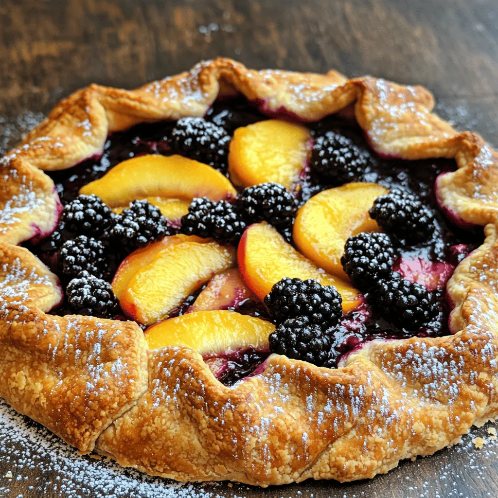 - 1 ½ cups all-purpose flour - 4 tablespoons granulated sugar, divided - ¼ teaspoon salt - ½ cup cold unsalted butter, cubed - 4 to 5 tablespoons ice water - 1 cup fresh blackberries - 1 cup ripe peaches, peeled and sliced - 1 teaspoon vanilla extract - 1 tablespoon cornstarch - 1 teaspoon lemon juice - 1 egg (for egg wash) - Optional: powdered sugar for dusting To make a blackberry peach galette, you need fresh and simple ingredients. Start with flour, sugar, and salt for the crust. You need cold butter to make the crust flaky. Ice water helps the dough come together. For the filling, fresh blackberries and ripe peaches are key. You can add vanilla for flavor. Cornstarch helps thicken the juices. Lemon juice gives a nice zing. An egg wash makes the crust shiny. Dusting with powdered sugar is optional but fun! Using quality ingredients makes a big difference. Fresh fruit enhances the taste. I recommend checking for ripe peaches. They should feel slightly soft but not mushy. Blackberries should be plump and shiny. Always use cold butter for the best texture. It helps create a nice, flaky crust. Enjoy gathering these ingredients for your galette! - In a large bowl, mix 1 ½ cups of flour, 2 tablespoons of sugar, and ¼ teaspoon of salt. - Cut ½ cup of cold butter into the flour mix until it looks crumbly. - Slowly add 4 to 5 tablespoons of ice water, one tablespoon at a time, until the dough holds together. - Shape the dough into a disc about one inch thick. Wrap it in plastic and chill it for 30 minutes. - In another bowl, combine 1 cup of blackberries and 1 cup of sliced peaches. - Add 2 tablespoons of sugar, 1 tablespoon of cornstarch, 1 teaspoon of vanilla extract, and 1 teaspoon of lemon juice. - Toss the fruit gently to coat it and let it sit for 15 minutes to release its juices. - Preheat your oven to 375°F (190°C). Line a baking sheet with parchment paper. - Roll out the chilled dough on a floured surface to about 12 inches wide. - Place the dough on the baking sheet. Spoon the fruit filling into the center, leaving a 2-inch border. - Fold the edges of the dough over the filling, making pleats as you go. - Brush the edges with an egg wash made from 1 beaten egg, then sprinkle some sugar over the top. - Bake for 35-40 minutes, until the crust is golden and the fruit bubbles. - Use cold ingredients: Cold butter and ice water help make the crust flaky. Warm butter melts too fast, so keep it cold. - Don’t overwork the dough: Mix until just combined. Overworking makes the crust tough. Aim for a light touch. - Choose ripe fruit for best flavor: Ripe peaches and blackberries bring out the best taste. They add natural sweetness and juicy goodness. - Adjust sugar based on fruit sweetness: Taste your fruit first. If your peaches are sweet, use less sugar in the filling. - Preheat oven adequately: Set your oven to 375°F (190°C) ahead of time. This ensures even baking and a nice crust. - Use parchment paper for easy cleanup: Line your baking sheet with parchment. This helps prevent sticking and makes cleanup a breeze. {{image_4}} You can change the fruits in your galette to suit your taste. For example, try swapping blackberries with raspberries or blueberries. Both options add their own sweet and tart notes. You can also mix in other fruits like apples or plums. Each combination brings a new flavor twist to your dessert. If you need a gluten-free option, use a gluten-free flour blend. This blend works well in place of all-purpose flour. It keeps the crust tender and flaky. You may need to adjust the water amount slightly. Test the dough until it feels right. To boost flavor, add spices like cinnamon or nutmeg. Both spices lend warmth and depth to the fruit. You can also incorporate a splash of almond extract. This simple addition gives a lovely nutty note. Feel free to experiment with these flavors to find your favorite mix! To keep your galette fresh, cover it well. You can refrigerate it for up to 3 days. If you want to save it longer, freeze the galette. Wrap it tightly in plastic wrap and foil. This way, you can enjoy it later! For the best texture, warm the galette in the oven. Preheat it to 350°F (175°C) and place the galette on a baking tray. Heat for about 10-15 minutes. If you're in a hurry, use the microwave. Just heat it for about 30 seconds or until warm. This galette shines when served with a scoop of ice cream or a swirl of whipped cream. A drizzle of caramel sauce adds a special touch too! You can even dust it with powdered sugar for a sweet finish. Enjoy this dessert warm or at room temperature for the best taste! A blackberry peach galette lasts about three days in the fridge. To keep it fresh, cover it with plastic wrap or foil. The crust may get softer over time, but the flavors stay great! Yes, you can use frozen fruit! Just make sure to thaw and drain the fruit first. Use a paper towel to remove extra moisture. This step helps prevent a soggy galette. You might need to add a bit more cornstarch to help with the juices. You can serve the galette with whipped cream or vanilla ice cream. A drizzle of caramel sauce also works well. For drinks, try iced tea or a light sparkling wine. These pair nicely with the sweet and tart flavors of the galette! This blog post shared the key steps to make a delicious blackberry peach galette. You learned about the needed ingredients and how to prepare the dough and fruit filling. We also discussed tips for a flaky crust and smart baking tricks. Remember, feel free to change up the fruit or add spices for extra flavor. Storing and serving suggestions help you enjoy this treat longer. Now, you’re ready to create a tasty galette that will impress everyone! Enjoy your baking adventure!