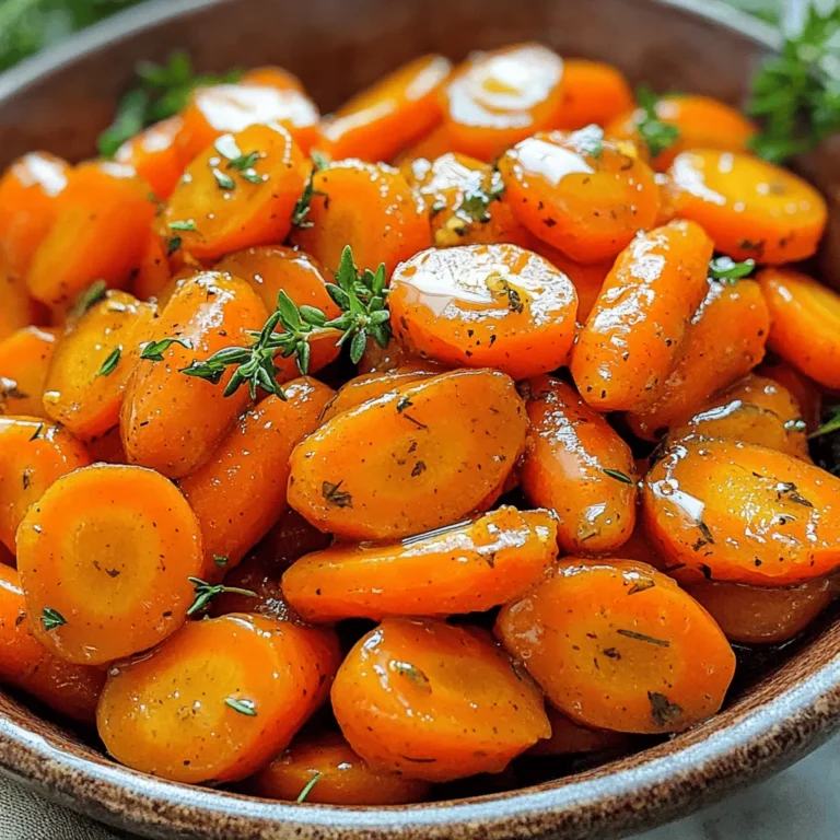 To make honey garlic glazed carrots, gather these simple ingredients: - Baby carrots (1 lb) - Honey (3 tablespoons) - Unsalted butter (2 tablespoons) - Minced garlic (3 cloves) - Fresh thyme leaves (1 teaspoon) - Salt and pepper (to taste) - Fresh lemon juice (1 tablespoon) - Fresh parsley (for garnish) These ingredients create a sweet and savory dish. The baby carrots give a nice crunch. Honey adds sweetness, while garlic brings a rich flavor. Butter helps everything blend well together. Fresh thyme adds a hint of earthiness. Lemon juice brightens the dish with a zing. Parsley makes a lovely garnish that adds a pop of color. Each ingredient has its role in making these carrots shine. The balance of flavors is what makes this dish special. Trust me, you will love how these flavors come together! Start by boiling the carrots. Fill a large pot with water and bring it to a boil. Add 1 lb of peeled baby carrots to the water. Cook them for about 5-7 minutes. You want them tender but still a bit crisp. Once done, drain the carrots and set them aside. Next, we sauté the garlic. In a large skillet over medium heat, add 2 tablespoons of unsalted butter. Let the butter melt completely. Then, add 3 cloves of minced garlic to the melted butter. Sauté the garlic for 1-2 minutes. Stir it continuously until it smells great but be careful not to burn it. Now, it’s time to make the sauce. To the sautéed garlic, add 3 tablespoons of honey and 1 teaspoon of fresh thyme leaves. Stir everything well. This will create a sweet and fragrant sauce that will coat the carrots perfectly. Once your sauce is ready, it’s time to glaze the carrots. Carefully add the drained carrots to the skillet. Toss the carrots in the honey garlic sauce. Make sure each carrot is well-coated. This step brings all the flavors together. Next, we caramelize the carrots. Cook the coated carrots for another 4-5 minutes. This helps enhance their natural sweetness. As they cook, season them with salt and pepper to taste. Adjust to your liking for the best flavor. Finally, add the finishing touches. Remove the skillet from heat and drizzle 1 tablespoon of fresh lemon juice over the carrots. Toss them gently to mix everything. For a pop of color, garnish with chopped fresh parsley before serving. Enjoy this simple and tasty dish! To make your honey garlic glazed carrots even better, adjust the seasoning to your taste. Adding a pinch of salt or a dash of pepper can make a big difference. You can also try using alternative herbs and spices. For example, basil or rosemary can add a nice twist to the dish. Boiling carrots correctly is key to getting the best texture. Start by bringing a large pot of water to a vigorous boil. Add your carrots and cook for about 5-7 minutes. They should be tender yet still crisp. This helps keep their bright color and fresh flavor. For caramelization, ensure you let the glazed carrots cook for an extra 4-5 minutes. This will give them a lovely, sweet finish. How you present your dish can make it stand out. Serve your honey garlic glazed carrots in a decorative bowl. Arrange them in a fan shape for a beautiful look. This not only makes the dish appealing but also highlights the vibrant orange of the carrots. Consider a white serving dish to contrast the rich colors. This will catch the eye and whet the appetite! {{image_4}} You can use different types of carrots for this dish. If baby carrots aren't available, try using regular carrots. Just cut them into small pieces. This change will still give you a sweet and tasty bite. Other vegetables also work well with the honey garlic glaze. Try using parsnips for a sweet twist. You can also add broccoli or green beans for some crunch. These additions make your meal colorful and fun. If you want to switch things up, consider using maple syrup instead of honey. Maple syrup has a unique flavor that pairs well with garlic. You can also try agave nectar or coconut sugar. These natural sweeteners offer different tastes and can suit your needs. To make this dish a bit lighter, reduce the butter. You can use just one tablespoon instead of two. This way, you keep the flavor but cut some fat. You can also add more vegetables to boost nutrition. Adding bell peppers or zucchini gives extra vitamins and fiber. This makes your meal healthier and more filling. After enjoying your honey garlic glazed carrots, store any leftovers in the fridge. Place them in an airtight container. This keeps the carrots fresh for about three days. Make sure to cool them down before sealing. This helps prevent condensation and sogginess. Freezing is a great option if you want to save these delicious carrots. First, let them cool completely. Then, pack them in a freezer-safe bag. Remove as much air as possible to avoid freezer burn. Label the bag with the date. These carrots can last up to three months in the freezer. However, for the best taste, use them within one month. When it's time to enjoy your carrots again, choose the best reheating method. The microwave works well, but it can make them soggy. Instead, reheat them in a skillet over medium heat. Add a splash of water or broth to help steam them. This keeps the glaze intact and flavorful. Stir occasionally to ensure even heating. Enjoy these sweet and savory treats just like fresh! Yes, you can use frozen carrots. However, they may not have the same crunch. Frozen carrots often lose some texture. Fresh baby carrots are firmer and sweeter. If you choose frozen, cook them for a shorter time. This helps keep some bite. To add heat, try these options: - Add a pinch of red pepper flakes to the sauce. - Mix in some minced jalapeño when you sauté the garlic. - Use a hot sauce or chili oil while glazing the carrots. Each choice adds a new flavor layer without overwhelming the dish. These glazed carrots pair well with many dishes, such as: - Grilled chicken or pork chops - Roast beef or lamb - Quinoa or rice for a vegetarian option They add a sweet touch to any meal, making them a versatile side. Yes, you can prepare the dish ahead. Cook the carrots and make the sauce. Store them separately in the fridge. When ready, just reheat the carrots in the sauce. This keeps the flavors fresh. You can even make it a day before serving. This recipe for honey garlic glazed carrots brings out the best in this simple vegetable. You learned about the ingredients, preparation steps, and tips to enhance flavor and presentation. Exploring variations and storage methods ensures you can enjoy these carrots anytime. Keep experimenting and adjusting to suit your taste. Use this dish to impress guests or brighten your family meals. With practice, you will master this delicious side!