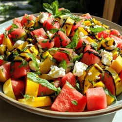 - Watermelon: Use 4 cups of fresh watermelon, cut into 1-inch cubes. Look for a ripe watermelon by checking for a uniform shape and a creamy spot on the bottom. This spot means it ripened on the vine. - Feta Cheese: You'll need 1 cup of creamy feta cheese. When selecting feta, choose one that is moist and crumbly. Crumble it gently with your fingers to keep its texture. This adds a nice contrast to the juicy watermelon. - Mint Leaves: Prepare 1/4 cup of fresh mint leaves. Use your hands to roughly tear the leaves. This process releases their oils and adds a fresh, fragrant note to the salad. Mint plays a key role in balancing the sweetness of the watermelon. - Lime Zest: For a citrus kick, add the zest of 1 lime. Lime zest brightens the dish and enhances the flavors of the salad. - High-Quality Olive Oil: Use 2 tablespoons of high-quality olive oil. A good olive oil adds a rich flavor. Look for options labeled as "extra virgin" for the best taste. - Sweet Balsamic Glaze: Consider using 1 tablespoon of sweet balsamic glaze. This glaze adds a touch of sweetness and a beautiful glaze to your salad. Look for brands that have a thick consistency for the best results. To start, you need to cut the watermelon into cubes. First, slice the watermelon in half. Then, lay each half flat on a cutting board. Use a sharp knife to cut 1-inch slices. Next, turn the slices and cut them into 1-inch cubes. This size helps the flavors mix well. Now, let’s talk about the feta cheese. Crumble it gently over the watermelon. Be careful here. You want to keep the feta pieces intact. Mixing too hard can mash the cheese. This will keep your salad looking pretty. Next, grab a small bowl. In it, mix the olive oil and balsamic glaze. Use a whisk or fork to blend them well. This creates a smooth dressing that coats your salad. Now, it’s time to season! Sprinkle salt and pepper over the watermelon and feta. This step enhances the taste. Don’t skip it! If you want a citrus kick, now is the time to add lime zest. After mixing, let the salad sit for about 5-10 minutes. This time allows the flavors to blend together. It makes every bite tasty! For a beautiful presentation, use a wide, shallow bowl. Arrange the salad nicely, and add more mint leaves on top. A light drizzle of balsamic glaze adds a stunning finish. Enjoy your fresh and colorful salad! To choose a ripe watermelon, look for a uniform shape. A round or oval shape indicates a good fruit. Check for a yellow spot on one side. This spot shows where the watermelon rested on the ground. A creamy yellow spot means it ripened well. Tap the watermelon; it should sound hollow. This sound means the fruit is juicy. Lastly, feel the weight; it should feel heavy for its size. To elevate the dish, you can use a few seasonings. Freshly cracked black pepper adds a nice kick. A pinch of sea salt enhances the sweetness. If you want a bit of zest, lime zest works wonders. You can also drizzle more balsamic glaze for extra flavor. Experiment with fresh herbs like basil for a different taste. Each addition brings a new layer of flavor. This salad pairs well with grilled meats like chicken or fish. Serve it as a side dish at summer barbecues or picnics. It also works as a light lunch on hot days. For a fun twist, serve it in small cups for parties. The bright colors and fresh taste make it a crowd-pleaser. It's an ideal dish for summer gatherings or casual dinners with friends. {{image_4}} You can make this salad even more fun! Adding fresh berries gives a fruity twist. Try strawberries or blueberries for a sweet burst. They pair well with the salty feta. Nuts can also add crunch. Toasted almonds or walnuts give a great texture. Mix them in right before serving to keep them crisp. If you're vegan, you can swap feta cheese for cashew cheese. It mimics the creamy taste and works well. There are also many store-bought vegan options. Just check the label for quality. For gluten-free needs, this salad is naturally safe. All the main ingredients are gluten-free. Want to change up the herbs? Use fresh basil or cilantro instead of mint. Each herb adds a different flavor profile. If you want a unique taste, try different dressings. A citrus vinaigrette can brighten the dish. Experiment with flavors to find your favorite combination! To keep your watermelon feta mint salad fresh, store it in an airtight container. This helps to lock in flavors and moisture. If you have extra salad, it can last in the fridge for up to three days. After that, the taste may change. If you plan to make the salad ahead of time, keep the ingredients separate. Watermelon releases water over time, which can make the salad soggy. Store the watermelon, feta, and mint in different containers. Mix them together just before serving to maintain the best texture and flavor. Check for signs of spoilage before eating. If the watermelon looks mushy or smells off, it’s time to toss it. Also, if the feta cheese appears slimy or has a strong odor, discard it. Freshness is key for this salad to be enjoyable. You can keep watermelon salad in the fridge for up to three days. To store it, place the salad in an airtight container. This helps keep it fresh and tasty. If you see any water pooling, drain it off before serving. Yes, you can make this salad in advance. Prepare the watermelon, feta, and mint, but keep them separate. This way, they stay fresh and do not become soggy. Mix them together just before serving for the best taste. This salad is packed with health benefits. Here are some key ingredients and their perks: - Watermelon: Hydrating and low in calories. - Feta cheese: Good source of protein and calcium. - Mint: Aids digestion and adds flavor without extra calories. - Olive oil: Rich in healthy fats and antioxidants. Yes, you can substitute feta cheese. Try these alternatives: - Goat cheese: Creamy with a tangy flavor. - Ricotta: Soft and mild, though not as salty. - Vegan cheese: Made from nuts or soy for a plant-based option. In this blog post, I covered how to make a refreshing watermelon feta salad. We explored choosing the best ingredients, like ripe watermelon and crumbled feta. I shared tips for combining flavors and presenting your salad. You learned about fun variations and storage methods to keep it fresh. Enjoy crafting this easy dish for any occasion. Remember, the right ingredients and techniques can make your salad shine!