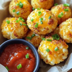 - Medium head of cauliflower - Shredded sharp cheddar cheese - Grated parmesan cheese - Large egg - Breadcrumbs (gluten-free option) - Green onions - Garlic powder - Onion powder - Seasoning: Salt and pepper - Greasing option: Cooking spray or olive oil These ingredients work together to create tasty cheesy cauliflower tots. The cauliflower adds a nice texture while keeping the dish healthy. The combination of sharp cheddar and parmesan gives a rich, cheesy flavor that you will love. The egg binds everything together, and the breadcrumbs add that perfect crunch. For the toppings, I love using fresh green onions. They add a nice freshness and color. Garlic and onion powder give a subtle flavor boost. Don’t forget to season with salt and pepper; it makes a big difference! If you prefer, you can use gluten-free breadcrumbs. They work just as well and keep the dish accessible for everyone. Use cooking spray or olive oil to grease the baking sheet. This step helps the tots crisp up nicely. Now that you have your ingredients ready, let's move on to the next steps to make these cheesy cauliflower tots! - Preheat to 400°F (200°C). - Line the baking sheet with parchment paper. - Boil cauliflower florets until tender. - Drain and cool the cauliflower. To start, you will want to boil the cauliflower florets. This step is important because soft cauliflower mixes better. Cook them for about 5 to 7 minutes until tender. You can check this by piercing them with a fork. After boiling, drain the florets and let them cool for a bit. - Squeeze out moisture from cauliflower. - Combine all ingredients and mix thoroughly. Once the cauliflower cools, wrap it in a clean towel. Squeeze out as much moisture as you can. This part is key for crispy tots. Next, in a large bowl, mix the drained cauliflower with the cheeses, egg, breadcrumbs, green onions, garlic powder, onion powder, and salt and pepper. Stir well to blend everything evenly. - Shape the mixture into tots. - Place on baking sheet and bake. Now comes the fun part! Take small portions of the mixture and shape them into tots. Aim for a size similar to walnuts. Place them on the prepared baking sheet, giving them space. This helps them cook evenly. - Flip tots halfway for even cooking. - Cool before serving. Bake the tots in your preheated oven for about 20 to 25 minutes. Flip them halfway through to get that golden-brown crust on both sides. Once they are ready, take them out and let them cool for a few minutes. Enjoy your crispy cheesy cauliflower tots! To get the best crispy tots, you must drain extra moisture from the cauliflower. After boiling, let the cauliflower cool. Then, wrap it in a clean towel and squeeze out as much water as you can. This step is key! If you skip it, your tots may be soggy. For baking, I recommend using parchment paper on your baking sheet. This helps the tots cook evenly and stay crispy. You can easily boost the flavor of your tots. Add spices like paprika or cayenne for a little kick. Fresh herbs, like parsley or cilantro, can also make a big difference. If you want to switch up the cheese, try mozzarella or pepper jack. These options add a new twist to the classic recipe. For serving, place your cheesy cauliflower tots in a small basket or on a colorful plate. Pair them with dips like marinara sauce or creamy ranch for extra flavor. To make them look even better, sprinkle some chopped green onions on top. This adds a nice pop of color and freshness! {{image_4}} You can change the cheese for different flavors. Try using mozzarella for a gooey texture. Pepper jack adds a nice spicy kick. If you want a dairy-free option, use vegan cheese. Many brands offer great substitutes that melt well. You can make these tots even better by adding more veggies. Zucchini or carrots mix well with cauliflower. They add color and nutrients. If you want extra protein, add cooked bacon or chicken. Chopped ham also works nicely. If you need a gluten-free version, use gluten-free breadcrumbs. They work just as well in this recipe. For a low-carb option, skip the breadcrumbs altogether. You can replace them with almond flour or crushed pork rinds. These choices keep the texture nice and crispy. To keep your cheesy cauliflower tots fresh, store them in an airtight container. Place them in the fridge after they cool down. They stay good for about 3 to 4 days. If you want to keep them longer, you can freeze them. For freezing, lay the tots on a baking sheet. Make sure they don’t touch each other to avoid sticking. Freeze them for about an hour, then transfer them to a freezer-safe bag. This way, they won’t clump together. When you're ready to eat, reheat them in the oven at 400°F (200°C) for about 15-20 minutes. This step helps keep them crispy and delicious. Yes, you can use frozen cauliflower. It is a great time-saver. Frozen cauliflower is usually blanched before freezing. This helps keep its color and nutrients. Just make sure to thaw it first. Drain any extra water well. This step keeps your tots crispy. Fresh cauliflower is also good. It has a firmer texture. This gives the tots a nice bite. To add heat, mix in some crushed red pepper flakes. Start with a pinch and taste as you go. You can also add cayenne pepper or hot sauce. These spices boost the flavor without overpowering the cheese. If you like a stronger kick, try jalapeños. Finely chop them and mix in with the other ingredients. Several sauces work great with cheesy cauliflower tots. Marinara sauce is a classic choice. Its tangy flavor complements the cheese well. Ranch dressing adds a creamy touch. You can also try a spicy aioli. This adds a little zest. For a twist, use a yogurt dip with herbs. Each sauce brings a different flavor that enhances your tots. Making these tots vegan is easy. Replace the egg with a flaxseed meal mix. Just mix one tablespoon of flaxseed meal with three tablespoons of water. Let it sit for a few minutes until it thickens. For cheese, use a vegan cheese alternative. You can also try nutritional yeast for a cheesy flavor. This keeps your tots delicious and plant-based. The blog post shares a simple way to make tasty cauliflower tots. We covered the ingredients needed, step-by-step cooking instructions, and tips for the best results. There are ideas for variations and storage options, too. These tots are fun to make and can suit many diets. Try out the recipe and make it your own. I hope you enjoy every crispy bite of your homemade cauliflower tots!