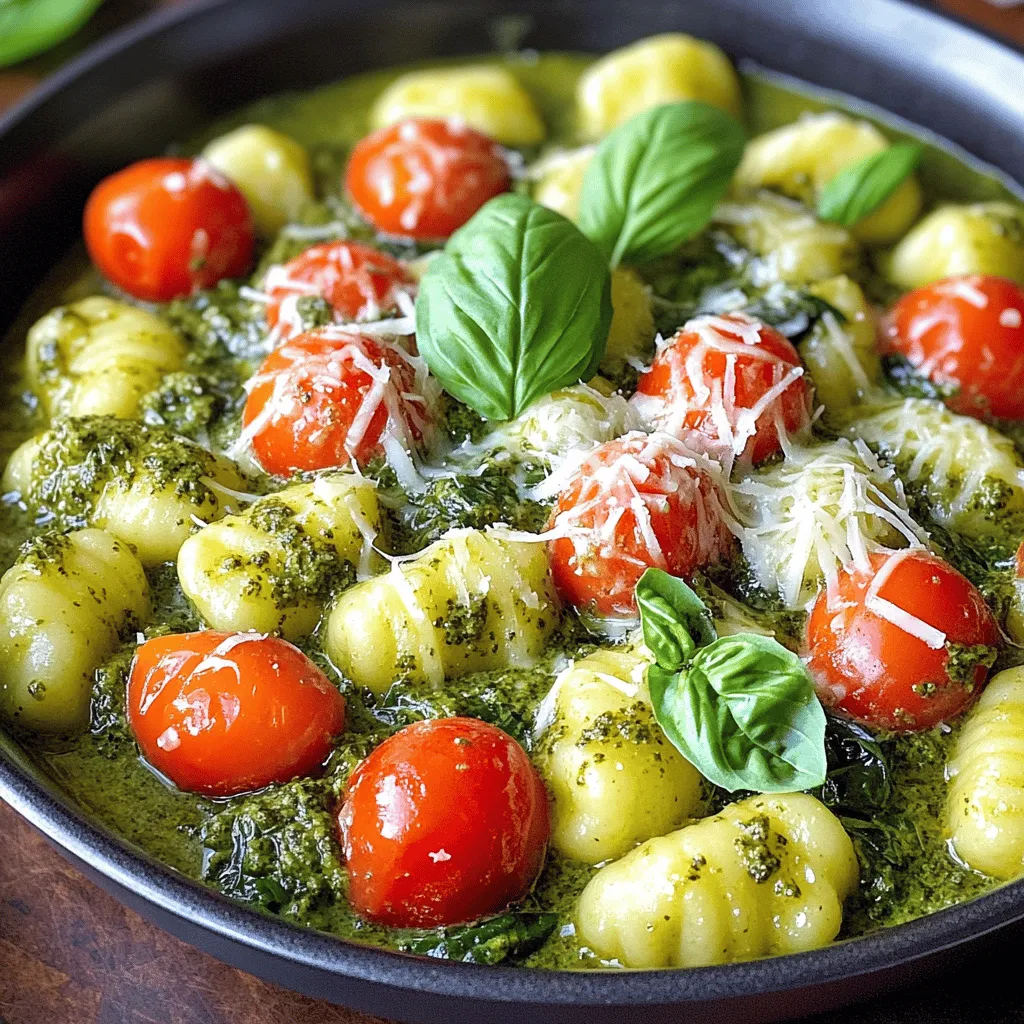 - 1 pound potato gnocchi - 2 cups fresh spinach, roughly chopped - 1 cup cherry tomatoes, halved - 1 cup heavy cream - 1/2 cup basil pesto - 1/2 cup grated Parmesan cheese - 2 tablespoons olive oil - 2 cloves garlic, minced - Salt and pepper to taste - Fresh basil leaves for garnish I use one pound of potato gnocchi for four servings. Fresh spinach adds color and nutrients. Halve one cup of cherry tomatoes for a sweet burst. The heavy cream creates a rich sauce. I mix in half a cup of basil pesto for flavor. Grated Parmesan cheese gives a cheesy finish. Minced garlic adds depth. Olive oil helps cook the garlic. Salt and pepper enhance the dish. Finally, fresh basil leaves make a lovely garnish. If you want to replace the potato gnocchi, use store-bought or homemade pasta. For a lighter option, you can try zoodles or cauliflower gnocchi. Instead of heavy cream, you can use half-and-half or coconut cream for a dairy-free twist. If basil pesto is not available, try sun-dried tomato pesto or spinach pesto. Grated mozzarella can replace Parmesan if needed. Start by heating the olive oil in a large pot. Use medium heat for this step. Once the oil shimmers, add the minced garlic. Cook it for about one minute. Stir it often until it smells good and turns golden. Next, add the halved cherry tomatoes. Cook them for three to four minutes. Stir now and then until they soften and let out their juices. After that, add the chopped spinach. Cook it for two minutes or until it wilts and turns bright green. Now, lower the heat a bit and pour in the heavy cream and basil pesto. Mix everything well and let it simmer gently. Carefully add the potato gnocchi to the pot. Make sure they spread out evenly in the creamy sauce. Let the gnocchi cook for three to five minutes. They are done when they float to the top. Stir them occasionally to stop sticking. This recipe uses simple yet effective cooking techniques. Sautéing garlic enhances its flavor. Cooking the tomatoes helps release their juices, creating a tasty base. Adding spinach near the end keeps its color bright and fresh. Simmering the cream and pesto forms a rich sauce that coats the gnocchi. This method is easy and makes cleanup quick. When the gnocchi are done, take the pot off the heat. Stir in the grated Parmesan cheese. Mix until the cheese melts and the sauce becomes creamy. Taste the dish and add salt and pepper as needed. Adjust the seasoning to your liking. To finish, garnish your dish with fresh basil leaves. This adds color and extra flavor. Enjoy your creamy pesto gnocchi! When making One-Pot Creamy Pesto Gnocchi, here are some things to watch for: - Overcooking the garlic: Sauté garlic until it's golden. Burnt garlic tastes bitter. - Not stirring the gnocchi: Stir gently to prevent sticking. Sticking gnocchi ruin the dish. - Ignoring seasoning: Always taste your dish. Seasoning brings out the flavors. To make your dish even better, try these ideas: - Use fresh ingredients: Fresh spinach and ripe tomatoes add bright flavors. - Add lemon zest: A little zest brightens the dish. It adds a fresh twist. - Mix in nuts: Pine nuts or walnuts provide a crunchy texture and extra flavor. Having the right tools makes cooking easier. Here’s what I recommend: - Large pot or deep skillet: This helps cook everything evenly. - Wooden spoon: Great for stirring without scratching your pot. - Measuring cups and spoons: Accurate measurements ensure your flavors balance. - Sharp knife: A good knife makes chopping quick and safe. With these tips, you'll create a delicious meal that impresses everyone! {{image_4}} You can switch up the ingredients in this dish. For a twist, try using sweet potato gnocchi instead of regular potato gnocchi. This adds a sweet flavor and vibrant color. You can also swap out the spinach for kale or Swiss chard. Both greens add a nice bite. If you love mushrooms, toss in some sliced button or cremini mushrooms for an earthy taste. This creamy pesto gnocchi pairs well with many sides. A simple green salad with a light vinaigrette cuts through the richness. Garlic bread is another great option. It adds a crunchy texture and complements the meal. You can also serve it with grilled chicken or shrimp for added protein. If you need a gluten-free option, choose gluten-free gnocchi. Many brands offer this. To make the dish vegan, use a plant-based cream instead of heavy cream. You can replace Parmesan with nutritional yeast for a cheesy flavor. Lastly, make sure the pesto you choose is dairy-free. These simple swaps keep the dish tasty while meeting dietary needs. To store leftovers, let the creamy pesto gnocchi cool first. Transfer it into an airtight container. Ensure the container seals well to keep air out. You can store it in the fridge for up to three days. If you want to keep it longer, consider freezing it. When you're ready to eat leftovers, reheat them on the stove. Add a splash of cream or water to help loosen the sauce. Heat over medium-low heat, stirring gently. This keeps the gnocchi creamy and prevents sticking. You can also microwave it in a safe dish, covered loosely, for about two minutes. The shelf life for this dish in the fridge is about three days. If you freeze it, gnocchi can last up to two months. To freeze, place it in a freezer-safe container. Make sure to label it with the date. When ready to eat, thaw it in the fridge overnight before reheating. Gnocchi is a small Italian dumpling. It is made from potatoes, flour, and eggs. These soft pillows are light and tasty. They absorb sauces well, making them perfect for creamy dishes. You can find gnocchi in many stores. Fresh gnocchi cooks quickly and is easy to prepare. Yes, you can make this dish ahead of time. Cook the gnocchi and sauce as directed. Let it cool, then store it in the fridge. When ready to eat, reheat it on the stove. Add a splash of cream if it looks dry. This way, you enjoy a quick meal with great flavor. Gnocchi is done cooking when it floats to the top. This usually takes about 3 to 5 minutes. Stir occasionally to prevent sticking. If you taste one, it should be soft but not mushy. Perfectly cooked gnocchi will have a light and fluffy texture. This article covered all you need for making delicious gnocchi. We discussed the right ingredients, preparation tips, and cooking steps. You learned about common mistakes and how to enhance flavor. Variations help you customize your dish to fit any diet. We also shared storage tips to keep your leftovers fresh. In conclusion, follow these steps for tasty gnocchi every time. Enjoy exploring flavors and making this dish your own!