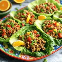 - 1 lb ground chicken - 2 tablespoons fresh ginger, finely grated - 2 cloves garlic, minced - Zest of 1 orange plus juice from 1 orange - 3 tablespoons soy sauce (or tamari for a gluten-free option) - 2 tablespoons honey - 1 tablespoon sesame oil - 1 red bell pepper, finely diced - 1 cup water chestnuts, diced - 1 head of butter lettuce or iceberg lettuce, leaves carefully separated - 1 green onion, thinly sliced (for garnish) These ingredients are simple yet powerful. The ground chicken provides a hearty base, while the ginger and garlic add bold flavors. The orange zest and juice brighten the dish, making it fresh and lively. For sauces, soy sauce gives a salty kick, while honey adds sweetness. Sesame oil brings a nutty taste that ties it all together. In terms of vegetables, the red bell pepper and water chestnuts add crunch and color. The lettuce wraps serve as a perfect vessel for this tasty filling. Don't forget the green onions; they add a nice touch on top! Gather these ingredients, and you're ready to create a delightful meal that’s quick and easy! Start by heating a large skillet over medium heat. Add 1 tablespoon of sesame oil to the skillet. Once the oil is hot, add 2 tablespoons of finely grated ginger and 2 cloves of minced garlic. Sauté them for 1-2 minutes, stirring often. You want them fragrant but not burnt. Next, add 1 pound of ground chicken to the skillet. Use a wooden spoon to break the chicken apart. Cook it for about 5-7 minutes, until there is no pink left. Make sure it cooks evenly. Now it’s time to add flavor. Incorporate the zest of 1 orange and the juice from that same orange. Add 3 tablespoons of soy sauce and 2 tablespoons of honey. Stir this mixture well. Let it simmer for 3-5 minutes. This allows the sauce to thicken and flavors to meld. After the chicken is done cooking, gently fold in 1 finely diced red bell pepper and 1 cup of diced water chestnuts. Cook for 2 more minutes to warm them up while keeping their crunch. Once done, take the skillet off the heat. Allow the mixture to cool for a few minutes. To assemble the wraps, take a leaf of lettuce. Place a generous spoonful of the chicken mixture in the center. Fold the sides over the filling. Garnish with sliced green onions for extra flavor. Enjoy your wraps fresh! To ensure your chicken is fully cooked, check for no pink inside. Ground chicken should reach an internal temperature of 165°F. Keep the heat over medium to avoid burning the ginger and garlic. Cook them just until fragrant, about 1-2 minutes, stirring often. This way, you keep their great flavor without the bitterness of burnt bits. Arranging your wraps on a colorful platter adds life to your meal. Place each wrap neatly, with the green lettuce contrasting the orange chicken mix. Drizzle some extra orange juice over the top for a shiny finish. You can also add extra orange wedges on the side. They not only look great but also add a fresh touch. For dips or sauces, consider a light soy sauce or spicy chili sauce. These will add another layer of flavor. To elevate the taste, chop fresh herbs like cilantro or basil and sprinkle them on top. Fresh herbs will brighten up the wraps and bring a burst of freshness to each bite. {{image_4}} You can easily adapt this recipe to fit specific diets. For a gluten-free option, swap regular soy sauce with tamari. Tamari has a similar flavor but is safe for those avoiding gluten. If you want a vegetarian option, use crumbled tofu or tempeh instead of chicken. Both options absorb flavors well and add protein. Adjust the sweetness or spice levels to suit your taste. If you prefer it sweeter, add more honey. To spice it up, include some red pepper flakes or a dash of sriracha. You can also mix in different vegetables like carrots or snap peas. Nuts like chopped cashews or peanuts will add crunch and richness. These wraps are great as a light meal or an appetizer. Pair them with a fresh salad or a side of steamed rice for a full meal. For meal prep, you can store the chicken mixture separately from the lettuce. This method keeps the wraps fresh and crunchy when you are ready to eat. To keep your orange ginger chicken mixture fresh, place it in an airtight container. Store it in the fridge for up to three days. Make sure the chicken is cool before sealing. For the lettuce, store it separately. Wrap the leaves in a damp paper towel, then place them in a plastic bag. This keeps them crisp and fresh. To safely reheat the chicken mixture, use a skillet over medium heat. Stir frequently until it heats through. This helps keep its juicy texture. Do not microwave the chicken, as it can dry out the meat. For the lettuce wraps, avoid reheating them. They are best served fresh and cool, so assemble them right before eating. Yes, you can freeze the chicken mixture. Place it in a freezer-safe container and seal tightly. It will keep for about three months. When ready to use, thaw it in the fridge overnight. To reheat, warm it in a skillet as explained earlier. Never freeze the lettuce, as it does not thaw well. Always prepare fresh lettuce wraps for the best taste and texture. Butter lettuce is great for wraps. It has a soft texture and a sweet taste. Iceberg lettuce is also good. It is crisp and holds its shape well. Butter lettuce gives a more tender bite, while iceberg adds crunch. Choose based on your taste. Both types work well for holding the Orange Ginger Chicken filling. Yes, you can prepare this dish ahead. Cook the chicken mixture and store it in the fridge. It stays fresh for up to three days. Keep the lettuce separate to keep it crisp. When you're ready to eat, fill the lettuce leaves with the chicken mixture. This makes for a quick meal. To add heat, try a few options. Add red pepper flakes when cooking the chicken. You can also mix in some sriracha or chili sauce. For a fresh kick, chop jalapeños and fold them in. Adjust the spice to fit your taste, and enjoy your wraps with a fiery twist. These wraps go well with many sides. Try a simple side salad or steamed rice. You could also serve fruit, like sliced oranges, for a refreshing touch. For drinks, green tea or sparkling water pairs nicely. Choose sides that balance the flavors of the wraps for a complete meal. In this post, we explored how to make Orange Ginger Chicken Lettuce Wraps. We covered main ingredients, cooking tips, and serving suggestions. I shared step-by-step instructions to ensure your success. Remember to try different ingredients to suit your taste. You can store leftovers easily and make these wraps ahead of time. Enjoy your flavorful, healthy meal with family and friends. With these tips, you are ready to create a delicious dish. Happy cooking!