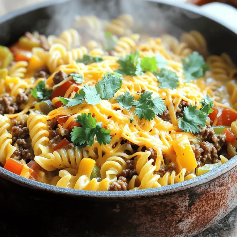 To make One Pot Taco Pasta, you need some key items. Here’s what you should gather: - 1 tablespoon extra virgin olive oil - 1 pound ground beef or turkey - 1 small onion, finely diced - 2 cloves garlic, minced - 1 bell pepper, diced - 1 packet taco seasoning - 1 can diced tomatoes with green chilies - 2 cups low-sodium beef or chicken broth - 8 ounces penne or rotini pasta - 1 cup corn - 1 can black beans - 1 cup shredded sharp cheddar cheese - 1/2 cup sour cream (optional) - Salt and black pepper to taste - Fresh cilantro leaves for garnish These ingredients work together to create a rich and tasty dish. While the essential ingredients shine, you can add more for extra flavor. Consider these options: - Chopped jalapeños for heat - Lime juice for a fresh zing - Avocado slices for creaminess - Fresh tomatoes for added freshness - Additional spices like cumin or paprika These ingredients can take your dish to the next level. Do you need to swap something out? Here are some easy substitutions: - Use ground chicken or plant-based meat for a lighter option. - Swap the bell pepper with zucchini or spinach for more veggies. - Use vegetable broth instead of beef or chicken broth for a vegetarian dish. - Try a different cheese, like Monterey Jack, for a new flavor twist. These substitutions keep the dish fun and flexible. Gather all your ingredients before you start cooking. This helps keep things smooth and fun. You will need: - 1 tablespoon extra virgin olive oil - 1 pound ground beef or turkey - 1 small onion, finely diced - 2 cloves garlic, minced - 1 bell pepper, diced - 1 packet taco seasoning - 1 can diced tomatoes with green chilies - 2 cups low-sodium beef or chicken broth - 8 ounces pasta (penne or rotini) - 1 cup corn (frozen or canned) - 1 can black beans, rinsed and drained - 1 cup shredded sharp cheddar cheese - 1/2 cup sour cream (optional) - Salt and pepper to taste - Fresh cilantro for garnish Wash and chop the vegetables. This makes cooking quicker and easier. Heat the olive oil in a large pot over medium heat. Add the ground beef or turkey. Cook it for 5-7 minutes. Break it up as it cooks so it browns well. If there’s extra fat, drain it carefully. Now, add the diced onion, garlic, and bell pepper. Cook this mixture for about 5 minutes. You want the veggies to soften and mix well with the meat. Next, sprinkle in the taco seasoning. Stir for one minute until you smell the spices. This step makes the dish super flavorful. Pour the can of diced tomatoes, with juices, into the pot. Add the broth, too. Stir everything until it mixes well. Then, add the pasta. Turn up the heat and bring it to a boil. Once boiling, lower the heat and cover the pot. Let it simmer for 10-12 minutes. Stir occasionally to prevent sticking. When the pasta is al dente, fold in the corn and black beans. Heat this mixture for 2-3 minutes. Remove the pot from the heat and sprinkle the cheddar cheese on top. Cover for about a minute to melt the cheese. If you like creaminess, stir in the sour cream now. Season with salt and pepper to your taste. Enjoy your One Pot Taco Pasta hot, garnished with fresh cilantro! To cook pasta in one pot, choose the right size. A deep pot works best. Use enough liquid so the pasta cooks evenly. I always recommend low-sodium broth for flavor. Don’t forget to stir the pasta often. This helps prevent it from sticking. Cook until it’s al dente, which means firm to the bite. For the best cheese melt, use shredded cheese instead of blocks. I love sharp cheddar for its strong flavor. After cooking, sprinkle cheese on hot pasta. Cover the pot and let it sit for one minute. This traps steam and helps the cheese melt perfectly. Stir it in for a creamy finish. Serve One Pot Taco Pasta hot and fresh. Top it with fresh cilantro for color and taste. You can also add a dollop of sour cream. This adds creaminess and balances the spice. For extra crunch, include tortilla chips or diced avocado. Pair it with a side salad for a complete meal. {{image_4}} You can easily make a vegetarian version of One Pot Taco Pasta. Swap the ground beef or turkey for plant-based crumbles. Use the same amount of diced bell peppers and onions. Add some chopped mushrooms for extra texture. You might want to add extra beans or use lentils for protein. This keeps the dish hearty and filling. If you like heat, consider adding diced jalapeños or red pepper flakes. You can also use spicy taco seasoning instead of the regular kind. For a fiery boost, try adding a splash of hot sauce while cooking. This will give your pasta a nice kick, perfect for spice lovers. You can switch up the protein in your One Pot Taco Pasta. Ground chicken or pork works great too. For a lighter dish, try adding shrimp. Just cook it until it turns pink. You can also use shredded rotisserie chicken for a quick option. No matter the protein, the flavors will shine through! To store your leftover One Pot Taco Pasta, let it cool down first. Use an airtight container to keep it fresh. Make sure you cover it well. This will help maintain its taste and prevent drying out. You can store it in the fridge for up to three days. If you want to keep it longer, freezing is a great option. When reheating, add a splash of broth or water. This keeps the pasta moist and prevents it from drying out. Use a saucepan over low heat. Stir often to ensure even heating. You can also use a microwave. Heat in short bursts and stir in between. This helps avoid hot spots and ensures a warm, tasty meal. To freeze, make sure the pasta is completely cool. Place it in a freezer-safe container. You can also use freezer bags for easy storage. Remove as much air as possible to prevent freezer burn. This dish can be frozen for up to three months. When ready to eat, thaw in the fridge overnight. Reheat as described above for the best texture. Yes, you can use other pasta shapes. Penne and rotini work well, but you can try shells, elbow macaroni, or even gluten-free pasta. Each shape holds the sauce differently, so choose one you like. For a twist, consider using whole wheat pasta for added fiber. To make One Pot Taco Pasta gluten-free, use gluten-free pasta. Ensure the taco seasoning is gluten-free as well. Most store-bought brands are safe, but it's good to check the label. Also, use low-sodium beef or chicken broth that is gluten-free. This way, you can enjoy the same great flavors without gluten. Toppings can make this dish pop! Here are some tasty ideas: - Sliced jalapeños for heat - Chopped green onions for freshness - Avocado or guacamole for creaminess - Fresh cilantro for a burst of flavor - Crushed tortilla chips for crunch - Extra cheese for more gooey goodness Feel free to mix and match to find your favorite topping combo! One Pot Taco Pasta is simple and fun to make. We covered essential and optional ingredients, and even how to swap them. The step-by-step guide helps you prep, cook, and blend flavors perfectly. Plus, the tips on cooking pasta and melting cheese will boost your dish. You can enjoy variations like vegetarian or spicy options too. Finally, storing and reheating tips ensure your meal stays tasty. With this knowledge, you can create a delicious meal that suits your taste and needs. Enjoy your cooking!