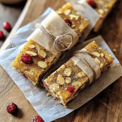 - 1 cup rolled oats - 1/2 cup almond butter - 1/4 cup honey or maple syrup - 1/2 cup dried cranberries, roughly chopped - 1/2 cup sliced almonds - 1/4 cup chia seeds - 1/2 teaspoon pure vanilla extract - A pinch of salt What are the health benefits of oats? Oats are great for your heart. They help lower cholesterol. They also keep you full for longer. This helps control your weight. Oats provide fiber, which aids digestion. Plus, they give you energy for the day. What are the advantages of almond butter? Almond butter is rich in healthy fats. It has protein that builds muscles. This nut butter also offers vitamins and minerals. It's good for your skin and boosts your brain power. Using almond butter keeps your snacks tasty and nutritious. What is the nutritional value of dried cranberries? Dried cranberries are sweet and tangy. They are full of antioxidants, which protect your body. They also have vitamins like C and E. These fruits support your immune system. Plus, they add a burst of flavor to your energy bars. 1. Preheat your oven to 350°F (175°C). 2. Line an 8-inch square baking pan with parchment paper. Leave some paper hanging over the sides. This helps you lift the bars out later. 3. In a large bowl, mix together the rolled oats, chia seeds, sliced almonds, and chopped dried cranberries. Stir until everything is well combined. 1. In another bowl, add the almond butter, honey (or maple syrup), vanilla extract, and a pinch of salt. 2. Mix these ingredients until they are smooth and creamy. This makes it easier to blend with the dry mix. 1. Pour the almond butter mixture over the dry ingredients. Stir well until everything is coated and forms a sticky mix. 2. Transfer the mixture to the prepared baking pan. Press down firmly with your hands or a spatula. Aim for an even layer. 3. Bake in the oven for 15 to 20 minutes. You want the edges to turn golden brown. 4. After baking, let the pan cool for about 10 minutes. 5. Lift the mixture out using the parchment paper. Place it on a cutting board. Cut into bars of your desired size. 6. Let the bars cool completely at room temperature. Store them in an airtight container to keep them fresh. These steps will help you create tasty and healthy cranberry almond energy bars. Enjoy the process of making something good for you! - Store energy bars in an airtight container. - Keep them in the fridge for longer freshness. - You can also freeze them to enjoy later. - To maintain taste, avoid heat and moisture. - Mix dry and wet ingredients well for even flavor. - Press the mixture firmly into the pan to avoid crumbling. - You can add more honey if you like sweeter bars. - Feel free to swap almond butter with your favorite nut butter. - Wrap each bar in parchment paper for a nice look. - Use twine or stickers to seal them neatly. - This makes them great for gifts or snacks on the go. - Place them in a cute box for a charming presentation. {{image_4}} You can change the nut butter based on your taste. Here are some options: - Peanut butter - Cashew butter - Sunflower seed butter You can also swap out honey or maple syrup for other sweeteners: - Agave syrup - Coconut nectar - Brown rice syrup Add extra flavors to your energy bars to make them unique. Consider: - Dark chocolate chips for sweetness - Cinnamon or nutmeg for spice - Coconut flakes for a tropical twist Making these bars vegan is easy! Just use maple syrup and a vegan nut butter. To make them gluten-free, use certified gluten-free oats. This way, everyone can enjoy these tasty treats! Cranberry almond energy bars stay fresh for about one week at room temperature. Store them in an airtight container to keep them moist. If you want them to last longer, refrigerate them. In the fridge, they can last up to three weeks. To freeze these energy bars, wrap each one tightly in plastic wrap. Place the wrapped bars in a freezer-safe bag or container. They can last up to three months in the freezer. When you are ready to eat one, take it out and let it thaw in the fridge overnight. You might have leftover almond butter or chia seeds after making these bars. Use almond butter on toast or in smoothies for a creamy boost. Chia seeds are great in yogurt or oatmeal. You can even add them to salads for a nice crunch. This way, you waste nothing from your recipe! You can use fresh cranberries, but they change the texture. Fresh cranberries add moisture. This can make the bars more soggy. Dried cranberries are better for a chewy texture. They also add sweetness without extra sugar. If you use fresh, consider adding more oats to balance. You can tell the bars are ready when the edges turn golden brown. Check the center too; it should feel firm. If you poke it, it should spring back. Bake for 15 to 20 minutes. Keep an eye on them to avoid burning. Yes, you can make these bars without added sugar. Use ripe bananas for natural sweetness. Applesauce is another great option. Both will keep the bars moist. You may need to adjust the amount of oats. Taste as you mix to get your desired sweetness. To cut the energy bars, let them cool slightly first. Use a sharp knife for clean edges. If they stick, run the knife under warm water. Cutting them while still warm helps them hold shape. Make sure to cut them into even sizes for easy snacking. You learned how to make tasty energy bars with simple, healthy ingredients. Each part, from mixing to baking, is easy to follow. Remember, these bars are not just quick snacks; they are good for you too. You can change flavors and ingredients based on your needs. Store them right and enjoy them fresh for weeks. I hope this guide inspires you to create your own yummy energy bars!
