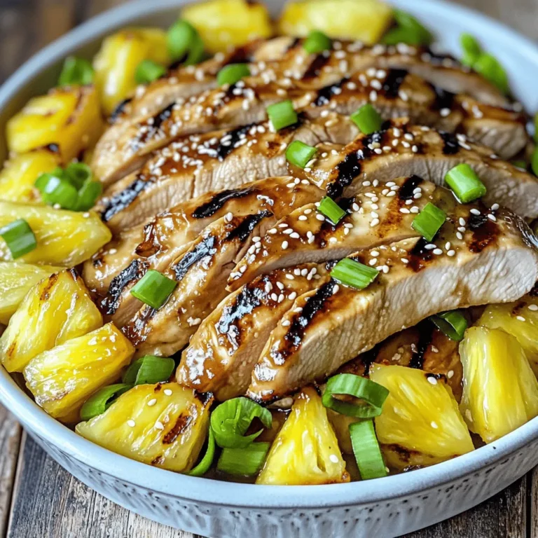 To create the tasty Grilled Pineapple Teriyaki Chicken, you will need a few key items. Here is the complete list: - 4 boneless, skinless chicken breasts - 1 cup teriyaki sauce (store-bought or homemade) - 1 cup fresh pineapple chunks - 1 tablespoon olive oil - 2 cloves garlic, minced - 1 tablespoon fresh ginger, grated - 2 green onions, finely sliced - Sesame seeds for garnish - Salt and pepper to taste These ingredients blend well to create a sweet and savory flavor. The chicken absorbs the teriyaki sauce, while the pineapple adds a fresh, juicy touch. Make sure to use ripe pineapple for the best taste. You can choose either store-bought or homemade teriyaki sauce. If you opt for homemade, you can control the sweetness and saltiness to suit your taste. Fresh ginger and garlic enhance the dish with their warm flavors. Gather all these ingredients before you start. This will help you stay organized and make the cooking process smooth and enjoyable. - Mix teriyaki sauce, garlic, ginger, olive oil, salt, and pepper. - Whisk until blended. Start with a medium bowl. Combine one cup of teriyaki sauce with two minced garlic cloves and one tablespoon of fresh ginger. Add one tablespoon of olive oil and a pinch of salt and pepper. Whisk it all together until it looks smooth. This marinade adds a sweet and savory taste to the chicken. - Place chicken in a resealable bag or dish. - Pour marinade over chicken and refrigerate. Next, take four boneless, skinless chicken breasts. Place them in a large resealable bag or a shallow dish. Pour the marinade over the chicken, ensuring each piece is well coated. Seal the bag or cover the dish. Let it sit in the fridge for at least 30 minutes. For better flavor, you can marinate for up to two hours. - Preheat grill to medium-high heat. - Grill chicken for 6-7 minutes on each side. - Add fresh pineapple chunks during the last minutes. Now, heat your grill to medium-high. This will ensure a nice sear on the chicken. After 30 minutes, take the chicken out of the marinade. Set the marinade aside for later. Place the chicken on the grill and cook for about 6-7 minutes on each side. Make sure the chicken is cooked through, reaching an internal temperature of 165°F. In the last few minutes, add one cup of fresh pineapple chunks to the grill. This will caramelize the pineapple and enhance the dish's sweetness. To check if chicken is done, use a meat thermometer. The safe internal temperature is 165°F (75°C). This ensures the chicken is fully cooked and safe to eat. If you don’t have a thermometer, cut into the thickest part. The meat should be white, not pink. After grilling, let the chicken rest for a few minutes. Resting allows the juices to redistribute. This step makes your chicken moist and flavorful. Slice it only after resting to keep it tender. Always handle chicken with care. When you use marinade, don’t reuse it without boiling it first. Boil the reserved marinade for 5 minutes to kill any harmful bacteria. This makes it safe to use as a sauce later. Avoid cross-contamination by washing your hands and surfaces. Use separate plates for raw chicken and cooked chicken. This keeps your food safe and healthy. For the best teriyaki sauce, choose one that suits your taste. Some sauces are sweeter, while others are saltier. If you like spice, add red pepper flakes to the marinade. You can also add a touch of honey or brown sugar for extra sweetness. This gives your dish a nice balance. Feel free to experiment until you find your favorite blend! {{image_4}} If you want to switch things up, try pork, tofu, or shrimp. Each protein brings a unique taste to the dish. For pork, use boneless chops or tenderloin. For tofu, go for firm or extra-firm. Shrimp cooks quickly and adds a lovely texture. Adjust cooking times based on the protein you choose: - Pork: Grill for about 8-10 minutes. - Tofu: Grill for about 4-5 minutes per side. - Shrimp: Grill for 2-3 minutes per side until opaque. You can make this dish vegetarian by using grilled vegetables. Bell peppers, zucchini, and mushrooms work great. Cut them into chunks and marinate just like chicken. Another fun idea is to make pineapple teriyaki vegetable skewers. Alternate veggies and pineapple on skewers. Grill them for 8-10 minutes, turning occasionally for even cooking. Pair your grilled chicken with rice or quinoa for a filling meal. A fresh salad adds a nice crunch. You can also serve it with grilled corn on the cob or steamed broccoli. If you have leftovers, try using them in a stir-fry or on a sandwich for lunch. You can even chop the chicken and add it to a salad for a tasty twist! To store grilled chicken, let it cool first. Place it in an airtight container. You can use glass or plastic containers with lids. This helps keep the chicken fresh and tasty. Store it in the fridge for up to four days. To reheat grilled chicken, use the oven or microwave. The oven helps keep the chicken moist. Preheat it to 350°F (175°C). Heat the chicken for about 15-20 minutes. If using a microwave, cover the chicken with a damp paper towel. Heat for 1-2 minutes, checking often. You can freeze grilled chicken. Wrap it tightly in plastic wrap. Place it in a freezer-safe bag or container. It can last up to three months in the freezer. To thaw, move it to the fridge overnight. Reheat as needed, following the earlier tips. Yes, you can use frozen chicken. First, thaw the chicken in the fridge overnight. If you need it faster, place it in a sealed bag and submerge it in cold water for about an hour. Once thawed, marinate it as described in the recipe. This will add flavor and moisture. Baking works well if you don’t have a grill. Preheat your oven to 400°F (200°C). Place the marinated chicken on a baking sheet lined with parchment paper. Bake for 25-30 minutes, turning halfway. Add the pineapple chunks during the last five minutes for a nice caramelization. You should marinate the chicken for at least 30 minutes. For a stronger flavor, aim for 2 hours. Avoid marinating too long, as the chicken might become mushy from the marinade. This dish pairs well with rice or quinoa to soak up the sauce. You can also serve it with steamed vegetables or a fresh salad. For a fun twist, try it in a wrap with some crunchy greens. This blog post covers how to make Grilled Pineapple Teriyaki Chicken. We started with the key ingredients, then detailed the simple steps to prepare, marinate, and grill the chicken. I shared tips for perfect grilling, safe marinade handling, and flavor enhancement. You can easily adapt this dish with other proteins or create a vegetarian option. Lastly, I included storage tips and answered common questions. Enjoy experimenting with this flavorful dish, and don’t hesitate to make it your own. Your kitchen adventures await!