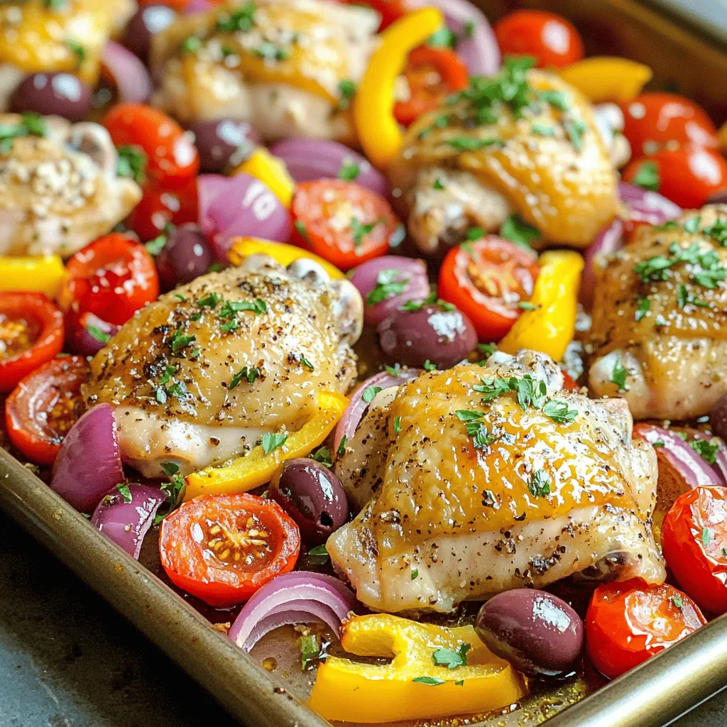 - 4 boneless, skinless chicken thighs - 1 large red bell pepper, sliced into thin strips - 1 large yellow bell pepper, sliced into thin strips - 1 red onion, cut into wedges - 1 cup cherry tomatoes, halved - 1 cup kalamata olives, pitted and halved The main ingredients create a colorful and tasty base. The chicken thighs are juicy and tender. The bell peppers add sweetness and crunch. The red onion gives a nice bite, while the cherry tomatoes burst with flavor. Kalamata olives bring a salty touch that ties it all together. - 3 tablespoons extra-virgin olive oil - 4 cloves garlic, minced - 1 tablespoon dried oregano - 1 tablespoon fresh lemon juice - Salt and pepper to taste The marinade is key to great flavor. Extra-virgin olive oil keeps the chicken moist. Fresh garlic adds a punch, while dried oregano gives an earthy note. Lemon juice brightens everything up. Salt and pepper enhance all the tastes. - Fresh parsley, finely chopped - Crumbled feta cheese Garnishes make your dish look and taste even better. Fresh parsley adds a pop of green and freshness. Crumbled feta cheese adds a tangy finish that pairs well with the olives. These touches make your meal feel special. - Preheat the Oven: Start by preheating your oven to 425°F (220°C). This step is key for roasting the chicken and veggies just right. - Prepare the Marinade: In a large bowl, whisk together 3 tablespoons of extra-virgin olive oil, 4 cloves of minced garlic, 1 tablespoon of dried oregano, the juice from 1 fresh lemon, salt, and pepper. This blend gives the chicken a bright and tasty flavor. - Marinate the Chicken: Add 4 boneless, skinless chicken thighs to the marinade. Make sure each piece is well-coated. Let the chicken marinate for at least 15 minutes. If you have more time, let it soak longer for better flavor. - Arrange Vegetables on Sheet Pan: While the chicken marinates, take a large sheet pan. Arrange 1 large red bell pepper and 1 large yellow bell pepper (both sliced), 1 red onion (cut into wedges), 1 cup of halved cherry tomatoes, and 1 cup of halved kalamata olives on the pan. The colors here look stunning and taste amazing together. - Combine Chicken and Vegetables: Once the chicken is ready, place it on top of the arranged vegetables. Make sure everything is spread out evenly. This helps it cook well without steaming. - Roast the Dish: Slide the sheet pan into the preheated oven. Roast the chicken and vegetables for about 25-30 minutes. Check that the chicken reaches an internal temperature of 165°F (75°C) and the veggies are tender. - Resting and Garnishing: After cooking, take the pan out of the oven. Let it rest for 5 minutes. This helps the juices stay in the chicken. Then, sprinkle fresh chopped parsley and crumbled feta cheese on top for that final touch. - Serve with Style: For a fun presentation, serve the chicken and veggies right from the pan. This makes it easy for everyone to help themselves and enjoy the vibrant Mediterranean dish. - Time Recommendations for Deeper Flavor: Marinade the chicken for at least 15 minutes. For even more flavor, try to marinate it for 30 minutes or more. This helps the chicken soak up all the tasty notes from the garlic, lemon, and herbs. - Alternative Marinades: If you want to mix things up, try yogurt with herbs or a simple balsamic mix. Both can add unique flavors and keep the chicken juicy. - Ensuring Even Cooking: Spread the chicken and vegetables out on the sheet pan. Make sure they are not too crowded. This helps everything cook evenly and get that nice roasted flavor. - Monitoring Internal Temperature: Use a meat thermometer to check the chicken. It should reach 165°F (75°C) to be safely cooked. This step is key for perfect, juicy chicken every time. - Rustic Serving Ideas: Serve the chicken and veggies right from the pan. It gives a warm, homey feel to the meal. Plus, it looks great with all the colors from the peppers and tomatoes. - Garnishing for Visual Appeal: Top with fresh parsley and crumbled feta cheese. This not only adds brightness but also enhances the dish's Mediterranean vibe. A sprinkle of lemon zest can also add a nice touch! {{image_4}} You can switch up the vegetables in this dish. Try using zucchini, asparagus, or eggplant. These veggies add a fresh taste and different textures. You can also mix in broccoli or cauliflower for added crunch. Remember to cut them into similar sizes for even cooking. If you want a change from chicken, use turkey thighs or even fish. Salmon works well with Mediterranean flavors too. For a lighter option, grilled shrimp can be a great substitute. Just keep in mind that cooking times will vary based on what you choose. Herbs can change the entire taste. Instead of oregano, try thyme or rosemary for a different twist. Basil adds a sweet note, while dill gives a fresh zing. Experiment until you find your favorite blend. For those who enjoy spice, add chili peppers to the mix. Sliced jalapeños or crushed red pepper flakes can bring heat to your dish. Start with a small amount and adjust to your taste. You want a kick but not to overpower the other flavors. This recipe is naturally gluten-free. Just make sure your olives and any other ingredients are also gluten-free. You can enjoy this dish with confidence if you have gluten sensitivities. To make this dish vegan, swap chicken for chickpeas or tofu. Both options absorb flavors well. For cheese, try using a plant-based feta or nutritional yeast. This keeps the taste exciting while meeting dietary needs. - Best Practices for Refrigeration: Let the dish cool to room temperature. Place leftovers in an airtight container. Store in the fridge. - How Long it Lasts: Properly stored, it lasts up to three days. - Methods for Reheating: You can use the oven or a microwave. For the oven, heat to 350°F (175°C) and warm for 10-15 minutes. In the microwave, heat in short bursts, stirring in between. - Tips to Maintain Quality: Cover the dish with foil in the oven. This keeps it moist. For the microwave, use a microwave-safe cover. - How to Prep in Advance: Marinate the chicken the night before. Chop the veggies ahead too. Keep everything in separate containers in the fridge. - Freezing Instructions for Longer Storage: Freeze leftovers in an airtight container. It stays good for up to three months. Thaw in the fridge overnight before reheating. Yes, you can use chicken breasts instead of thighs. Chicken breasts cook faster, so you need to adjust the cooking time. Cook them for about 20-25 minutes instead of 25-30 minutes. Always check the internal temperature. It should reach 165°F (75°C) to be safe to eat. Using breasts will give you a leaner option but may lack some of the juiciness that thighs provide. You can serve many tasty sides with this dish. Here are a few great options: - Greek salad with cucumbers, tomatoes, and feta - Couscous or rice to soak up the juices - Roasted potatoes for a hearty touch - Pita bread for a fun, easy way to enjoy the meal - Tzatziki sauce for a refreshing dip These sides will complement the flavors of the chicken and veggies well. You can easily prepare this recipe ahead of time. Here are some tips: - Marinate the chicken: Marinate it up to a day in advance. Store it in the fridge for deeper flavor. - Chop the veggies: You can slice the peppers and onion a day ahead. Keep them in an airtight container in the fridge. - Cook and store: After cooking, let it cool completely before storing. Keep leftovers in the fridge for up to 3 days. Reheat in the oven or microwave when ready to serve. These steps make meal prep a breeze! This blog post covered a tasty Greek Chicken Sheet Pan Dinner. We explored main ingredients like chicken thighs, bell peppers, and olives. I shared tips for a great marinade and cooking advice to enhance flavor. You learned ways to adjust the recipe for diet restrictions too. Remember, this dish is easy to make and delicious. Enjoy your cooking journey and impress your friends with a wonderful meal!