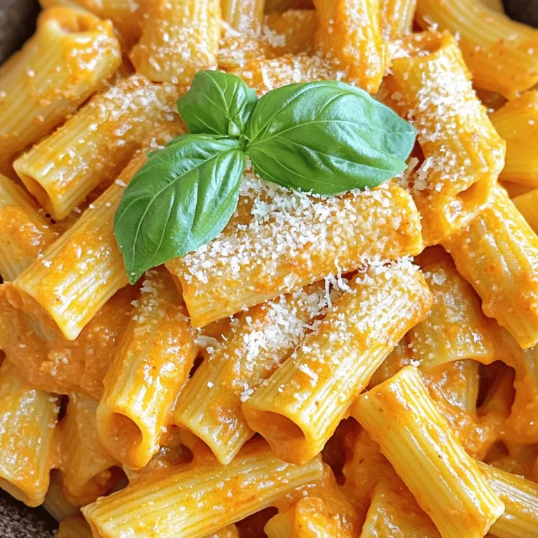 - 12 oz pasta (penne or fettuccine) - 2 large red bell peppers, roasted - 1 cup heavy cream (or coconut cream for a vegan option) For this dish, the main ingredients set a strong base. The pasta is your canvas. I love using penne or fettuccine. They hold the sauce well and give each bite a creamy texture. The roasted red peppers bring a sweet and smoky flavor. You can roast them yourself or use jarred ones if you're in a hurry. The heavy cream adds richness. If you want a vegan option, coconut cream works great too. - 1 small onion, diced - 2 cloves garlic, minced - 1 teaspoon smoked paprika - Salt and black pepper to taste Aromatics are key to flavor. Diced onion adds sweetness. I sauté it until soft. Garlic brings a punch, so I mix it in just before the onion is done. Smoked paprika adds depth. It gives the sauce a warm taste. Always taste and adjust with salt and black pepper. This step makes the dish pop. - ¼ cup grated Parmesan cheese (omit for vegan) - Fresh basil leaves for garnish - 1 tablespoon olive oil Toppings make everything better. Grated Parmesan cheese adds a salty kick. If you're vegan, just skip this step. Fresh basil leaves bring brightness and color. I love a drizzle of olive oil for a smooth finish. It ties all the flavors together and makes the dish look inviting. - Preheat the oven to 450°F (230°C). - Place whole red bell peppers on a baking sheet. - Roast for about 20-25 minutes until the skin is charred and blistered. - After roasting, cover the peppers with foil for 10 minutes. - This steams them and makes peeling easier. - Once cooled, peel off the skin and remove the seeds. - In a large pot, bring salted water to a boil. - Add 12 oz of pasta, like penne or fettuccine. - Cook according to package instructions until al dente. - Reserve ½ cup of the pasta water before draining. - In a skillet, heat 1 tablespoon of olive oil over medium heat. - Add 1 small diced onion and sauté until soft. - This takes about 5 minutes. - Next, add 2 minced cloves of garlic. - Sauté for another minute until fragrant. - In a blender, combine the roasted red peppers with the sautéed onion and garlic. - Add 1 cup of heavy cream and blend until smooth. - Season with salt and black pepper to taste. - Blend again to ensure the seasoning is mixed well. - Pour the sauce back into the skillet over low heat. - If the sauce is too thick, stir in some reserved pasta water. - Add ¼ cup of grated Parmesan cheese if desired. - Mix until well combined and melted. - Toss the drained pasta into the sauce, coating it evenly. - Plate the creamy pasta and garnish with fresh basil leaves. - Serve immediately for the best flavor and enjoyment. To make the sauce creamier, add more heavy cream. If you want a vegan option, use coconut cream instead. You can also play with spices. For extra warmth, try adding a bit of cayenne pepper. Want a hint of sweetness? Just add a pinch of sugar. I love using penne or fettuccine for this dish. Both types hold the sauce well. Other choices include rigatoni or farfalle. To get the perfect al dente pasta, cook it until it's firm to the bite. Follow the package instructions closely and taste it a minute or two before the time is up. Roasting red peppers is key for flavor depth. The charred skin gives a rich taste. Roast them until they blister. This process brings out their natural sweetness. For the aromatics, sauté the onion until it's soft. This step builds a solid flavor base. Add garlic last to keep it fragrant and golden. {{image_4}} To make this dish vegan, you can swap heavy cream for coconut cream. Coconut cream adds a rich flavor and silky texture. Simply blend it with the roasted peppers and spices. Omit the Parmesan cheese for a fully vegan meal. This makes the dish creamy without losing taste. Want to boost your meal? Add protein! Grilled chicken or shrimp pairs well with the sauce. Cook them separately and toss them in with the pasta. You can also use chickpeas for a plant-based option. They add a nice texture and protein kick. Add more veggies for extra nutrition. Spinach or kale can be stirred in at the end. They wilt nicely in the warm pasta. Zucchini is another great choice. Sauté it with the onions for added flavor. This way, you make the dish healthier but still tasty. To store creamy roasted red pepper pasta, let it cool first. Place it in an airtight container. This keeps the pasta fresh. You can refrigerate it for up to three days. Make sure to store any sauce separately if possible. This will help keep the pasta from getting soggy. When you reheat the pasta, do it slowly on the stove. Add a splash of water or cream to help it stay creamy. Stir often to heat evenly and avoid burning. If you use a microwave, cover it loosely. Heat in short bursts and stir in between. This keeps the flavor and texture nice. You can freeze creamy roasted red pepper pasta, too! Portion it out into freezer-safe containers. Leave some space at the top for expansion. It will last for about two months in the freezer. To defrost, move it to the fridge overnight before reheating. This helps keep the flavor fresh when you enjoy it later. Yes, you can use jarred roasted red peppers. They save time and are easy to find. However, jarred peppers may taste different. Freshly roasted peppers have a deeper, smokier flavor. If you use jarred peppers, rinse them first to remove excess brine. This helps to balance the taste in your sauce. I suggest a fresh salad to brighten your meal. A simple green salad with lettuce, cucumber, and a light vinaigrette works well. Garlic bread is also a great side. The crunchy bread complements the creamy pasta. If you want protein, grilled chicken or shrimp pairs nicely too. You can add roasted vegetables like zucchini or asparagus for extra flavor. To make creamy roasted red pepper pasta gluten-free, choose gluten-free pasta. Many brands offer good options like rice or chickpea pasta. Just cook the pasta according to package instructions. The rest of the recipe stays the same. This way, you still get the same delicious taste without gluten. This blog post covered how to make creamy roasted red pepper pasta step by step. We talked about ingredients, cooking techniques, and ways to customize the dish. Remember, you can use vegan options or add protein like chicken or chickpeas. Store leftovers properly, and don’t forget to reheat carefully. This dish is both satisfying and versatile, making it perfect for any meal. Try it out and enjoy your delicious creation!