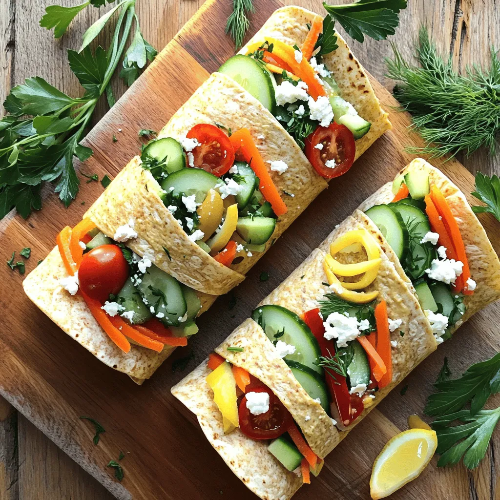 To make Mediterranean hummus veggie wraps, you will need: - 4 large whole wheat tortillas - 1 cup hummus - 1 cucumber, thinly sliced - 1 red bell pepper, sliced - 1 medium carrot, julienned - 1 cup baby spinach - 1/2 cup cherry tomatoes, halved - 1/4 cup Kalamata olives, sliced - 1/4 cup feta cheese (optional) - 2 tablespoons fresh lemon juice - Salt and black pepper to taste These ingredients work together to create a colorful and tasty wrap. You can add some extra flavors to make your wraps even better: - Fresh parsley or dill for garnish - Avocado slices for creaminess - Roasted red peppers for sweetness - Red onion for a bit of bite These add-ons can give you a fun twist on the basic recipe. You can switch up your hummus to change the taste: - Roasted garlic hummus for a bold flavor - Spicy red pepper hummus for some heat - Lemon dill hummus for a fresh twist - Beet hummus for a vibrant color These variations make it easy to customize your wraps to your liking. To start, lay your whole wheat tortillas flat. Use a clean surface or a large cutting board. This gives you space to create your tasty wraps. Next, take your hummus and spread a nice layer over each tortilla. Make sure to leave a small edge around the sides. This edge helps hold everything inside when you roll the wraps. Now, let’s make the veggie mix. In a bowl, add the sliced cucumber, red bell pepper strips, julienned carrot, baby spinach, halved cherry tomatoes, and sliced Kalamata olives. This mix adds color and crunch. Squeeze in fresh lemon juice for a zesty touch. Season with salt and black pepper to taste. Toss everything gently to coat the veggies evenly. This mixture will pack your wraps with flavor and nutrients. Next, it’s time to fill the tortillas. Spread the veggie mixture evenly over the hummus on each tortilla. If you want to add feta cheese, sprinkle it over the veggies. Now, start rolling a tortilla from one end, tucking in the sides as you go. This keeps the filling secure. Once rolled, use a sharp knife to cut each wrap in half diagonally. This makes them easier to eat and looks great on a plate. Serve your wraps right away for the best taste, or wrap them up for a tasty lunch later. Making your hummus at home is easy and fun. Start with one can of chickpeas. Drain and rinse them well. In a blender, add the chickpeas, two tablespoons of tahini, and the juice of one lemon. Blend until smooth. If it’s too thick, add a bit of water. Season with salt and pepper to taste. You can also add garlic for extra flavor. This simple recipe gives you fresh, creamy hummus that pairs perfectly with your wraps. To keep your wraps fresh, pack them carefully. Always use fresh tortillas. Roll them tightly to hold in the filling. If you make the wraps ahead of time, wrap them in foil or parchment paper. This keeps them from drying out. Store them in the fridge if you’re not eating them right away. For the best taste, enjoy them within two days. Presentation makes a big difference! Cut your wraps in half to show off the colorful filling. Place them on a bright platter. You can garnish with fresh parsley or dill. Add a small bowl of extra hummus or a yogurt dip on the side. This invites your guests to dive right in! {{image_4}} To make these wraps vegan, skip the feta cheese. Use hummus as your base. It adds creaminess and flavor. You can also add avocado for a rich texture. Try using a vegan herb spread for added zest. If you need gluten-free options, use rice paper or lettuce leaves. They provide a fresh taste and crunch. You can also find gluten-free tortillas at many stores. Make sure to check the label for safety. Feel free to get creative with your veggies. Add roasted red peppers for sweetness. Shredded zucchini adds moisture and nutrients. Try using arugula if you want a peppery kick. Sliced radishes can give a nice crunch. Experiment with whatever you like! Store your leftover Mediterranean hummus veggie wraps in an airtight container. This keeps them fresh and tasty. Place a piece of parchment paper between layers to prevent sticking. They stay good in the fridge for 2 to 3 days. If you notice any sogginess, eat them sooner. You can freeze these wraps for longer storage. Wrap each one tightly in plastic wrap and then place them in a freezer bag. This method helps avoid freezer burn. They will keep for up to 3 months in the freezer. When ready to eat, thaw them in the fridge overnight. To reheat your wraps, you have a few options. You can use a microwave for a quick fix. Remove any cold toppings like feta before heating. Heat for about 30 seconds to 1 minute, checking to avoid overheating. Alternatively, warm them in a skillet over medium heat for a few minutes on each side. This method keeps the tortilla crispy. Enjoy your wraps warm! Mediterranean Hummus Veggie Wraps last about three days in the fridge. Make sure to store them in an airtight container. This will keep the wraps fresh and tasty. If you notice any change in smell or texture, it’s best to toss them. Yes, you can make these wraps ahead of time. Prepare them up to one day before you plan to eat. Wrap them tightly in foil or parchment paper. This helps keep them fresh. Just remember to add the veggies close to serving time for the best crunch. If you want a substitute for feta cheese, try using goat cheese or vegan cheese. Both options add a nice creaminess. You can also skip the cheese entirely for a lighter wrap. This way, you keep all the flavors while making it dairy-free. This post covered how to make tasty Mediterranean hummus veggie wraps. We explored essential ingredients and fun options to add flavor. I shared step-by-step instructions for prepping, assembling, and serving your wraps. You learned tips for making homemade hummus and storing leftovers. Finally, I addressed common questions about variations and substitutions. Enjoy creating your wraps and experimenting with flavors. They are perfect for any meal or snack!