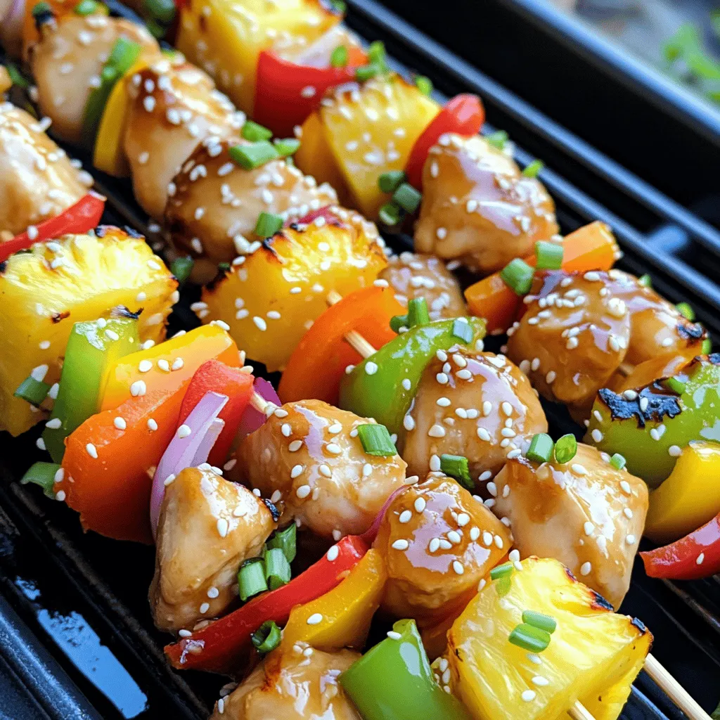 - 1 lb chicken breast, cut into bite-sized cubes - 1 cup fresh pineapple, cut into cubes - 1 bell pepper (red or yellow), cut into large chunks - 1 small red onion, cut into wedges - 1/4 cup soy sauce - 2 tablespoons honey - 1 tablespoon sesame oil - 2 cloves garlic, finely minced - 1 teaspoon fresh ginger, finely grated - 1 teaspoon cornstarch blended with 1 tablespoon cold water - Skewers (wooden or metal) - Salt and pepper to taste To make Teriyaki Pineapple Chicken Kabobs, you need simple and fresh ingredients. First, choose good chicken breast. Cut it into small cubes. This helps it cook evenly and stay juicy. Fresh pineapple adds a sweet and tangy flavor. Chop it into cubes, making it easy to skewer. Next, choose a bell pepper, either red or yellow. Cut it into large chunks. The color makes the dish bright and fun. A small red onion gives a nice bite and depth to the flavor. Cut it into wedges for a great look. For the marinade, grab soy sauce. It adds saltiness and umami. Honey brings in sweetness, balancing the flavors. Sesame oil gives a nutty taste, making the dish special. Minced garlic and grated ginger provide a fresh kick that wakes up the taste buds. Do not forget cornstarch! Mix it with cold water to thicken the sauce later. Finally, keep salt and pepper handy for seasoning. To start, grab a medium mixing bowl. In this bowl, whisk together: - 1/4 cup soy sauce - 2 tablespoons honey - 1 tablespoon sesame oil - 2 cloves garlic, finely minced - 1 teaspoon fresh ginger, finely grated - Salt and pepper to taste Whisk until the mix is smooth. This helps the flavors blend well. A smooth marinade coats the chicken evenly. Next, take your 1 lb of cubed chicken breast. Add it to the marinade. Stir well to coat each piece. Cover the bowl with plastic wrap. Refrigerate for at least 30 minutes. For best results, marinate for up to 2 hours. This time allows the chicken to soak up all the flavor. After marinating, pour half of the marinade into a small saucepan. Heat it over medium heat until it simmers. Stir in 1 teaspoon of cornstarch mixed with 1 tablespoon cold water. Whisk until the sauce thickens. Then, remove it from heat to cool. If you use wooden skewers, soak them in water for 30 minutes. This step stops them from burning on the grill. Preheat your grill to medium-high. Now, assemble the kabobs. On each skewer, thread: - Marinated chicken - Fresh pineapple cubes - Bell pepper chunks - Red onion wedges Keep alternating these until the skewer is full. Grill the kabobs for 10-12 minutes. Turn them every few minutes for even cooking. Look for nice grill marks and fully cooked chicken. In the last few minutes, brush the thickened marinade over the kabobs. This adds extra flavor and a shiny finish. Finally, let them rest for a few minutes before serving. This keeps the kabobs juicy and delicious. To get the best flavor, marinate your chicken for at least 30 minutes. If you have time, let it sit for up to 2 hours. This gives the chicken a chance to soak in all the tasty goodness of the marinade. The longer you marinate, the more flavor you’ll have in each bite. When skewering, make sure to alternate the ingredients. This means putting chicken, pineapple, bell pepper, and onion in a pattern. This not only looks nice but also helps with even cooking. Don't pack the pieces too tightly. Leave a little space between them for heat to flow. To achieve those perfect grill marks, preheat the grill well. Aim for medium-high heat before adding your kabobs. Grill them for about 10-12 minutes, turning occasionally. Check that the chicken is cooked through and no longer pink inside. In the last few minutes, brush on the thickened marinade to add flavor and shine. This step makes a big difference! {{image_4}} You can mix things up with different proteins. Try shrimp for a seafood twist. Tofu is a great choice for a vegetarian option. Both give a tasty flavor when marinated. You can also switch the veggies. Instead of bell peppers, use zucchini or cherry tomatoes. Mushrooms add a nice earthy taste too. Don’t be afraid to experiment! Want some heat? Add red pepper flakes or sriracha to the marinade. A dash of chili powder can spice things up, too. You can create a spicy-sweet mix that excites your taste buds. If you want a sweeter option, try maple syrup or agave nectar instead of honey. These sweeteners bring their own unique flavors to the dish. Baking kabobs in the oven is easy and convenient. Preheat your oven to 400°F. Place the skewers on a baking sheet lined with foil. Bake for about 15-20 minutes, turning them halfway through. Broiling also works well for smoky flavor. Set your oven to broil and place the kabobs on the top rack. Broil for about 10 minutes, watching closely to avoid burning. This method gives a nice char to the meat and veggies. After enjoying your kabobs, store any leftovers in an airtight container. This keeps them fresh and tasty. You can use glass or plastic containers with tight lids. They work well to stop air from getting in. Store the kabobs in the fridge. They should stay good for up to three days. If you want to save kabobs for later, freezing works great. First, wrap each kabob in plastic wrap or foil. This helps keep them safe from freezer burn. Place the wrapped kabobs in a freezer bag. Make sure to remove any extra air before sealing. They can stay frozen for up to three months. To reheat, take them out and let them thaw in the fridge overnight. Then, heat them in the oven or on a grill for a few minutes. This helps keep them juicy and warm. Want to impress guests at your next party? Prepare kabobs in advance! You can marinate the chicken up to two hours before grilling. This gives the flavors time to soak in. Pre-cut the pineapple, bell pepper, and onion. Store them in the fridge until you’re ready to grill. You can assemble the kabobs a few hours before the event. Just cover them with plastic wrap to keep them fresh. When it’s time to cook, toss them on the grill for a quick and easy meal! You can pair these kabobs with various tasty side dishes. Here are some options: - Steamed rice or jasmine rice - A fresh garden salad - Grilled corn on the cob - Quinoa for a healthy twist - Roasted vegetables, like zucchini or bell peppers These sides add flavor and color to your meal. They balance the sweet and savory taste of the kabobs. Yes, you can use a grill pan. Here are some tips for indoor grilling: - Preheat the grill pan on medium-high heat. - Use a bit of oil to prevent sticking. - Cook in batches if needed, to avoid crowding the pan. - Turn the kabobs often for even cooking. A grill pan gives you great grill marks and flavor, just like an outdoor grill. To make sure your chicken is cooked right, follow these tips: - Use a meat thermometer to check the chicken. It should reach 165°F (75°C). - Cut a piece in half to check for pinkness. The meat should be white and juicy. - Cook for about 10-12 minutes on the grill, turning often. These methods help you serve safe and delicious kabobs every time. In this post, I covered how to make delicious Teriyaki Pineapple Chicken Kabobs. We looked at the main ingredients, marinade, and cooking steps. I shared tips for marinating and grilling for the best results. You can also try different proteins or cooking methods. Store leftovers properly to enjoy later. Embrace these tips, and impress your friends and family with this tasty dish. With practice, you’ll get great at making kabobs that everyone loves.