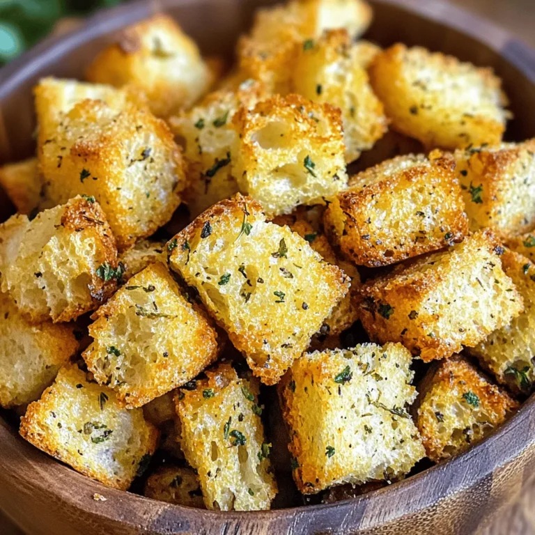 - 4 cups of day-old bread (French or Italian), cut into 1-inch cubes - 3 tablespoons extra-virgin olive oil - 2 teaspoons garlic powder - 1 teaspoon dried oregano - 1 teaspoon dried thyme - 1 teaspoon dried parsley - Salt and freshly cracked black pepper to taste You only need a few items to make these tasty croutons. Day-old bread works best because it has a firmer texture. I like to use French or Italian bread, but feel free to experiment. You need olive oil to coat the bread. It helps with crispness and flavor. Garlic powder adds that strong, savory punch. Dried herbs like oregano, thyme, and parsley bring freshness. They mix well with the garlic. Finally, don’t forget salt and black pepper. They enhance all the flavors. - Alternative bread types (sourdough, whole grain) - Different seasoning options (Parmesan cheese, chili flakes) Want to switch things up? Try sourdough or whole grain bread for a different taste. You can also add cheese like Parmesan for a rich flavor. If you like heat, sprinkle some chili flakes for a kick. The possibilities are endless. Make these croutons your own! First, set your air fryer to 325°F (160°C). Preheating is key for crispiness. When you preheat, you create the right cooking environment. This helps the croutons turn golden and crunchy. It only takes a few minutes, but it's worth it! Next, grab your day-old bread. I prefer French or Italian bread for the best taste. Cut the bread into 1-inch cubes. This size ensures even cooking. If your bread is stale, it will hold shape and get crispy. Fresh bread can become soggy, which we want to avoid. In a large bowl, add your bread cubes. Drizzle 3 tablespoons of extra-virgin olive oil over them. Use your hands to toss the cubes gently. Make sure each piece gets coated in oil. This step is crucial for flavor. Next, sprinkle 2 teaspoons of garlic powder, 1 teaspoon of dried oregano, 1 teaspoon of dried thyme, 1 teaspoon of dried parsley, salt, and pepper. Toss again to mix everything well. Every cube should be seasoned evenly. Now, arrange the seasoned bread cubes in a single layer in the air fryer basket. Avoid overcrowding; this helps the croutons cook evenly. If you have too many, cook in batches. Air fry for 8-10 minutes. Halfway through, give the basket a shake. This promotes even browning. Look for a golden brown, crispy texture. Once done, take them out and let them cool. They will harden a bit more as they cool. Enjoy these croutons on salads or soups for a tasty crunch! To get that perfect crunch, avoid overcrowding the air fryer basket. When you place too many croutons together, they can steam instead of crisp. Always arrange them in a single layer. If you have a lot, fry them in batches. Shake the basket halfway through cooking for an even golden brown. This ensures each crouton gets a chance to crisp up nicely. To take your croutons up a notch, consider adding garlic butter. You can melt some butter and mix in minced garlic. Drizzle this over your croutons after tossing them with olive oil. You can also explore different spices, like smoked paprika or chili flakes, for a kick. If you need gluten-free croutons, use gluten-free bread options. This way, everyone can enjoy a tasty crunch. These croutons pair well with salads and soups. Sprinkle them on a fresh Caesar salad for added texture or toss them into a warm bowl of tomato soup. You can get creative too! Use croutons in casseroles or as a topping for creamy pasta dishes. They can add a delightful crunch and boost flavor in many meals. {{image_4}} You can easily switch up your crouton game with seasonal herbs. Try using fresh basil in summer. It adds a bright, fresh taste. In the fall, switch to rosemary for a warm flavor. Adjust your spices too. For holidays, think of adding a pinch of nutmeg or cinnamon. These spices can give your croutons a festive kick. If you follow a vegan diet, use bread that has no dairy. Most French and Italian breads fit this plan. You can also make gluten-free croutons. Just pick a gluten-free bread. For those on low-carb diets, try cloud bread or almond flour bread. These options still make tasty croutons without the carbs. To keep your croutons fresh, place them in an airtight container. This helps block moisture and keeps them crispy. Store them at room temperature, away from direct sunlight. If you want them to last longer, you can also store them in the fridge, though they may lose some crunch. Add a small piece of paper towel inside the container to absorb any extra moisture. This trick keeps them crispy for even longer. If you have leftover croutons, you can easily bring back their crunch. Use your air fryer or an oven for the best results. - Air Fryer Method: Preheat your air fryer to 300°F (150°C). Put the croutons in the basket and heat for about 3-5 minutes. Check them often to avoid burning. - Oven Method: Preheat your oven to 350°F (175°C). Spread the croutons on a baking sheet and bake for 5-7 minutes. Keep an eye on them, so they don’t get too dark. Both methods work well to restore that crispy texture you love. Enjoy them on salads or soups, and elevate your meals! Croutons stay fresh for about a week when stored properly. To keep them fresh, use an airtight container. If you see any signs of mold or a stale smell, it's time to toss them out. You can use fresh bread, but your croutons will be chewy, not crunchy. Stale bread has less moisture, which helps achieve that perfect crisp. For the best texture, stick with day-old bread. The best bread for croutons is French or Italian. These types have a nice crust and good structure. You can also use sourdough or whole grain for a twist. Each type brings its own flavor and texture. Yes, you can make croutons in the oven or on the stove. For the oven, preheat to 375°F (190°C), spread the bread on a baking sheet, and bake for 10-15 minutes. For the skillet, heat oil over medium heat and toast the bread cubes until golden. Both methods work well for tasty croutons. In this blog post, we explored the simple joy of making croutons at home. Using day-old bread and your favorite seasonings, you can create crispy, tasty bites. Remember to preheat your air fryer for a perfect crunch. Experiment with different bread types and flavors, and don’t forget the storing tips to keep them fresh. Making croutons is easy and fun, and they add a delicious touch to salads and soups. Enjoy your creations and customize them to your liking!